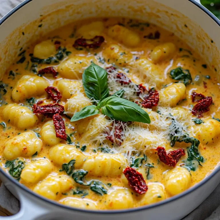 - 1 package (16 oz) potato gnocchi - 1 cup sun-dried tomatoes in oil, drained and chopped - 1 cup heavy cream - 1 cup vegetable broth - 1 cup fresh spinach - 1/2 cup grated Parmesan cheese - 2 cloves garlic, minced - 1 teaspoon dried oregano - 1 teaspoon red pepper flakes (optional) - Salt and pepper to taste - Fresh basil for garnish This recipe brings together simple yet rich flavors. First, we use potato gnocchi, which is soft and fluffy. The sun-dried tomatoes add a sweet and tangy taste. Their oil helps to add depth to the dish. Heavy cream makes the sauce smooth and rich. Vegetable broth adds a savory layer without being too heavy. Fresh spinach gives the dish a nice color and a healthy boost. Garlic adds a warm, aromatic flavor. Dried oregano brings a hint of earthiness. Red pepper flakes can add a nice kick, but feel free to skip them if you prefer mild flavors. Lastly, salt and pepper are key for seasoning, making sure everything comes together beautifully. Don't forget the fresh basil for garnish! It adds a pop of color and freshness to the dish. Each ingredient plays a role in creating a creamy delight that is both comforting and satisfying. To make creamy sun-dried tomato gnocchi, start by gathering your ingredients. You'll need potato gnocchi, sun-dried tomatoes, heavy cream, vegetable broth, spinach, and cheese. This dish comes together quickly in one pot. It takes about 20 minutes to cook and serves four. First, heat a large pot over medium heat. Add the chopped sun-dried tomatoes and minced garlic. Sauté for 2-3 minutes. The garlic should become fragrant and golden. This step adds a rich flavor base to your dish. Next, pour in the vegetable broth. Bring this mixture to a simmer. Once simmering, add the potato gnocchi. Cook for 3-4 minutes until the gnocchi floats to the top. This means they are cooked through. Lower the heat and slowly stir in the heavy cream. Keep stirring continuously to blend it well. After that, add the fresh spinach, dried oregano, and red pepper flakes if you want some heat. Cook for another 3-4 minutes until the spinach wilts. Finally, mix in the grated Parmesan cheese until it melts and the sauce becomes creamy. Season with salt and pepper to taste. Let it rest for a few minutes before serving. Enjoy this creamy delight! To make the sauce creamy, the heavy cream is key. Add it slowly, stirring all the time. This helps mix the cream well with the rest. If you want a thicker sauce, let it cook a bit longer. The cheese adds creaminess too. Grate it fresh for the best taste. Always taste your sauce. Adjust salt and pepper as needed. A pinch of nutmeg can add a nice twist. I recommend using potato gnocchi for this dish. It has a soft texture that holds sauce well. Look for gnocchi that is fresh or frozen. If you can find it, fresh gnocchi cooks quickly. Cook it until it floats for the best bite. Frozen gnocchi is great too; just add it directly to the pot. No need to thaw! For a beautiful presentation, serve in deep bowls. Garnish with fresh basil leaves and a sprinkle of cheese on top. You can also add a drizzle of olive oil for extra flavor. Pair this dish with a simple salad or garlic bread. Both add a nice crunch to your meal. Enjoy every creamy bite! {{image_2}} You can easily boost the protein in this dish. A few great choices include chicken, shrimp, or sausage. For chicken, add bite-sized pieces after sautéing the garlic. Cook until golden brown before adding the sun-dried tomatoes. For shrimp, toss them in right after the gnocchi. They will cook quickly and add a nice flavor. If you like sausage, remove it from the casing and cook it with the garlic. This adds a savory taste that pairs well with the creamy sauce. This dish is already vegetarian, but you can make it even more filling. Add chickpeas or white beans for a protein boost. You can also toss in more vegetables. Try mushrooms, bell peppers, or zucchini. Sauté them with the garlic for added flavor. They will add texture and make the meal even more colorful. If you want a heartier meal, mix in quinoa or barley as well. To make this dish even more exciting, think about adding fresh herbs. Basil or thyme can elevate the taste. Stir in a handful of fresh basil at the end for a bright finish. You could also sprinkle in some lemon zest for a bit of zing. If you love spice, increase the red pepper flakes or add a dash of hot sauce. Next, try a splash of balsamic vinegar for a sweet touch that balances the creaminess. These small tweaks can bring new life to your creamy sun-dried tomato gnocchi. You can store leftover creamy sun-dried tomato gnocchi in an airtight container. Keep it in the fridge for up to three days. Make sure it cools down first. This way, the gnocchi stays fresh and tasty. If you notice any separation in the sauce, don't worry. Just give it a quick stir before serving. To reheat, put the gnocchi in a pot over low heat. Add a splash of vegetable broth or cream. Stir often to prevent sticking. Heat until warm, about 5-7 minutes. You can also use the microwave. Heat in 30-second bursts, stirring in between. This keeps the dish creamy and delicious. You can freeze this dish if you have extra. Let it cool completely before freezing. Store it in a freezer-safe container for up to three months. When you're ready to eat, thaw it overnight in the fridge. Then reheat as mentioned above. The flavor will still be great, and you’ll enjoy it just as much! Yes, you can use fresh gnocchi. It cooks faster than packaged gnocchi. Reduce the cooking time by 1-2 minutes. Fresh gnocchi may also give a softer texture. You can use coconut cream or cashew cream as a substitute. Both options add creaminess without dairy. Another choice is using a mix of milk and cornstarch. This mix thickens the sauce well. To make this dish vegan, replace heavy cream with coconut cream. Use nutritional yeast instead of Parmesan for a cheesy flavor. Lastly, ensure your gnocchi is egg-free. Many brands offer vegan gnocchi. Enjoy your plant-based delight! This blog post covered a delicious gnocchi dish, from the list of ingredients to step-by-step cooking. I shared tips on perfecting the sauce and suggested tasty variations. You can easily store leftovers and reheat them later. Remember, you can swap ingredients to fit your taste or diet. Cooking should be fun and flexible. Enjoy trying out these ideas in your kitchen. Your next meal could be easy and tasty with these tips.