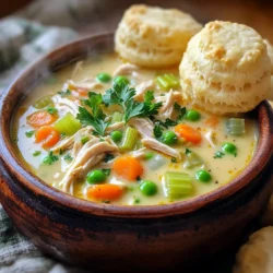 To make this cozy chicken pot pie soup, you will need: - 1 lb boneless, skinless chicken breasts - 4 cups chicken broth - 1 cup diced carrots - 1 cup diced celery - 1 cup frozen peas - 1 medium onion, chopped - 3 cloves garlic, minced - 1 teaspoon dried thyme - 1 teaspoon dried rosemary - 1 bay leaf - Salt and pepper to taste - 1 cup heavy cream - 1/4 cup all-purpose flour (for thickening) - 1 tablespoon olive oil These ingredients come together to create a rich and creamy soup. The chicken adds protein, while the broth provides a savory base. Carrots, celery, and peas contribute freshness and color. For an extra touch, consider adding: - Biscuit dough or puff pastry These options offer a delightful, flaky side that pairs perfectly with the soup. You can bake them separately and serve them warm alongside the soup. Seasonings elevate the flavor of the soup. You will use: - Dried thyme - Dried rosemary - Bay leaf - Salt and pepper These herbs add warmth and depth. Thyme and rosemary bring a savory note, while bay leaf enhances the overall flavor. Adjust the salt and pepper to suit your taste. This combination of ingredients makes a simple yet rich soup that warms you from the inside out. Enjoy crafting this dish with these key components! Start by heating a skillet over medium heat. Add one tablespoon of olive oil. Place the boneless, skinless chicken breasts in the skillet. Sear each side for about 3 to 4 minutes. You want them to be lightly browned. Once done, remove the chicken from the heat and set it aside. This step adds nice flavor to your soup. In the same skillet, add chopped onion, diced carrots, diced celery, and minced garlic. Cook these for about 5 minutes. Stir them often until the vegetables start to soften. This will build a great base for your soup. After that, transfer the sautéed mixture to the slow cooker. Add the seared chicken, 4 cups of chicken broth, dried thyme, dried rosemary, bay leaf, and some salt and pepper. Stir everything together to mix well. Cover the slow cooker and set it to low for 6 to 7 hours or high for 3 to 4 hours. The chicken needs to be cooked through and tender. Once it's done, take out the chicken and shred it using two forks. Return the shredded chicken back to the pot. In a separate bowl, whisk together 1 cup of heavy cream and 1/4 cup of all-purpose flour until smooth. Stir this mixture into the soup. Cook on high for another 30 minutes to let it thicken up. During the last 10 minutes, add in the frozen peas. Taste the soup and adjust the seasoning if needed. When ready, ladle the soup into bowls and garnish with fresh parsley. If you like, serve with warm biscuit dough or puff pastry on the side. Enjoy your cozy meal! To get the best flavor in your soup, use fresh herbs. Thyme and rosemary add depth. Searing the chicken first brings out great taste. Use good quality chicken broth for a richer base. Don’t skip the salt and pepper; they enhance all the flavors. For a thicker soup, mix flour with cream before adding. You can replace flour with cornstarch for a gluten-free option. If you want a creamier texture, add more cream. You can also use mashed potatoes to thicken. Just stir them in slowly until smooth. Searing the chicken adds a nice brown color and flavor. If you’re short on time, skip it. The soup will still taste good. Searing helps seal in juices, making the chicken tender. If you skip, just add the raw chicken straight to the slow cooker. {{image_2}} For a low-carb version, swap the heavy cream with coconut cream. This change keeps the soup rich while cutting carbs. You can also use cauliflower rice instead of flour for thickening. This keeps the soup thick without added carbs. Replace the potatoes and peas with zucchini and mushrooms for a new twist. These veggies add flavor without the carbs. To make this soup vegetarian, leave out the chicken. Instead, use chickpeas or lentils for protein. You can also add more vegetables, like bell peppers and green beans. Swap chicken broth for vegetable broth for a full flavor. Use the same spices to keep that cozy taste. This version is great for those who want a meat-free meal. You can customize this soup with your favorite vegetables. Try adding corn for sweetness or spinach for extra nutrients. Broccoli or green beans can also add crunch. Just remember to adjust cooking times. Softer veggies, like zucchini, need less time, while root veggies, like potatoes, may need more. This flexibility keeps the soup exciting every time you make it! To store leftovers, let the soup cool down first. Then, use an airtight container. This helps keep it fresh. I recommend using glass containers for best results. Label your container with the date you made it. You can store it in the fridge for up to 3 days. If you want to freeze the soup, let it cool completely. Pour the soup into freezer-safe bags or containers. Leave some space at the top for expansion. Seal them well and label with the date. You can freeze the soup for up to 3 months. Just remember, the cream may change texture after freezing. When ready to eat, thaw the soup overnight in the fridge. Pour the soup into a pot over medium heat. Stir often to avoid sticking. If the soup is too thick, add a little broth or water. Heat until warm. You can also use the microwave. Just heat in short bursts, stirring in between. Enjoy your cozy meal! Yes, you can make this soup without heavy cream. You can use milk or a dairy-free alternative. The soup will be lighter but still taste great. If you want creaminess, try adding a bit of sour cream or Greek yogurt. This adds flavor and keeps it rich. You can store chicken pot pie soup in the fridge for up to four days. Make sure to keep it in a sealed container. If you want to keep it longer, you can freeze it. In the freezer, it lasts for up to three months. A 6-quart slow cooker works best for this recipe. It gives enough space for all the ingredients. If you have a larger cooker, you can still use it. Just watch the cooking time, as larger cookers may cook faster. Yes, you can use frozen chicken for this recipe. Just add the frozen chicken directly to the slow cooker. You may need to increase the cooking time by one hour. Always ensure the chicken reaches a safe temperature before serving. In this article, we explored how to make delicious chicken pot pie soup. We reviewed main and optional ingredients, steps to prepare and cook, plus tips to enhance flavor. You learned about variations for low-carb and vegetarian options. We also covered storage methods to keep your soup fresh. Remember, a good soup is all about using fresh ingredients and having fun. Keep experimenting with flavors and techniques. Each pot you make can be unique and tasty! Enjoy your cooking and share your soup with others!
