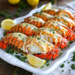 - 4 lobster tails - 1/2 cup unsalted butter, melted - 4 cloves garlic, minced - 2 tablespoons fresh parsley, chopped - 1 tablespoon fresh lemon juice - 1 teaspoon paprika - Salt and pepper to taste - Lemon wedges for serving To make garlic butter lobster tails, you need fresh ingredients. The lobster tails must be high-quality. I prefer to use live or frozen lobster tails. If you use frozen, make sure they are properly thawed. Now, let’s talk about the butter mixture. Unsalted butter works best here. It lets you control the saltiness. When you melt the butter, let it cool just a bit. This helps keep the garlic from burning. Minced garlic adds a strong flavor, so use fresh cloves for the best taste. Fresh parsley brightens the dish. It adds color and a hint of freshness. Lemon juice enhances the flavors too. The acidity balances the rich butter. Paprika gives a nice color and a bit of warmth. Use it to season to your taste. Finally, always have salt and pepper on hand. They are key to making each flavor pop. Serve the tails with lemon wedges for extra zest. This dish is elegant and easy to make. Enjoy cooking! 1. Preheating the oven: Start by setting your oven to 425°F (220°C). This high heat will help cook the lobster tails quickly and evenly. 2. Cutting the shells for easier cooking: Grab kitchen scissors and carefully cut the top shell of each lobster tail down the middle. Stop just before reaching the tail fin. This cut helps the meat cook well. Gently pull apart the shell to show off the juicy lobster meat. 1. Combining ingredients for the butter mixture: In a small bowl, mix together 1/2 cup of melted unsalted butter, 4 cloves of minced garlic, 2 tablespoons of chopped fresh parsley, 1 tablespoon of fresh lemon juice, and 1 teaspoon of paprika. Add salt and pepper to taste. This mixture gives great flavor to the lobster tails. 2. Tips for perfect seasoning: Taste the butter mixture before using it. You can add more lemon juice or garlic if you want a brighter or bolder flavor. The right balance makes all the difference. 1. Instructions for arranging the lobster tails: Place the prepared lobster tails on a baking sheet. Make sure they sit shell side down. This position helps the meat absorb the garlic butter while baking. 2. Timings for baking and basting: Brush the garlic butter mixture over the exposed lobster meat. Save some butter for basting later. Bake the lobster tails for 12 to 15 minutes. The meat will turn opaque and firm. Halfway through, baste the tails with the reserved butter for extra flavor. After baking, let them rest for a minute before serving. - Ensuring even cooking: Start by cutting the top shell down the center. This helps the heat reach all parts of the meat. Make sure to pull the shell apart gently to let the butter soak in well. - Monitoring lobster doneness: Keep an eye on the lobster while it cooks. It should turn opaque and firm. If you see it getting a pearly white color, it is close to done. Avoid overcooking, or it might become tough. - Plating and garnishing lobster tails: Use a large platter to serve the lobster tails. Garnish with fresh parsley for color. A few lemon wedges add a nice touch too. Drizzle leftover garlic butter over the tails for extra flavor. - Recommended sides and beverages: Pair the lobster with a light salad or some garlic bread. A crisp white wine or sparkling water works well with this dish. These choices will enhance the flavors and make your meal complete. {{image_2}} You can make garlic butter lobster tails even more exciting. Try adding herbs like thyme or dill. These herbs give a fresh taste. You can mix them into the garlic butter. This adds a new layer of flavor. Another fun option is to use spices. Chili flakes can add heat. If you like it spicy, add a pinch to your garlic butter mix. It brings a warm kick that pairs well with the sweet lobster meat. Just remember, start small and taste as you go. Grilling lobster tails is a tasty twist. When you grill them, you get a smoky flavor. To grill, follow the same prep steps. Then place them shell-side down on a hot grill. Cook them for about 5-7 minutes. Baste the meat with garlic butter as they cook. Stovetop cooking is another quick method. You can steam lobster tails in a pot. Add water and bring it to a boil. Place the tails in a steamer basket above the water. Cover and steam for about 8-10 minutes. This method keeps the meat juicy and tender. After enjoying your garlic butter lobster tails, store any leftovers properly. First, let the lobster cool down to room temperature. Then, place the tails in an airtight container. This keeps them fresh and tasty. Use a shallow container to help them cool faster. You can keep leftovers in the fridge for up to three days. For longer storage, consider freezing them. Wrap each tail tightly in plastic wrap, then place it in a freezer bag. They can last up to three months in the freezer without losing flavor. To reheat lobster tails, you want to keep them juicy and flavorful. The best way is to use the oven. Preheat your oven to 350°F (175°C). Place the lobster tails on a baking sheet and cover them with foil. Heat them for about 10 minutes. This prevents them from drying out. If you prefer the microwave, use a microwave-safe dish with a lid. Heat them on low power for about 1-2 minutes. Check them often to avoid overcooking. Enjoy your reheated lobster tails just like the first time! Cook lobster tails based on their size. Generally, for 4-6 ounce tails, 12-15 minutes works well. Larger tails, around 8-10 ounces, may need 15-20 minutes. Always check that the meat turns opaque. Yes, you can use frozen lobster tails. Thaw them in the fridge overnight for best results. If short on time, run cold water over them for about 30 minutes. Pat them dry before cooking. Pair garlic butter lobster tails with these great sides: - Garlic bread - Steamed asparagus - Roasted potatoes - Mixed green salad These sides complement the rich flavors of the lobster. Look for a few signs of doneness. The meat should be opaque and firm. If you pierce it, the juices should run clear, not milky. The shell will also turn a bright red color. This blog post covers everything you need for perfect garlic butter lobster tails. You learned which ingredients to use and how to prepare, bake, and serve them. I shared tips for even cooking and creative variations. Remember to store and reheat leftovers properly for the best taste. Whether grilling or baking, these lobster tails will impress your guests. Enjoy trying this recipe and make it your own with new flavors!