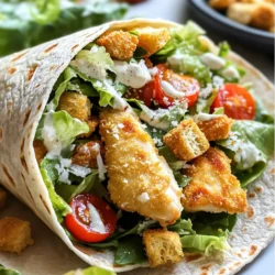 - 2 large chicken breasts, cut into strips - 1 tablespoon olive oil - 1 teaspoon garlic powder - 1 teaspoon paprika - Salt and pepper to taste - 4 large whole wheat tortillas - 1 cup romaine lettuce, chopped - ½ cup Caesar dressing - ½ cup grated Parmesan cheese - ¼ cup cherry tomatoes, halved - Optional: croutons for garnish When I gather my ingredients for Air Fryer Chicken Caesar Wraps, I feel excited. First, I choose two large chicken breasts. I cut them into strips for easy cooking and eating. Next, I drizzle one tablespoon of olive oil over the chicken. This oil adds flavor and helps the spices stick. Then, I sprinkle in garlic powder, paprika, salt, and pepper. The garlic powder gives a savory taste. Paprika adds a nice color and warmth. Salt and pepper balance the flavors. I mix everything well to coat the chicken evenly. For the wraps, I grab four whole wheat tortillas. They are healthier and sturdy. I also chop one cup of romaine lettuce, which adds crunch. Next, I measure out half a cup of Caesar dressing. This creamy dressing brings everything together. I also prepare half a cup of grated Parmesan cheese for a cheesy touch. Finally, I halve a quarter cup of cherry tomatoes for freshness. If I want some extra crunch, I keep croutons on hand for garnish. These ingredients make the perfect combination for a satisfying meal. Each element adds its own special flavor. I can't wait to bring them all together! First, preheat your air fryer to 400°F (200°C) for about 5 minutes. This step is key to ensuring your chicken cooks evenly and gets that nice, crisp finish. In a bowl, mix 2 large chicken breasts cut into strips with 1 tablespoon of olive oil. Add 1 teaspoon of garlic powder, 1 teaspoon of paprika, and salt and pepper to taste. Make sure to coat the chicken well so every piece is flavored. Next, place the seasoned chicken strips in the air fryer basket in a single layer. Cook for 12-15 minutes. Remember to shake the basket halfway through cooking. This helps to brown the chicken evenly and keeps it juicy. While the chicken cooks, prepare the lettuce mixture. In another bowl, toss 1 cup of chopped romaine lettuce with ½ cup of Caesar dressing, ½ cup of grated Parmesan cheese, and ¼ cup of halved cherry tomatoes. Once the chicken is done, let it cool for a couple of minutes. Lay out 4 large whole wheat tortillas and divide the lettuce mixture among them. Top each tortilla with the cooked chicken strips. If you love cheese, add more Parmesan before rolling the wraps tightly. If you want a crispy finish, you can return the wraps to the air fryer for an extra 2-3 minutes. This step is optional but adds a nice crunch. Slice the wraps in half and serve, adding croutons on top if you like a little extra texture in your meal. Enjoy! To get that golden brown finish on your chicken, start by preheating your air fryer. Set it to 400°F (200°C) for about five minutes. This step helps the chicken cook evenly. When mixing the chicken with olive oil, garlic powder, paprika, salt, and pepper, ensure every strip is coated well. Place the chicken in a single layer in the air fryer basket. Avoid crowding the strips, as this can lead to uneven cooking. Cook for 12 to 15 minutes, shaking the basket halfway for even browning. To check if your chicken is fully cooked, use a meat thermometer. The internal temperature should reach 165°F (75°C). You can also cut a piece open. The meat should be white with no pink inside. Rolling your wraps tightly is key to keeping everything inside. Start by laying out the whole wheat tortillas. Place the lettuce mixture in the center, followed by the chicken strips. Be careful not to overfill; this can make rolling hard. Tuck in the sides of the tortilla as you roll. This helps keep the filling secure. If you want to avoid soggy wraps, make sure to drain any excess dressing from the lettuce mixture. This way, your wraps stay crisp and fresh. For the perfect side dish, consider serving some crunchy carrot sticks or a light salad. They complement the rich flavors of the wraps well. Dips can also enhance your meal. A simple ranch or extra Caesar dressing can be great choices. As for beverages, I recommend a light sparkling water with lemon or a crisp white wine. These drinks balance the savory taste of your wraps and add a refreshing touch. {{image_2}} You can switch up the protein in these wraps easily. Try turkey strips for a lighter option. Shrimp adds a fun twist, giving a seafood flair. If you prefer a plant-based choice, tofu works great too. Just press the tofu to remove excess water. Season it like the chicken, and cook it in the air fryer until crispy. This way, everyone can enjoy their favorite protein. While Caesar dressing is classic, feel free to explore other dressings. A ranch or blue cheese dressing can change the flavor profile. You might also enjoy a zesty vinaigrette for a fresh taste. Mixing in different cheese types can enhance the dish. Feta adds a tangy kick, while mozzarella gives a creamy texture. Experimenting with dressings keeps your wraps exciting and new. You can make these wraps even healthier by adding more veggies. Try mixing in bell peppers, cucumbers, or spinach. These colorful additions boost vitamins and fiber. You can also add grains like quinoa or brown rice for extra texture and nutrients. If you're looking for low-calorie options, use less dressing or switch to a yogurt-based dressing. For a high-protein boost, add beans or extra chicken. These tweaks help you enjoy a tasty meal while meeting your nutritional goals. To store your Air Fryer Chicken Caesar Wraps properly, let them cool first. Wrap each one tightly in plastic wrap or foil. This keeps them from drying out. The best containers for preservation are airtight ones. Use glass or plastic containers that seal well. This helps keep the wraps fresh for longer. You can store them in the fridge for up to three days. The best way to reheat wraps is in the air fryer. It keeps them crispy and warm. Preheat your air fryer to 350°F (175°C). Place the wraps in for about 5 minutes. If you use a microwave, be aware it can make them soggy. Heat them on a plate for 30 seconds. Check if they are warm enough. If not, add another 15 seconds. To maintain texture and flavor, always cover wraps with a damp paper towel in the microwave. This helps keep them moist. Yes, you can prep these wraps in advance. Cook the chicken and let it cool. Store it in an airtight container in the fridge. You can also mix the lettuce, dressing, cheese, and tomatoes ahead of time. Keep the wraps separate until you’re ready to eat. This way, the tortillas stay fresh. Just assemble the wraps before serving for the best taste. The chicken is ready when it reaches an internal temperature of 165°F (75°C). Use a meat thermometer to check. Also, look for golden brown color and clear juices when you cut into it. If the juices are pink, it needs more time. These signs help ensure your chicken is both safe and tasty. Yes, you can use regular tortillas if you prefer. Whole wheat tortillas add fiber and a nutty taste. However, any type of tortilla works well. Just keep in mind the flavor and texture may change slightly. Choose what you enjoy most for your wraps. These wraps pair well with many side dishes. Consider a light salad or some fresh fruit. You could also serve chips or a crunchy veggie platter. For a heartier meal, add soup or a grain salad. These sides balance the flavors and make your meal complete. These Air Fryer Chicken Caesar Wraps combine juicy chicken, fresh veggies, and tasty dressing. You learned how to prepare the chicken and assemble wraps with whole wheat tortillas. I shared tips to ensure they turn out great every time. Experiment with different proteins and dressings for more fun. In the end, these wraps are simple, delicious, and healthy. Enjoy them for lunch, dinner, or a quick snack!
