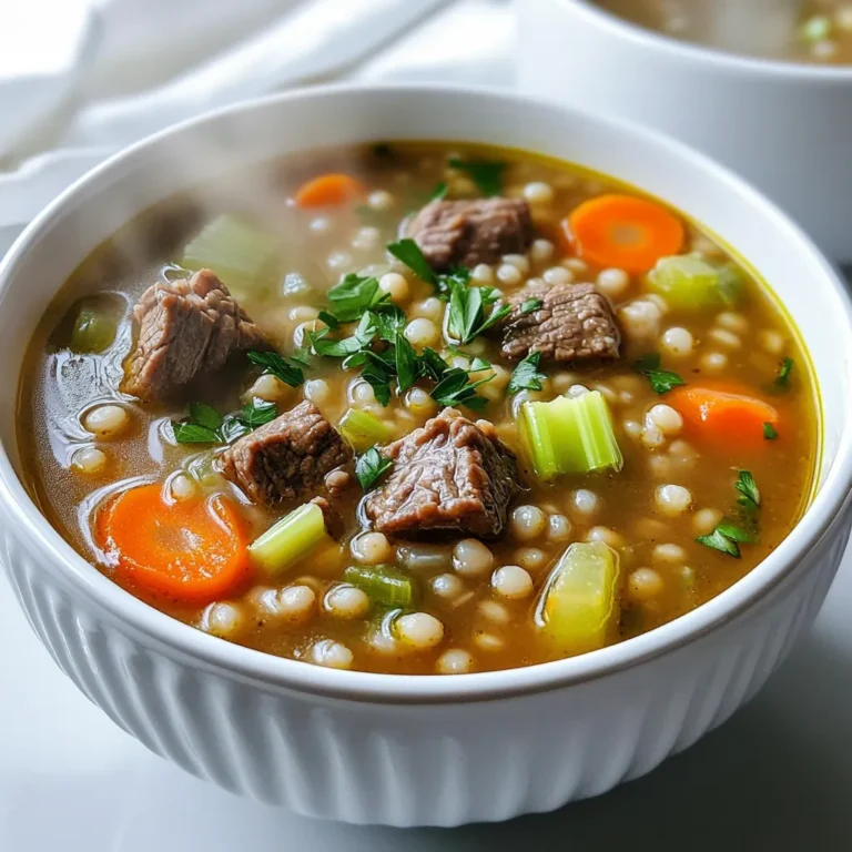 To make a hearty beef and barley soup, you need these key items: - 1 lb beef stew meat, cut into 1-inch cubes - 1 cup pearl barley, rinsed - 4 cups beef broth - 2 cups water - 1 medium onion, diced - 2 carrots, sliced - 2 stalks celery, chopped - 3 cloves garlic, minced - 1 teaspoon dried thyme - 1 teaspoon dried oregano - 2 bay leaves - Salt and pepper to taste - 1 tablespoon olive oil These ingredients form the base of your warm and filling soup. The beef adds richness, while the pearl barley gives it a nice chew. Want to take your soup to the next level? Consider adding these optional items: - 1 cup mushrooms, sliced - 1 cup green beans, chopped - 1 teaspoon paprika - 1 tablespoon Worcestershire sauce These extras can boost the taste and add more nutrition. Mushrooms bring umami, while green beans add crunch. To make your soup look as good as it tastes, think about these garnishes: - Fresh parsley, chopped - A dash of black pepper - Grated Parmesan cheese A sprinkle of parsley brightens the dish. It adds a pop of color and flavor. Cheese adds a nice touch of creaminess. First, gather your ingredients. You will need 1 pound of beef stew meat, cut into 1-inch cubes. Heat 1 tablespoon of olive oil in a large skillet over medium-high heat. Next, add the beef cubes. Brown them on all sides for about 5 to 7 minutes. This step adds a rich taste to your soup. If you're short on time, you can skip this step. While the beef cooks, chop your vegetables. You will need 1 medium onion, 2 carrots, and 2 stalks of celery. Dice the onion, slice the carrots, and chop the celery. Mince 3 cloves of garlic. Prepare these ingredients while the beef browns. After browning the beef, transfer it to the slow cooker. Add the diced onion, sliced carrots, chopped celery, and minced garlic on top of the beef. Next, pour in 4 cups of beef broth and 2 cups of water. Then, add 1 cup of rinsed pearl barley. To season the soup, add 1 teaspoon of dried thyme and 1 teaspoon of dried oregano. Toss in 2 bay leaves. Stir everything together well to mix the flavors. Finally, season with salt and pepper to taste. Cover the slow cooker with its lid. Set it to low heat for 6 to 8 hours. If you're in a hurry, you can set it to high heat for 3 to 4 hours. The soup is ready when the beef is tender, and the barley is cooked through. About 30 minutes before serving, taste the soup. Adjust the seasoning if needed. If the soup seems too thick, add a bit more water or broth. When ready to serve, remove the bay leaves and enjoy your hearty meal! Browning beef adds deep flavor to your soup. Start with a hot pan. Use medium-high heat and add olive oil. When the oil shimmers, add the beef cubes. Cook them for 5-7 minutes. Turn the pieces to brown all sides. This locks in juices and creates a rich taste. If you're short on time, you can skip this step. But browning will make your soup taste better. Taste is personal, and seasoning is key. After cooking for a while, taste your soup. If it needs more flavor, add salt and pepper. For a bit more depth, try adding a dash of Worcestershire sauce. Fresh herbs can brighten the flavor, too. You can add parsley or even a bit of fresh thyme. Remember, start small and add more as needed. The soup's thickness can change how it feels. If your soup is too thick, add more broth or water. Stir it in slowly until you reach the right texture. For a thicker soup, mash some barley against the side of the slow cooker. This will help create a creamy base. You can also add a cornstarch slurry. Mix cornstarch with water and stir it in, cooking for a few minutes. Adjust until it feels just right. {{image_2}} You can use other meats in this soup. Chicken or turkey works well. Just cut it into cubes like beef. If you prefer a leaner option, try pork. Each meat gives a unique taste. This lets you enjoy this meal in various ways. Adjust the cooking time if using chicken or turkey. They may cook faster than beef. Feel free to add more veggies for better nutrition. Peas, green beans, or corn can add color and taste. Spinach or kale can boost vitamins. Just chop them up small. Add them in the last hour of cooking. This keeps them fresh and bright. You can also use leftover veggies from your fridge. Barley is great, but other grains can work too. Quinoa is a good choice. It cooks fast and adds protein. Brown rice can be another option. It gives a chewy texture. Just remember to adjust the liquid and cooking time. Each grain changes the flavor a bit, making it fun to experiment. Store your beef and barley soup in an airtight container. Make sure it cools down first. Place it in the fridge within two hours of cooking. This keeps the soup fresh. It can last up to three days. Remember to check for any signs of spoilage before eating. You can freeze this soup for later. Pour cooled soup into freezer-safe bags or containers. Leave some space at the top for expansion. It can last up to three months in the freezer. When ready to eat, thaw the soup in the fridge overnight. Reheat beef and barley soup on the stove for best taste. Pour it into a pot and warm over medium heat. Stir it often. If it’s too thick, add a bit of broth or water. You can also use the microwave if you’re in a hurry. Just heat it in short bursts, stirring in between. Enjoy your warm and tasty meal! Yes, you can skip browning the beef. Browning adds a rich flavor, but it is not essential. If you are in a hurry, just add the raw beef to the slow cooker. The soup will still taste good, but it may lack some depth. You can store beef and barley soup in the fridge for about 3 to 4 days. Make sure to keep it in an airtight container. If you want to store it longer, freeze the soup for up to 3 months. Just make sure to cool it first before freezing. Beef and barley soup pairs well with crusty bread or warm rolls. A fresh salad can add a nice crunch too. You might also enjoy cheese on the side for extra flavor. It makes a hearty meal that warms you up! Beef and barley soup is a warm and tasty dish. We discussed key ingredients, cooking steps, and tips for the best flavor. You can personalize it with different meats or grains. Store your soup safely, and follow my reheating tips for great taste. Enjoy your hearty soup that’s not just filling but also fun to make! Try new variations, and make it your own. Your family will love it, and you'll feel proud of your cooking.