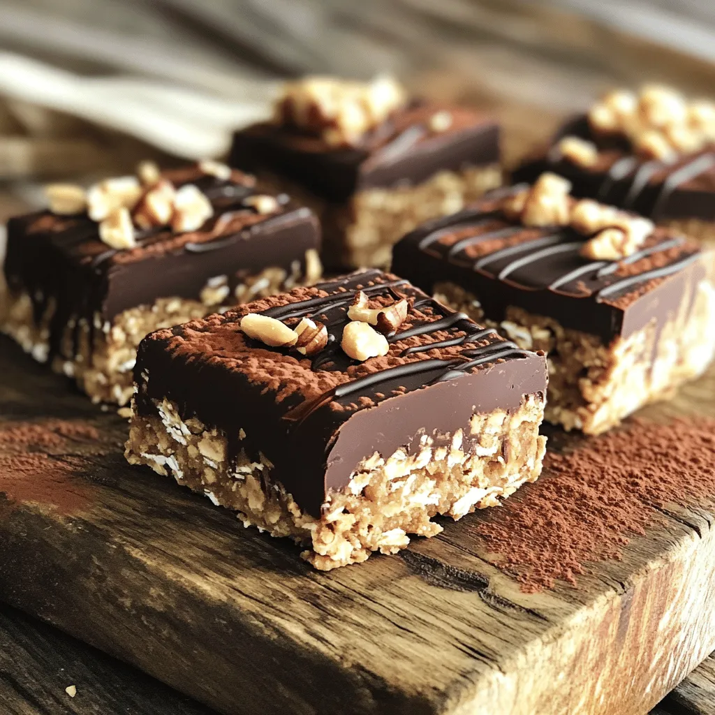 - 1 cup rolled oats - 1 cup natural peanut butter - 1/2 cup honey or maple syrup - 1/2 cup dark chocolate chips - 1/4 cup unsweetened cocoa powder - 1/4 teaspoon salt - 1/2 teaspoon vanilla extract - Optional: 1/4 cup chopped nuts or seeds To make No-Bake Chocolate Peanut Butter Oatmeal Bars, gather these key ingredients. Rolled oats form the base of the bars. They add texture and fiber. Natural peanut butter gives a rich, nutty flavor and protein. Honey or maple syrup offers sweetness and binds everything together. Next, dark chocolate chips bring a touch of decadence. They melt beautifully when drizzled on top. Unsweetened cocoa powder enhances the chocolate flavor without extra sugar. A pinch of salt balances the sweetness and brings out the flavors. Vanilla extract adds warmth and depth to the bars. You can also add chopped nuts or seeds. They give an extra crunch and boost the nutrition. Feel free to mix and match based on what you enjoy! - Mixing the dry ingredients: Take a large bowl. Add 1 cup rolled oats, 1/4 cup cocoa powder, and 1/4 teaspoon salt. Stir well until mixed. - Warming the peanut butter and sweetener: In a small pot, heat 1 cup peanut butter and 1/2 cup honey over low heat. Stir until smooth, then add 1/2 teaspoon vanilla extract. - Combining wet and dry mixtures: Pour the warm peanut butter mix into the dry bowl. Mix until everything is coated. If you want, add 1/4 cup chopped nuts or seeds. - Preparing the baking pan: Line an 8x8-inch pan with parchment paper. Leave some paper over the edges for easy removal. - Instructions for melting dark chocolate: In a microwave-safe bowl, add 1/2 cup dark chocolate chips. Heat in 20-second bursts, stirring in between. Stop when the chocolate is smooth and melted. - Timeframe for refrigeration: Place the pan in the fridge for 1 to 2 hours. This helps the bars to set properly. - Cutting and serving options: Once set, lift the bars out using the parchment. Cut them into squares or rectangles. Serve them on a wooden board for a nice touch. You can sprinkle a bit of cocoa powder or add extra nuts for flair. To get the best texture for your bars, follow these tips: - Mix dry ingredients well: Make sure the oats, cocoa powder, and salt are evenly combined. This helps every bite taste great. - Warm the peanut butter mixture: Heating the peanut butter and sweetener makes them easier to mix. Stir them until smooth. - Press firmly: When you place the mixture in the pan, press down hard. This helps the bars hold together better. You can switch out some ingredients to fit your taste: - Alternative sweeteners: Use agave syrup or brown rice syrup instead of honey or maple syrup. These add different flavors. - Flavor options: Try adding a teaspoon of cinnamon or a pinch of sea salt for extra taste. - Adjust the chocolate layer: If you want a thicker chocolate layer, add more chocolate chips. Melt them just like before and spread it on top. How you serve your bars can make a big difference: - Presentation tips: Place the bars on a wooden cutting board. Sprinkle with cocoa powder and chopped nuts for a nice look. - On-the-go snacks: These bars are great for packing in lunches. Cut them into small squares for easy snacking. - Serve with a dip: Pair them with a side of yogurt or melted chocolate for extra fun! {{image_2}} You can switch up the nut butter in this recipe. Try almond butter or cashew butter. This small change gives your bars a new taste. You can also add dried fruits like raisins or cranberries. Spices such as cinnamon or nutmeg can add warmth and depth. Mix and match to find your favorite flavor! To make your bars healthier, cut down on added sugar. Use less honey or maple syrup. You can also use organic ingredients. Look for gluten-free oats if you need a gluten-free option. These changes help keep flavors rich while being better for you. You can adapt this recipe for different seasons. In fall, add pumpkin spice for a cozy flavor. In summer, toss in some fresh berries or coconut flakes. You could even make festive bars for holidays by adding colored sprinkles or themed toppings. Each season brings a chance to create something new! To keep your no-bake chocolate peanut butter oatmeal bars fresh, wrap them well. Use plastic wrap or foil for each bar. This prevents them from drying out and keeps them tasty. You can also place the bars in an airtight container. This method makes it easy to grab a bar for a quick snack. In the refrigerator, these bars stay fresh for about one week. Make sure to check them for any signs of spoilage. If you want long-term storage, freeze the bars. They can last up to three months in the freezer. Just wrap them tightly in plastic wrap and place them in a freezer-safe bag. Thaw them in the fridge before enjoying. Can I use quick oats instead of rolled oats? Yes, you can use quick oats. They will change the texture a bit. Quick oats make the bars softer. Rolled oats give a chewier bite. How do I know when the bars are set? The bars need at least 1-2 hours in the fridge. They should feel firm to the touch. If they seem soft, give them more time. Can I make these bars nut-free? Yes, you can use sunbutter or soy nut butter. These options work well. Just make sure they are safe for your needs. What’s the best way to cut the bars? Lift the bars out using the parchment paper. Use a sharp knife to cut them. If they are cold, they will cut better. How do I store leftovers? Store leftovers in an airtight container. Keep them in the fridge. They will stay fresh for about a week. You can also freeze them for longer storage. You can create delicious no-bake bars with simple ingredients like oats, peanut butter, and chocolate. Follow the easy steps to mix, melt, and set your bars. Use the tips for perfect texture and make adjustments to suit your taste. Explore variations and be creative! Remember to store them correctly to keep them fresh. This recipe gives you a healthy treat that you can customize. Enjoy making and sharing your own creations with friends and family!