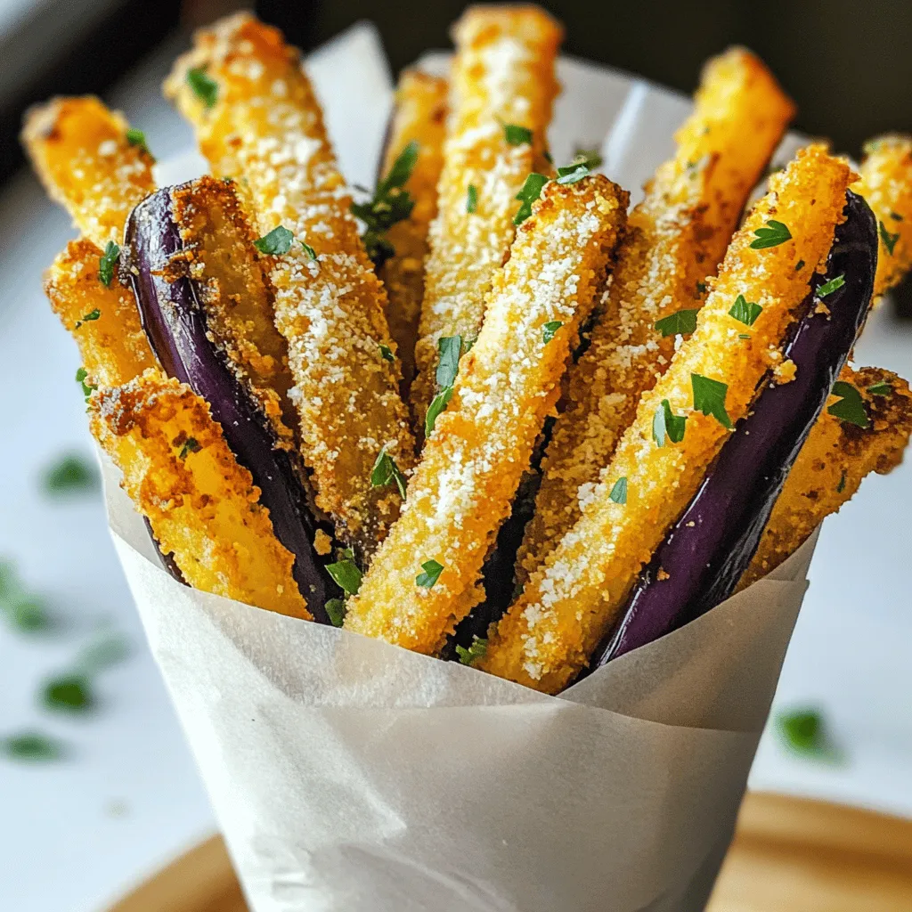 To make Air Fryer Garlic Parmesan Eggplant Fries, you will need some simple, fresh ingredients. Here’s what you’ll need: - Large eggplant - Breadcrumbs (Panko for extra crunch) - Grated Parmesan cheese - Minced garlic - Smoked paprika - Italian seasoning - Salt and black pepper - Beaten egg - Olive oil spray Each ingredient plays a crucial role in making these fries delicious. The eggplant serves as the base, giving a tender bite. Panko breadcrumbs add a crunchy texture that complements the soft eggplant. Parmesan cheese brings a savory, umami flavor that pairs well with garlic and spices. Minced garlic adds depth with its rich aroma. Smoked paprika gives a subtle smokiness. Italian seasoning enhances the overall flavor profile. Salt and pepper balance everything out. The beaten egg acts as glue to hold the coating on the fries. Finally, olive oil spray helps them crisp up in the air fryer. When you gather these items, you set the stage for a tasty snack or side dish. Enjoy the process of preparing these eggplant fries. It’s all about the fresh, quality ingredients that make your dish shine! First, set your air fryer to 400°F (200°C). This temperature works best for crispy fries. Preheat it for about 5 minutes. This step helps cook the fries evenly. Grab a bowl and mix the following dry ingredients: - 1 cup breadcrumbs (Panko for extra crunch) - 1/2 cup grated Parmesan cheese - 2 cloves garlic, minced - 1 teaspoon smoked paprika - 1 teaspoon Italian seasoning - 1/2 teaspoon salt - 1/4 teaspoon black pepper Mix these well. This creates a tasty coating for your eggplant fries. Now, set up your breading station. Place the beaten egg in one bowl. Put the breadcrumb mixture in another bowl. Finally, have your cut eggplant fries in a third bowl. Dip each fry into the beaten egg. Make sure it’s fully coated. Then roll it in the breadcrumb mix, pressing lightly. This helps the coating stick. Arrange the coated fries in a single layer in the air fryer basket. Do not let them touch. This ensures they cook evenly. Lightly spray the fries with olive oil spray. This adds crispiness. Cook the eggplant fries for 15-18 minutes. Flip them halfway through for even browning. They should turn golden and crispy. Once cooked, take them out and serve right away. Enjoy with your favorite dip or more Parmesan on top. To achieve that perfect crispy texture, olive oil spray is key. A light coat helps the fries crisp up in the air fryer. It also adds flavor without excess oil. Adjust the cooking time based on how crispy you want your fries. For softer fries, air fry them for 12-15 minutes. For extra crunch, go for 15-18 minutes. Just flip them halfway to ensure even cooking. Eggplant fries pair well with various dips. Marinara sauce gives a classic touch. You can also try garlic aioli or a spicy ranch for extra flavor. For a fun presentation, serve the fries in a stylish cone or a small basket. Line it with parchment paper for a nice touch. Garnish with fresh parsley to add color and make it pop! {{image_2}} You can spice up your eggplant fries easily. For a kick, add cayenne or chili powder to the breadcrumb mix. This change gives the fries a nice heat. If you love herbs, try using fresh ones like basil, thyme, or rosemary. These herbs add a fresh taste and aroma. You can even mix and match spices to find your favorite flavor. If you need gluten-free options, use crushed nuts or gluten-free breadcrumbs. Both work well and give a crunchy texture. For those avoiding dairy, look for dairy-free Parmesan. It melts nicely and keeps the cheesy flavor. You can find it in most grocery stores or make your own at home. Feel free to experiment! Making these swaps can lead to tasty new versions of the classic recipe. To keep your eggplant fries fresh, store them in an airtight container. Place a paper towel inside to absorb moisture. This helps maintain crispness. You can store them in the fridge for up to three days. If you want to keep them longer, consider freezing. Freeze them in a single layer on a baking sheet. Once frozen, transfer to a freezer bag. They can last up to two months in the freezer. The best way to reheat your eggplant fries is in the air fryer. Set it to 350°F (175°C) and heat for about 5-7 minutes. This restores their crispiness. You can also use your oven. Preheat it to 375°F (190°C) and place the fries on a baking sheet. Heat for 10-12 minutes, flipping them halfway. If you prefer a microwave, use it only for a quick warm-up. The fries may become soggy this way, so it’s best to avoid it when possible. Yes, you can. If you lack an air fryer, use your oven. Preheat the oven to 425°F (220°C). Arrange the breaded eggplant fries on a baking sheet. Spray them with olive oil to help them crisp up. Bake for about 25-30 minutes, flipping halfway through. This method gives you a nice crunch too. Pick a large eggplant that feels heavy for its size. Look for smooth skin with no blemishes or soft spots. A fresh eggplant will have a shiny surface. Try to avoid overly ripe ones, as they can taste bitter. Japanese or Italian eggplants also work well for fries; they are tender and have fewer seeds. Yes, you can prep them ahead of time. Cut the eggplant fries and store them in a bowl of water to prevent browning. You can also bread them a few hours before cooking. Just keep them in the fridge until you're ready to air fry. For longer storage, place them in an airtight container for up to a day. You’ve learned how to make crispy eggplant fries. We covered all key steps: gathering ingredients, breading, cooking, and storage. Remember to use olive oil spray for that perfect crunch. Don't hesitate to experiment with seasonings or swaps. Your preferences will shape this dish. Whether you're serving them as snacks or sides, these fries will impress. Enjoy your delicious, homemade eggplant fries any way you like!