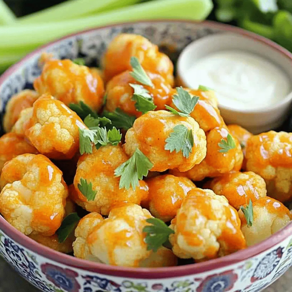 To make Air Fryer Buffalo Cauliflower Bites, you need these main items: - 1 large head of cauliflower, cut into bite-sized florets - 1 cup all-purpose flour (or gluten-free flour) - 1 cup water or plant-based milk - 1 teaspoon garlic powder - 1 teaspoon onion powder - ¾ teaspoon smoked paprika - Salt and pepper, to taste - ½ cup buffalo sauce (store-bought or homemade) - 1 tablespoon olive oil - Fresh parsley, chopped (for garnish) These ingredients create a tasty batter and a flavorful sauce. The cauliflower gives a great texture. The buffalo sauce adds a spicy kick. You can adjust this recipe to fit your needs. If you want a gluten-free option, use gluten-free flour. For a dairy-free version, choose plant-based milk. You can also add different spices to the batter like cumin or cayenne for more heat. If you like a little sweetness, mix in a dash of maple syrup into the buffalo sauce. Using fresh, high-quality ingredients matters. Fresh cauliflower will taste better and have a nice crunch. High-quality flour will create a smoother batter. The buffalo sauce should be flavorful and spicy to enhance the dish. When you choose quality, you ensure a better meal. Good ingredients lead to good food! To start, grab a large head of cauliflower. Cut it into small florets. This size helps them cook fast and evenly. In a big bowl, mix together one cup of flour and one cup of water or plant-based milk. Add one teaspoon of garlic powder, one teaspoon of onion powder, and three-quarters of a teaspoon of smoked paprika. Don't forget to add salt and pepper to taste. Whisk everything until it is smooth. Now, dip each cauliflower floret into the batter. Make sure each piece is fully coated. Let any extra batter drip off before moving on. Next, preheat your air fryer to 400°F (200°C). While it heats, lightly spray the air fryer basket with cooking spray. This step helps prevent sticking. Place the battered cauliflower florets in a single layer in the basket. Avoid crowding them, as this can lead to uneven cooking. Air fry the florets for 12 to 15 minutes. Be sure to shake the basket halfway through. This action helps them brown nicely. You want them to be golden and crispy when done. Once the cauliflower is crispy, take them out. In a separate bowl, mix the cooked cauliflower with half a cup of buffalo sauce and one tablespoon of olive oil. Toss gently to coat each floret evenly. Return the sauced cauliflower to the air fryer. Cook for an extra 2 to 3 minutes at 400°F (200°C). This step crisps up the sauce and adds flavor. Finally, remove the bites and garnish them with freshly chopped parsley before serving. Enjoy your tasty treat! To get your cauliflower bites extra crispy, use a few simple tricks. First, make sure to cut the cauliflower into small, even florets. This helps them cook evenly. Next, let the batter sit for a few minutes. This allows it to thicken slightly, which helps it stick better. When placing the florets in the air fryer, give them space. Crowding the basket leads to soggy bites. Lastly, spray a light coat of cooking oil on the florets before air frying. This boosts the crunch factor. Watch out for these common mistakes that can affect your cauliflower. First, don't skip the preheating step. If your air fryer isn’t hot enough, the bites won't crisp up. Second, avoid using too much batter. The coating should be light for the best texture. If you coat too heavily, it can become gummy. Lastly, remember to shake the basket halfway through cooking. This ensures that all sides get that golden brown finish. Choosing the right cooking spray matters for air frying. Look for sprays that are specifically made for high-heat cooking. These sprays can withstand the heat without breaking down. Olive oil spray works well for flavor and health. Avocado oil spray is another great option, as it has a high smoke point. Avoid using non-stick sprays that contain additives, as they can leave a sticky residue on your air fryer. {{image_2}} You can change the heat of your air fryer buffalo cauliflower bites by choosing the right sauce. If you like it hot, go for a spicy buffalo sauce. Look for sauces labeled as "extra hot" or "fiery." For a milder taste, choose a classic buffalo sauce. You can also mix sauces to find your perfect heat level. Adding honey or maple syrup can balance the spice if it's too hot. If you want a gluten-free version, swap the all-purpose flour for gluten-free flour. Many brands offer great options that work well in this recipe. You can also use chickpea flour for added protein and flavor. Always read labels to ensure your sauces and other ingredients are gluten-free. You can get creative with the batter for your cauliflower bites. Instead of flour, try using cornstarch for a crispy texture. You can also mix in spices like cumin or chili powder for added flavor. If you want to skip the batter, toss the florets in olive oil and spices before air frying. This method gives a lighter, yet still tasty, alternative. To keep your leftover buffalo cauliflower bites fresh, place them in an airtight container. Make sure they cool down first. Store them in the fridge for up to three days. If you want to extend their life, consider freezing them. To reheat, use your air fryer for best results. Heat it to 350°F (175°C). Place the bites in the basket and cook for about 5-7 minutes. This keeps them crispy. You can also use a microwave if you're in a hurry, but they may lose some crunch. If you freeze buffalo cauliflower bites, put them in a single layer on a baking sheet first. Freeze them for 1-2 hours until solid, then transfer to a freezer bag. When ready to eat, thaw them in the fridge overnight. Reheat directly from the fridge or freezer in your air fryer. Yes, you can use frozen cauliflower. Just thaw it first. After thawing, pat it dry. This helps the batter stick better. Frozen florets may take a bit longer to cook. Keep an eye on them during air frying. Buffalo cauliflower bites pair well with several sides. Try celery sticks for crunch. They also go great with ranch or blue cheese dressing. You can serve them as a snack or appetizer. They also fit well in a game day spread. Making buffalo sauce at home is easy. Start with melted butter or olive oil. Add hot sauce, like Frank's RedHot. Mix in a splash of vinegar for tang. You can balance the heat with a pinch of sugar. Adjust the spice level to your liking. Give it a mix until smooth and enjoy! In this article, we covered the essential ingredients, cooking methods, and storage tips for Air Fryer Buffalo Cauliflower Bites. We explored how to make these bites crispy and delicious while offering options for all dietary needs. Remember to choose fresh ingredients and follow the steps closely for the best results. Whether you go with spicy or mild, these bites can fit any preference. Now, it’s time to enjoy your tasty creation!