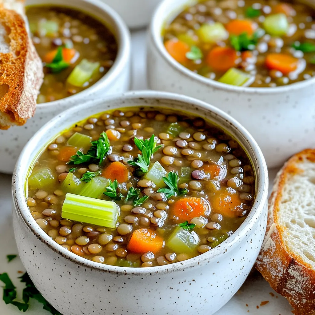 - 2 cups dried green or brown lentils, rinsed - 1 medium onion, chopped - 2 carrots, diced - 2 celery stalks, diced - 4 cloves garlic, minced - 1 can (14 oz) diced tomatoes, with juices - 6 cups vegetable broth - 2 teaspoons dried thyme - 1 teaspoon cumin - 1 bay leaf - Salt and pepper to taste - 2 tablespoons olive oil - 1 cup chopped kale or spinach (optional) - Fresh parsley, chopped (for garnish) Lentils are rich in protein and fiber. They help you feel full longer. They also promote digestion and heart health. Onions add flavor and have antioxidants. Carrots give you vitamin A. Celery helps keep your blood pressure in check. Garlic boosts your immune system and adds great taste. Tomatoes provide vitamins C and K. They also add a nice tang to the soup. Kale or spinach adds vitamins A, C, and K, along with iron. If you need a gluten-free option, ensure your vegetable broth is gluten-free. For a low-sodium version, use low-sodium broth and limit added salt. You can swap lentils with beans if you prefer. For a richer flavor, you can add smoked paprika instead of cumin. If you don’t have kale or spinach, try Swiss chard or omit greens entirely. First, grab a large skillet and heat two tablespoons of olive oil over medium heat. Once hot, add the chopped onion, diced carrots, diced celery, and minced garlic. Sauté them together for about 5-7 minutes. You want the veggies to soften and become fragrant. This step brings out their flavors and adds depth to your soup. Now, it’s time to combine everything in your slow cooker. Add 2 cups of rinsed lentils to the pot. Then, pour in the sautéed vegetable mix, along with one can of diced tomatoes and their juices. Next, add 6 cups of vegetable broth. Sprinkle in 2 teaspoons of dried thyme, 1 teaspoon of cumin, and a bay leaf. Don’t forget to add salt and pepper to taste. Stir everything well to mix the ingredients evenly. Cover your slow cooker and set it to cook. You can choose either low for 6-8 hours or high for 3-4 hours. The lentils should be tender and the flavors melded beautifully. If you want to add greens like kale or spinach, toss them in during the last 30 minutes of cooking. Once it’s done, taste and adjust the seasoning. Remove the bay leaf before serving. Enjoy this warm, hearty soup! To boost the taste of your lentil soup, start with fresh ingredients. Fresh herbs add a lot. Use thyme, bay leaf, and parsley for depth. You can also add a splash of lemon juice before serving. This brightens the flavors and adds a nice zing. If you like heat, add a pinch of red pepper flakes. A dash of soy sauce or balsamic vinegar can deepen the flavor, too. One common mistake is not rinsing lentils. Rinsing removes any dust or debris. It also helps them cook evenly. Another mistake is not sautéing the veggies first. Sautéing makes them soft and sweet. Avoid adding too much salt too early. Salt can make lentils tough. Lastly, don't skip the bay leaf. It adds a lovely aroma. Just remember to remove it before serving. Serve your soup in rustic bowls. A piece of crusty bread pairs well with it. You can also sprinkle extra parsley on top for a fresh look. For a heartier meal, add a side salad. A simple green salad goes nicely with lentil soup. If you want something warm, try garlic bread or cheese toast. These add comfort and warmth to your meal. {{image_2}} You can make this soup vegetarian or vegan very easily. Just use vegetable broth as the base. The lentils already add protein and fiber. You can add more veggies for extra flavor. Try adding mushrooms for a meaty texture. Another great option is to use coconut milk for creaminess. It gives a nice, rich taste to the soup. If you want to make this soup heartier, add protein. For a meat version, try sausage or chicken. Brown the sausage in a skillet before adding it to the slow cooker. If you use chicken, shred it after cooking. Add it in the last hour of cooking so it stays juicy. You can also try smoked sausage for a smoky flavor. Seasonal veggies can make this soup even better. In the fall, you might add squash or sweet potatoes. In the spring, peas or asparagus work well. Just chop them up and toss them in. This not only adds flavor but also makes your soup colorful. Fresh herbs like basil or cilantro can also brighten the dish. To store leftovers, let the soup cool to room temperature. Then, place it in an airtight container. Make sure to seal it tightly. Store it in the fridge for up to five days. Label it with the date, so you know when to use it. This way, you can enjoy your hearty lentil soup later! You can freeze this soup for later meals. First, let it cool completely. Then, pour the soup into freezer-safe containers or bags. Leave some space at the top, as the soup will expand when frozen. This soup can last for up to three months in the freezer. When you’re ready to eat, just thaw it overnight in the fridge. Reheating the soup is easy! If you stored it in the fridge, just pour it into a pot. Heat it over medium heat until it’s hot. Stir it often to prevent sticking. If frozen, thaw it first in the fridge. Then, reheat it in a pot or microwave until warm. You can add a splash of broth for extra moisture if it seems thick. Yes, you can use canned lentils. They save time and are already cooked. If you choose canned, skip the soaking step. Add them to the soup during the last 30 minutes of cooking. This way, they warm up without getting mushy. This soup lasts about 4 to 5 days in the fridge. Store it in an airtight container to keep it fresh. If you want to enjoy it later, consider freezing some portions. Absolutely! To make this soup on the stovetop, sauté the vegetables in a large pot. Then, add all the ingredients, including the lentils and broth. Bring it to a boil, then reduce the heat. Let it simmer for about 30 to 40 minutes, or until the lentils are tender. You can serve lentil soup with crusty bread or a fresh salad. A sprinkle of cheese on top adds a nice touch. Pairing it with a side of roasted vegetables also complements the flavors well. Yes, lentil soup is gluten-free! All the ingredients in this recipe are naturally gluten-free. Just make sure your vegetable broth is also gluten-free if that is a concern. Enjoy this warm and hearty meal without worry! You now know the key ingredients, their health benefits, and how to adjust for diets. I shared step-by-step instructions for making lentil soup, from sautéing vegetables to cooking times. The tips and tricks section helped you avoid common mistakes and enhanced your soup's flavor. Variations open doors to new tastes, and storage info ensures your leftovers are ready to enjoy later. This soup is not just a meal; it's a way to nourish your body and explore new flavors. Enjoy your cooking!