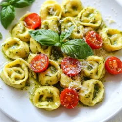 - 1 package (12 oz) refrigerated cheese tortellini - 1 cup heavy cream - 1/2 cup pesto (store-bought or homemade) - 1/2 cup grated Parmesan cheese - 2 cloves garlic, minced - Salt and pepper to taste - 1 tablespoon olive oil - 1/2 cup cherry tomatoes, halved - Fresh basil leaves for garnish - Add a squeeze of fresh lemon juice for brightness. - Toss in a pinch of red pepper flakes for heat. - Mix in baby spinach or arugula for extra greens. - Use half-and-half instead of heavy cream for a lighter sauce. - Swap the cheese tortellini for spinach or mushroom tortellini. - Try nutritional yeast in place of Parmesan for a vegan option. {{ingredient_image_1}} Start by bringing a large pot of salted water to a boil. This step helps flavor the tortellini. Once boiling, add the package of refrigerated cheese tortellini. Cook it according to the package instructions until it is al dente, which usually takes about 3-5 minutes. After it is cooked, drain the tortellini and set it aside. This keeps it warm and ready for the sauce. In the same pot, add one tablespoon of olive oil over medium heat. Once hot, add two cloves of minced garlic. Sauté for about one minute. You want it fragrant but not browned. Next, pour in one cup of heavy cream and bring it to a gentle simmer. Lower the heat, and stir in half a cup of pesto and half a cup of grated Parmesan cheese. Mix until the sauce is smooth and creamy. Season with salt and pepper to taste. This step adds richness and flavor to your dish. Now, add the cooked tortellini back into the pot. Also, toss in half a cup of halved cherry tomatoes. Gently mix to coat the tortellini in the creamy pesto sauce. Cook for an additional 2-3 minutes. This warms everything through. Finally, serve the dish hot, garnished with fresh basil leaves and more Parmesan cheese if you like. Enjoy your quick and tasty meal! To make the best tortellini, start with boiling salted water. This helps the pasta taste better. Cook the tortellini until it is al dente. Al dente means it is firm but not hard. This keeps it from getting mushy when you mix it with the sauce. Drain the tortellini well and set it aside. For a rich flavor, use fresh pesto. If you use store-bought, pick a high-quality brand. Adding garlic to the oil gives the sauce a nice kick. You can also add a splash of lemon juice to brighten the taste. A bit of extra Parmesan cheese can make it even creamier. Serve the tortellini hot and fresh. Add halved cherry tomatoes for color and sweetness. A sprinkle of extra Parmesan on top adds a nice touch. Fresh basil leaves give a pop of flavor and look great. Pair this dish with a light salad for a full meal. Pro Tips Use Fresh Ingredients: Fresh basil and high-quality Parmesan can elevate the flavor profile of your dish significantly. Customize Your Pesto: Feel free to add nuts or spices to your pesto for a unique twist that personalizes the dish to your taste. Don’t Overcook the Tortellini: To maintain the perfect texture, ensure the tortellini is cooked al dente before adding it to the sauce. Make It a Meal: Add grilled chicken or sautéed vegetables to the tortellini for a heartier meal that’s packed with protein and nutrients. {{image_2}} You can easily make creamy pesto tortellini vegetarian. Just use cheese tortellini. This dish is already meat-free. You can add more veggies. Try adding spinach or zucchini. They will boost nutrition and flavor. Roasted bell peppers also add a sweet touch. Fresh peas can add a pop of color and taste. For a heartier meal, add chicken or shrimp. Grilled or sautéed chicken works well. Cut it into bite-sized pieces. Stir it into the creamy sauce. Shrimp also adds great flavor. Cook shrimp until pink and tender. Mix it in with the tortellini and sauce. Both options will make your dish filling and tasty. If you need gluten-free options, look for gluten-free tortellini. Many brands offer tasty choices made from rice or corn. You can also use gluten-free pasta. Just be sure to check the package for cooking times. The creamy pesto sauce is gluten-free already. Enjoy this dish without worry! After enjoying your creamy pesto tortellini, let it cool down. Place it in an airtight container. This keeps the flavors fresh. Store it in the fridge for up to three days. If you want to eat it later, you can freeze it. To reheat, use a pan on low heat. Add a splash of cream or water to keep it moist. Stir often to heat evenly. You can also use the microwave. Place the tortellini in a microwave-safe dish. Cover it with a damp paper towel. Heat it for one minute, then stir. Check and heat more if needed. Freezing is a great option for this dish. Before freezing, let it cool completely. Portion it into freezer-safe bags or containers. Remove as much air as possible. Label with the date for easy tracking. It can last up to three months in the freezer. When you're ready to eat, thaw it overnight in the fridge. Then, reheat as described above. Enjoy your meal anytime! Yes, you can use different pasta types. Try penne or farfalle if you want. Just ensure you adjust the cooking time. Cook the pasta until it is al dente. This keeps it firm and tasty. You can store creamy pesto tortellini for three to four days in the fridge. Place it in an airtight container to keep it fresh. When ready to eat, check for any off smells or changes in texture. Yes, you can make this dish ahead of time. Cook the tortellini and sauce separately. Store them in the fridge. When you’re ready, just combine and heat. This saves time and keeps the flavors fresh. Enjoy your quick meal any day! In this post, I covered how to make creamy pesto tortellini. We explored the key ingredients, optional flavors, and ingredient swaps. Then, I shared step-by-step cooking instructions and tips for the best results. You learned about variations for different diets and how to store leftovers. With these details, you can create a tasty dish that everyone will love. Enjoy experimenting and making it your own!