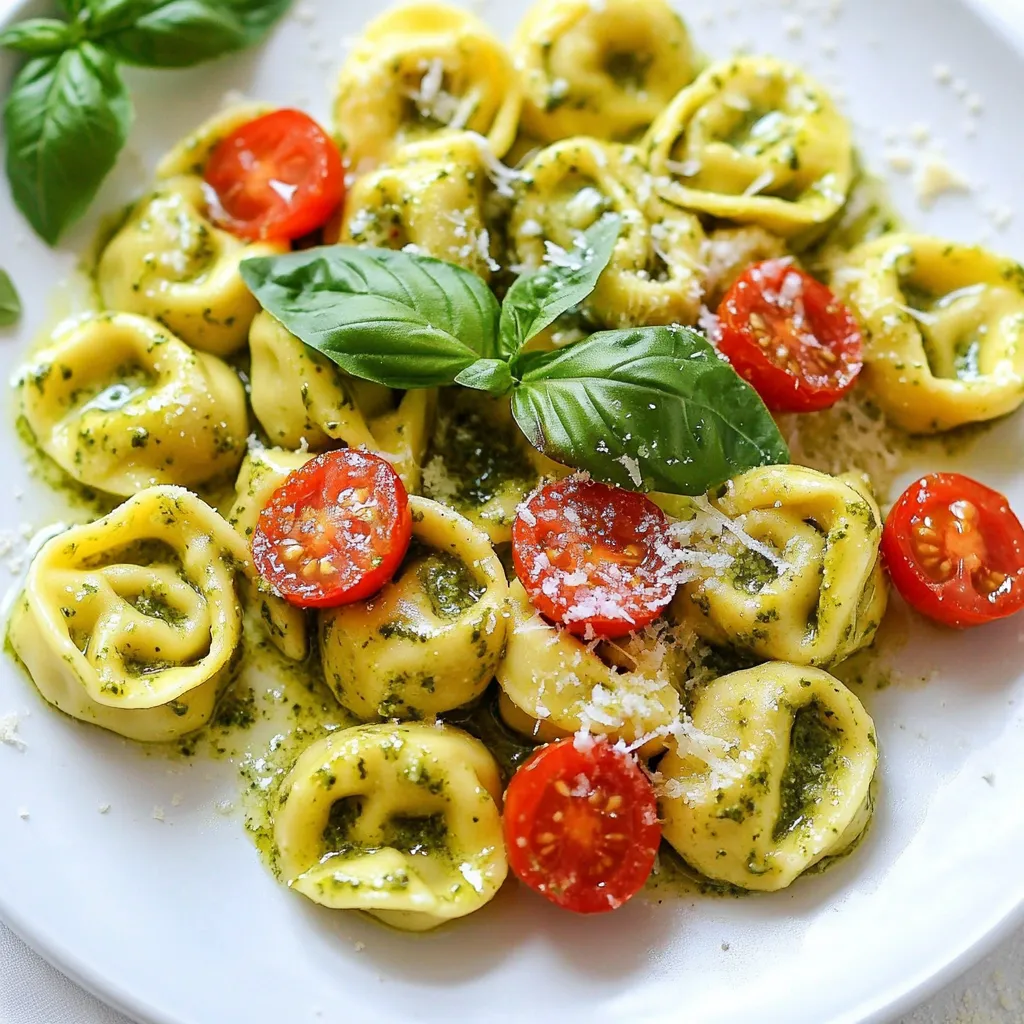 - 1 package (12 oz) refrigerated cheese tortellini - 1 cup heavy cream - 1/2 cup pesto (store-bought or homemade) - 1/2 cup grated Parmesan cheese - 2 cloves garlic, minced - Salt and pepper to taste - 1 tablespoon olive oil - 1/2 cup cherry tomatoes, halved - Fresh basil leaves for garnish - Add a squeeze of fresh lemon juice for brightness. - Toss in a pinch of red pepper flakes for heat. - Mix in baby spinach or arugula for extra greens. - Use half-and-half instead of heavy cream for a lighter sauce. - Swap the cheese tortellini for spinach or mushroom tortellini. - Try nutritional yeast in place of Parmesan for a vegan option. {{ingredient_image_1}} Start by bringing a large pot of salted water to a boil. This step helps flavor the tortellini. Once boiling, add the package of refrigerated cheese tortellini. Cook it according to the package instructions until it is al dente, which usually takes about 3-5 minutes. After it is cooked, drain the tortellini and set it aside. This keeps it warm and ready for the sauce. In the same pot, add one tablespoon of olive oil over medium heat. Once hot, add two cloves of minced garlic. Sauté for about one minute. You want it fragrant but not browned. Next, pour in one cup of heavy cream and bring it to a gentle simmer. Lower the heat, and stir in half a cup of pesto and half a cup of grated Parmesan cheese. Mix until the sauce is smooth and creamy. Season with salt and pepper to taste. This step adds richness and flavor to your dish. Now, add the cooked tortellini back into the pot. Also, toss in half a cup of halved cherry tomatoes. Gently mix to coat the tortellini in the creamy pesto sauce. Cook for an additional 2-3 minutes. This warms everything through. Finally, serve the dish hot, garnished with fresh basil leaves and more Parmesan cheese if you like. Enjoy your quick and tasty meal! To make the best tortellini, start with boiling salted water. This helps the pasta taste better. Cook the tortellini until it is al dente. Al dente means it is firm but not hard. This keeps it from getting mushy when you mix it with the sauce. Drain the tortellini well and set it aside. For a rich flavor, use fresh pesto. If you use store-bought, pick a high-quality brand. Adding garlic to the oil gives the sauce a nice kick. You can also add a splash of lemon juice to brighten the taste. A bit of extra Parmesan cheese can make it even creamier. Serve the tortellini hot and fresh. Add halved cherry tomatoes for color and sweetness. A sprinkle of extra Parmesan on top adds a nice touch. Fresh basil leaves give a pop of flavor and look great. Pair this dish with a light salad for a full meal. Pro Tips Use Fresh Ingredients: Fresh basil and high-quality Parmesan can elevate the flavor profile of your dish significantly. Customize Your Pesto: Feel free to add nuts or spices to your pesto for a unique twist that personalizes the dish to your taste. Don’t Overcook the Tortellini: To maintain the perfect texture, ensure the tortellini is cooked al dente before adding it to the sauce. Make It a Meal: Add grilled chicken or sautéed vegetables to the tortellini for a heartier meal that’s packed with protein and nutrients. {{image_2}} You can easily make creamy pesto tortellini vegetarian. Just use cheese tortellini. This dish is already meat-free. You can add more veggies. Try adding spinach or zucchini. They will boost nutrition and flavor. Roasted bell peppers also add a sweet touch. Fresh peas can add a pop of color and taste. For a heartier meal, add chicken or shrimp. Grilled or sautéed chicken works well. Cut it into bite-sized pieces. Stir it into the creamy sauce. Shrimp also adds great flavor. Cook shrimp until pink and tender. Mix it in with the tortellini and sauce. Both options will make your dish filling and tasty. If you need gluten-free options, look for gluten-free tortellini. Many brands offer tasty choices made from rice or corn. You can also use gluten-free pasta. Just be sure to check the package for cooking times. The creamy pesto sauce is gluten-free already. Enjoy this dish without worry! After enjoying your creamy pesto tortellini, let it cool down. Place it in an airtight container. This keeps the flavors fresh. Store it in the fridge for up to three days. If you want to eat it later, you can freeze it. To reheat, use a pan on low heat. Add a splash of cream or water to keep it moist. Stir often to heat evenly. You can also use the microwave. Place the tortellini in a microwave-safe dish. Cover it with a damp paper towel. Heat it for one minute, then stir. Check and heat more if needed. Freezing is a great option for this dish. Before freezing, let it cool completely. Portion it into freezer-safe bags or containers. Remove as much air as possible. Label with the date for easy tracking. It can last up to three months in the freezer. When you're ready to eat, thaw it overnight in the fridge. Then, reheat as described above. Enjoy your meal anytime! Yes, you can use different pasta types. Try penne or farfalle if you want. Just ensure you adjust the cooking time. Cook the pasta until it is al dente. This keeps it firm and tasty. You can store creamy pesto tortellini for three to four days in the fridge. Place it in an airtight container to keep it fresh. When ready to eat, check for any off smells or changes in texture. Yes, you can make this dish ahead of time. Cook the tortellini and sauce separately. Store them in the fridge. When you’re ready, just combine and heat. This saves time and keeps the flavors fresh. Enjoy your quick meal any day! In this post, I covered how to make creamy pesto tortellini. We explored the key ingredients, optional flavors, and ingredient swaps. Then, I shared step-by-step cooking instructions and tips for the best results. You learned about variations for different diets and how to store leftovers. With these details, you can create a tasty dish that everyone will love. Enjoy experimenting and making it your own!