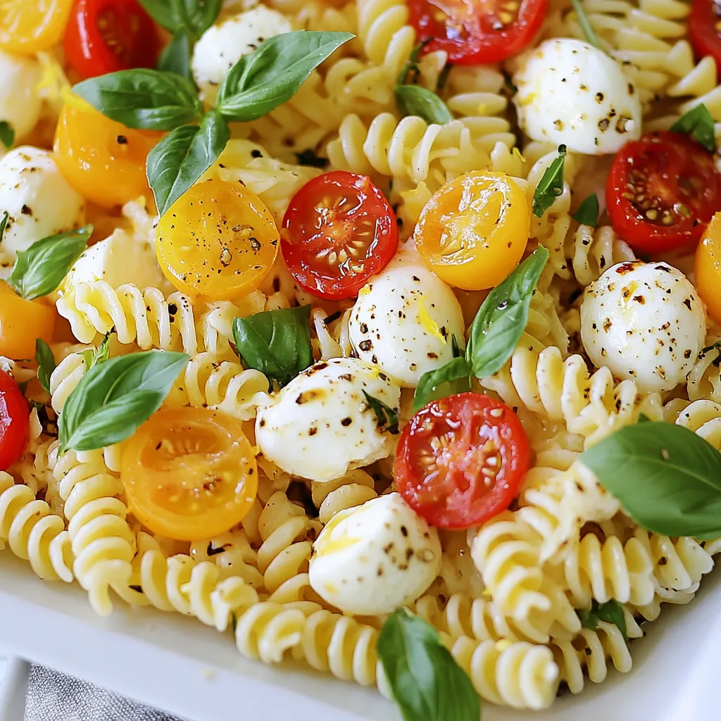 To make a great Caprese Pasta Salad, you need a few key ingredients: - 250g of small pasta (like fusilli or farfalle) - 200g cherry tomatoes, halved - 150g fresh mozzarella balls, halved - 100g fresh basil leaves, torn - 3 tablespoons extra-virgin olive oil - 1 tablespoon balsamic glaze - Zest of 1 lemon - Salt and pepper to taste - Pinch of red pepper flakes (optional for a kick) These ingredients create a fresh and tasty dish. The small pasta serves as a great base. Cherry tomatoes add sweetness. Fresh mozzarella gives a creamy texture. Basil brings a bright flavor. The dressing ties everything together. You can also add some fun twists to your salad: - Protein additions like grilled chicken or chickpeas - Alternative dressings like Italian or vinaigrette - Additional seasonings like garlic powder or oregano These optional ingredients let you personalize the salad. Want more protein? Add grilled chicken. Prefer a different dressing? Go for a light vinaigrette. One serving of Caprese Pasta Salad has: - Approximately 350 calories - 12g of protein - 18g of fat - 40g of carbohydrates This salad is not just tasty; it's also balanced. You get healthy fats from the olive oil and protein from the cheese. Enjoy this dish knowing it fuels your body well. {{ingredient_image_1}} To cook pasta al dente, bring a large pot of salted water to a boil. Add the small pasta, like fusilli or farfalle. Cook according to the package instructions, usually around 8 to 10 minutes. You want the pasta to be firm but not hard. Drain the pasta and rinse it under cold water. This stops the cooking process and cools it down quickly. Grab a small bowl and whisk together the following: - 3 tablespoons extra-virgin olive oil - 1 tablespoon balsamic glaze - Zest of 1 lemon - Salt and pepper to taste - Pinch of red pepper flakes (optional) Whisk until the mixture is smooth. You can taste and adjust the flavors. If you like it tangy, add more balsamic glaze. For a kick, add more red pepper flakes. In a large mixing bowl, combine the cooled pasta, halved cherry tomatoes, halved mozzarella balls, and torn basil leaves. Gently mix the ingredients together. Pour the dressing over the pasta mixture and toss everything until well coated. This helps all the flavors blend perfectly. Let the salad chill in the refrigerator for at least 30 minutes. This allows the flavors to meld together. Just before serving, give it another gentle toss. Taste for seasoning and adjust if needed. For a nice touch, serve the salad on a large platter. Add whole basil leaves on top and drizzle a bit of balsamic glaze for a beautiful finish. Enjoy your fresh and flavorful Caprese Pasta Salad! To get the best pasta, cook it al dente. This means it should be firm but not hard. Follow the package instructions closely. After cooking, drain and rinse the pasta under cold water. This cools it down quickly and stops the cooking process. Chilling the salad is key. I suggest letting it sit in the fridge for at least 30 minutes. This helps the flavors mix well. The cold pasta also tastes better on a warm day. You can boost the flavor by adding fresh herbs. Try parsley or oregano for extra taste. A pinch of garlic powder can also add depth. Balancing the dressing is vital. The balsamic glaze gives a sweet touch. You can add a little more for extra sweetness. If you like it tangy, add more lemon zest. This will brighten the dish. Serve your Caprese pasta salad on a large platter. This makes it look inviting. You can place whole basil leaves on top for color. A drizzle of balsamic glaze adds a nice touch too. For a fun twist, use small bowls for individual servings. This makes it easy to grab and enjoy. Always remember, we eat with our eyes first! Pro Tips Fresh Ingredients: Use the freshest tomatoes and mozzarella you can find for the best flavor in your salad. Chill Before Serving: Allowing the salad to chill for at least 30 minutes helps the flavors meld together beautifully. Customize Your Pasta: Feel free to substitute with whole wheat or gluten-free pasta to suit dietary preferences. Add Protein: For a more filling dish, consider adding grilled chicken or chickpeas for a protein boost. {{image_2}} Caprese Pasta Salad is a great dish to change up with the seasons. You can switch ingredients based on what is fresh. In summer, use zucchini or bell peppers for a crunchy bite. These veggies add color and flavor. In winter, try roasted butternut squash or spinach. They bring warmth and heartiness to your salad. For those who need gluten-free options, choose chickpea pasta or quinoa pasta. Both taste great and work well with the salad. If you're vegan, replace mozzarella with vegan cheese or avocado. This keeps the creamy texture while making it plant-based. Want to give your salad an Italian twist? Add sundried tomatoes or artichoke hearts for rich flavors. For a Mediterranean spin, toss in kalamata olives and feta cheese. These options add depth and make each bite exciting. To keep your Caprese Pasta Salad fresh, store it in an airtight container. Glass containers work best since they do not retain odors. Avoid using metal containers, as they can react with the dressing. Make sure to chill the salad in the fridge right after you prepare it. This keeps the flavors bright and tasty. You can enjoy your pasta salad cold. If you prefer it warm, use a microwave. Heat in short bursts, stirring in between to avoid hot spots. If the salad seems dry after reheating, add a splash of olive oil or balsamic glaze. Serve it right after reheating for the best taste. Your Caprese Pasta Salad will last about three days in the fridge. Always cover it well to prevent drying out. Freezing is not recommended, as the textures of fresh ingredients may change. If you have leftovers, try to eat them within a few days for the best flavor and freshness. Caprese Pasta Salad can last up to three days in the fridge. Make sure to store it in an airtight container. The flavors will continue to meld, making it even tastier over time. However, it’s best to eat it fresh for the best texture. If you notice any signs of spoilage, it's best to discard it. Yes, you can customize the pasta! While I recommend small pasta like fusilli or farfalle, other types work well too. You can use penne, rotini, or even whole wheat pasta for a healthier option. Just remember to cook it al dente for the best bite. Caprese Pasta Salad pairs well with grilled chicken or shrimp for added protein. You can also serve it with crusty bread or a light soup. For a simple touch, include a fresh green salad on the side. This creates a balanced meal that is both tasty and filling. Absolutely! Caprese Pasta Salad is great for meal prep. You can make it ahead of time and store it in portions. Just remember to keep the dressing separate if you plan to eat it later. This helps keep the salad fresh and prevents it from becoming soggy. In this blog post, I covered how to make a tasty Caprese Pasta Salad. We discussed key ingredients, cooking steps, and tips for great texture and flavor. You can customize the recipe with proteins or seasonal veggies. Remember, chilling the salad ensures the flavors blend well. Enjoy your fresh and vibrant dish any time of the year. With these insights, you're ready to make pasta salad that impresses. Happy cooking!