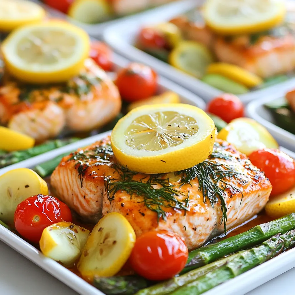 For this One-Pan Lemon Dill Salmon, you will need: - 4 salmon fillets - 2 tablespoons olive oil - 3 tablespoons fresh lemon juice - 1 tablespoon lemon zest - 1 teaspoon dried dill (or 2 tablespoons fresh dill, chopped) - 2 cloves garlic, minced - 1 cup cherry tomatoes, halved - 1 zucchini, sliced into half-moons - 1 cup asparagus, trimmed - Salt and pepper to taste - Lemon slices for garnish You can swap some ingredients if needed. Here are a few ideas: - Use cod or trout instead of salmon. - Replace olive oil with avocado oil for a different flavor. - If fresh dill isn’t available, try parsley or tarragon. - Cherry tomatoes can be replaced with bell peppers or broccoli. - Substitute zucchini with yellow squash for a colorful mix. Using fresh ingredients makes a big difference in flavor. Fresh salmon tastes better and has better texture. Fresh herbs like dill add bright flavors that dried herbs can't match. Fresh vegetables, like tomatoes and zucchini, provide crunch and color. They also keep their nutrients better. So, when you can, always choose fresh! {{ingredient_image_1}} First, preheat your oven to 400°F (200°C). This step is key for even cooking. Next, grab a small bowl. In this bowl, whisk together the olive oil, lemon juice, lemon zest, dill, minced garlic, salt, and pepper. Mix it well until it looks smooth. This marinade gives the salmon its bright flavor. Now, take a large baking sheet and arrange the salmon fillets in the center. Be sure to leave some space between each fillet. Surround the salmon with cherry tomatoes, zucchini, and asparagus. This mix adds great color and taste. Drizzle the lemon-dill mixture over everything. Make sure the salmon and veggies are coated well. Place the baking sheet in the oven. Bake for about 15 to 18 minutes. The salmon is done when it flakes easily with a fork. The veggies should be tender, too. Once done, remove it from the oven. Garnish with fresh lemon slices. You can add more dill for extra flavor if you like. Enjoy your meal! To get that perfect salmon texture, start with fresh fillets. Fresh salmon has a bright color and firm flesh. When cooking, don't overdo it. Bake the salmon for 15 to 18 minutes. Check for doneness by using a fork. The fish should flake easily. If it looks dry or hard, you cooked it too long. You can boost the flavor of your dish in many ways. Add fresh herbs like parsley or basil for a bright taste. If you like it spicy, try a pinch of red pepper flakes. For a sweeter note, add a drizzle of honey or maple syrup. You can also marinate the fish longer for deeper flavors. Just be careful not to overpower the salmon's natural taste. The best cooking temperature for this dish is 400°F (200°C). If your salmon fillets are thicker, add a few extra minutes to cooking time. If you cook at a lower temperature, increase the time. Use a meat thermometer to check the internal temperature. It should reach 145°F (63°C) for safe eating. Adjust the time based on your oven, as some ovens cook faster than others. Pro Tips Choose Fresh Salmon: Look for bright, moist fillets with a clean smell to ensure the best flavor and texture. Customize Your Veggies: Feel free to swap in seasonal vegetables like bell peppers or broccoli for added variety. Watch Cooking Time: Salmon cooks quickly; check for doneness around 12-15 minutes to avoid overcooking. Serve with a Side: Pair this dish with a light salad or couscous to complete your meal beautifully. {{image_2}} You can swap salmon for chicken or tofu. Chicken breasts cook well with lemon and dill. Use the same marinade and cooking time. Tofu is a great plant-based option. Press the tofu to remove water. Marinate it just like the salmon. Bake it for about 25 minutes. Use any vegetables you love or have. Bell peppers, broccoli, or carrots work great. For fall, try butternut squash or Brussels sprouts. In winter, use root veggies like potatoes or parsnips. Each season brings new flavors. Mix and match to keep it fresh! Change the herbs to suit your taste. Try parsley, basil, or thyme for a new twist. Add a pinch of red pepper flakes for spice. Swap lemon juice for lime for a tangy kick. The options are endless! Experiment and find your favorite combinations. To store your One-Pan Lemon Dill Salmon, let it cool first. Place the salmon and veggies in an airtight container. This keeps your meal fresh. You can store it in the fridge for up to three days. If you want to enjoy it later, freezing is a great option. When you're ready to eat your leftovers, preheat your oven to 350°F (175°C). Place the salmon and vegetables on a baking sheet. Cover them with foil to keep moisture in. Heat for about 10-15 minutes. This method warms the dish without drying it out. You can also use a microwave, but it may not keep the salmon flaky. If you want to freeze your One-Pan Lemon Dill Salmon, it’s best to do this before reheating. Wrap each salmon fillet in plastic wrap, then place them in a freezer bag. Make sure to squeeze out any air to avoid freezer burn. You can freeze it for up to three months. When you're ready to eat, thaw it in the fridge overnight before reheating. You can serve One-Pan Lemon Dill Salmon with many sides. Here are some great options: - Rice: Fluffy white rice or brown rice pairs well. - Quinoa: This nutty grain adds protein and fiber. - Salad: A fresh green salad with a light vinaigrette is refreshing. - Bread: Warm bread, like a baguette, is perfect for soaking up juices. - Potatoes: Roasted or mashed potatoes complement the dish nicely. Each of these sides enhances the meal's flavors and textures. To check if salmon is done, look for these signs: - Color: The meat should change from bright red to a light pink. - Flaking: Use a fork to gently press the salmon. If it flakes easily, it's ready. - Temperature: The internal temperature should reach 145°F (63°C). Keep an eye on the cooking time. Salmon usually cooks in 15-18 minutes at 400°F (200°C). Yes, you can use frozen salmon fillets! Here’s how: - Thawing: Thaw the salmon overnight in the fridge or place it in cold water for quick thawing. - Cooking time: If using frozen fillets, add a few extra minutes to the baking time. - Check doneness: Follow the same signs for doneness as fresh salmon. Using frozen salmon can save time and reduce waste, making it a great option. This blog post covered many aspects of cooking One-Pan Lemon Dill Salmon. We explored the right ingredients, including fresh options and substitutions. I provided easy steps for preparation, cooking, and tips for perfect texture. You learned about variations and how to store leftovers. Use these insights to create a delicious meal that’s easy to make. Follow the steps and share your results with others. Enjoy your cooking adventure!