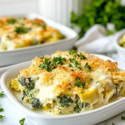 To make this tasty casserole, gather these ingredients: - 2 cups cooked and shredded chicken - 1 cup frozen spinach, thawed and drained - 1 can (14 oz) artichoke hearts, drained and chopped - 1 cup cream cheese, softened - 1/2 cup sour cream - 1 cup shredded mozzarella cheese - 1/2 cup grated Parmesan cheese - 1 teaspoon garlic powder - 1 teaspoon onion powder - 1/2 teaspoon crushed red pepper flakes (optional) - Salt and pepper to taste - 1 cup breadcrumbs (preferably whole wheat) - 2 tablespoons olive oil You can change some ingredients if needed. Here are some ideas: - Chicken: Use rotisserie chicken for quick prep. - Spinach: Fresh spinach works well if you prefer it. - Cream Cheese: Neufchâtel cheese is a lighter choice. - Sour Cream: Greek yogurt can replace sour cream for tang. - Mozzarella: Any cheese you like can be used. - Breadcrumbs: Crushed crackers or oats can replace breadcrumbs. When choosing your ingredients, look for: - Chicken: Use fresh chicken that feels firm and looks pink. - Spinach: Fresh spinach should be bright green and crisp. - Artichokes: Look for tender artichoke hearts in jars or cans. - Cheese: Choose blocks of cheese over pre-shredded for better melting. - Bread: Whole wheat breadcrumbs should be dry and not stale. Selecting fresh ingredients helps your casserole taste its best. {{ingredient_image_1}} Start by preheating your oven to 375°F (190°C). Grease a 9x13 inch casserole dish with cooking spray or a bit of olive oil. This helps the casserole not stick. In a large bowl, mix the softened cream cheese and sour cream until smooth. This is the creamy base of your dish. Next, add the cooked and shredded chicken, thawed spinach, and chopped artichoke hearts. These ingredients give your casserole a hearty texture. Then sprinkle in the garlic powder, onion powder, and crushed red pepper flakes if you like some heat. Mix everything until it is well combined. Season with salt and pepper to taste. Once your chicken and veggies are mixed, spread this mixture evenly into the prepared casserole dish. This ensures every bite is full of flavor. In a separate bowl, combine the breadcrumbs, the rest of the mozzarella, and Parmesan cheese with the olive oil. Stir this mix until the breadcrumbs are coated. This step adds a crunchy topping that pairs well with the creamy filling. Sprinkle this breadcrumb mixture over the chicken and spinach layer in your casserole dish. Now, it’s time to bake! Place your casserole in the preheated oven. Bake for 25-30 minutes. Watch for the top to turn golden brown and bubbly. This is when it's perfectly cooked. Once done, remove it from the oven and let it cool for 5-10 minutes. This cooling time makes slicing easier. Serve it warm and enjoy the rich flavors of spinach, artichokes, and chicken in every bite! To get a great texture in your casserole, make sure to properly drain the spinach. If it’s too wet, it can make the dish soggy. Mix the cream cheese and sour cream until they are very smooth. This helps blend the flavors well. I recommend using shredded chicken instead of diced chicken. Shredded chicken mixes better with the other ingredients. Also, don't skip the breadcrumbs on top! They add a nice crunch. One common mistake is not seasoning the mixture enough. Taste your mix before baking. Adjust with salt and pepper if needed. Another mistake is using too much cheese. While cheese is tasty, too much can make it greasy. Keep the balance right. Lastly, avoid opening the oven door too early. This can cause the casserole to sink and not cook properly. When serving your casserole, I like to add a sprinkle of fresh herbs on top. Parsley or basil gives it color and freshness. You can serve the casserole with a side salad to balance the meal. A simple green salad with a light dressing works well. You might also try crusty bread to soak up the cheesy goodness. Enjoy it warm for the best taste! Pro Tips Use Fresh Spinach: While frozen spinach works well, using fresh spinach will enhance the flavor and texture of your casserole. Sauté it lightly before adding to the mixture for a fresh taste. Cheese Variations: Feel free to experiment with different cheeses like cheddar or gouda for a unique flavor profile. Mixing cheeses can elevate the dish. Make Ahead: Prepare the casserole ahead of time and store it in the fridge. It can be baked later, making it a great option for busy weeknights or gatherings. Crunchy Topping: For extra crunch, add some crushed nuts or seeds to the breadcrumb topping. This adds texture and a nutty flavor that complements the dish. {{image_2}} To make a vegetarian version of this casserole, simply replace the chicken. Use 2 cups of cooked quinoa or chickpeas for protein. This keeps the dish filling and hearty. You can also add more vegetables, like bell peppers or mushrooms, for extra flavor and texture. For a lighter take, swap cream cheese with Greek yogurt. This will cut calories while adding protein. Use low-fat mozzarella and Parmesan cheese to reduce fat, too. Whole wheat breadcrumbs are a great choice, as they add fiber and nutrients. Want to spice things up? Add a teaspoon of smoked paprika or a squeeze of lemon juice. These brighten the flavors and add depth. Fresh herbs like thyme or basil can also enhance the taste. Try adding sun-dried tomatoes for a sweet twist, too! To keep your casserole fresh, let it cool first. Then, place it in an airtight container. This keeps moisture in and prevents drying. Store it in the fridge for up to three days. Always label the container with the date. This way, you know when it’s time to eat it. When you’re ready to enjoy leftovers, preheat your oven to 350°F (175°C). Take the casserole out of the fridge. Cover it with foil to keep it moist. Bake for about 20 minutes. Check the center; it should be hot. If you like a crispy top, remove the foil for the last five minutes. To freeze your casserole, first, cool it completely. Cut it into servings for ease. Wrap each piece tightly in plastic wrap. Then, place the wrapped pieces in a freezer-safe bag. Label the bag with the date. It can last up to three months in the freezer. When you want to eat it, thaw it overnight in the fridge before reheating. You need a 9x13 inch casserole dish. This size works well for this recipe. It holds all the tasty layers without overflowing. Yes, you can use fresh spinach. Just wash and chop about 4 cups. Cook it until wilted, and then drain it well. This gives a bright flavor and fresh texture. The casserole lasts about 3 to 4 days in the fridge. Make sure to store it in an airtight container. This keeps it fresh and tasty for later meals. Absolutely! You can prepare the casserole a day ahead. Just mix all the ingredients and store it in the fridge. Bake it when you're ready to serve. This saves time on busy days. This casserole pairs well with a fresh side salad. A light vinaigrette adds a nice touch. You can also serve it with crusty bread or garlic bread for a complete meal. This blog post covered how to make a tasty Spinach Artichoke Chicken Casserole. We explored the key ingredients and their substitutes. I shared step-by-step instructions for preparing and baking. You learned tips to avoid common mistakes and serve it nicely. In the end, you can mix variations to fit your taste. Store leftovers safely and enjoy them later. With these tips, you can create a dish that's not just good but great. Happy cooking!