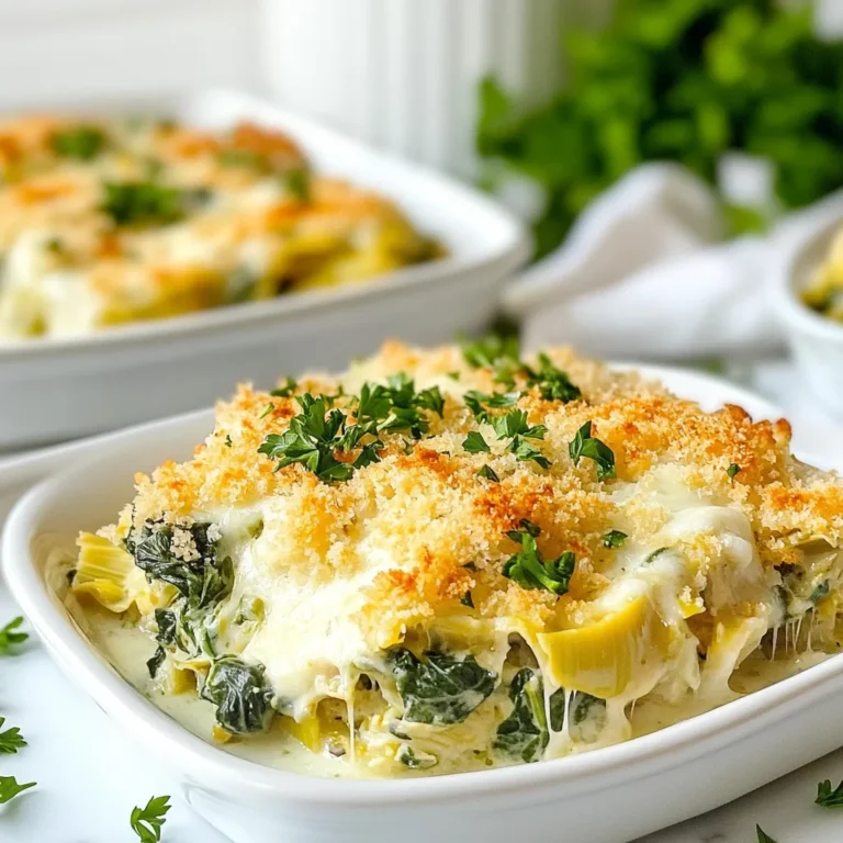 To make this tasty casserole, gather these ingredients: - 2 cups cooked and shredded chicken - 1 cup frozen spinach, thawed and drained - 1 can (14 oz) artichoke hearts, drained and chopped - 1 cup cream cheese, softened - 1/2 cup sour cream - 1 cup shredded mozzarella cheese - 1/2 cup grated Parmesan cheese - 1 teaspoon garlic powder - 1 teaspoon onion powder - 1/2 teaspoon crushed red pepper flakes (optional) - Salt and pepper to taste - 1 cup breadcrumbs (preferably whole wheat) - 2 tablespoons olive oil You can change some ingredients if needed. Here are some ideas: - Chicken: Use rotisserie chicken for quick prep. - Spinach: Fresh spinach works well if you prefer it. - Cream Cheese: Neufchâtel cheese is a lighter choice. - Sour Cream: Greek yogurt can replace sour cream for tang. - Mozzarella: Any cheese you like can be used. - Breadcrumbs: Crushed crackers or oats can replace breadcrumbs. When choosing your ingredients, look for: - Chicken: Use fresh chicken that feels firm and looks pink. - Spinach: Fresh spinach should be bright green and crisp. - Artichokes: Look for tender artichoke hearts in jars or cans. - Cheese: Choose blocks of cheese over pre-shredded for better melting. - Bread: Whole wheat breadcrumbs should be dry and not stale. Selecting fresh ingredients helps your casserole taste its best. {{ingredient_image_1}} Start by preheating your oven to 375°F (190°C). Grease a 9x13 inch casserole dish with cooking spray or a bit of olive oil. This helps the casserole not stick. In a large bowl, mix the softened cream cheese and sour cream until smooth. This is the creamy base of your dish. Next, add the cooked and shredded chicken, thawed spinach, and chopped artichoke hearts. These ingredients give your casserole a hearty texture. Then sprinkle in the garlic powder, onion powder, and crushed red pepper flakes if you like some heat. Mix everything until it is well combined. Season with salt and pepper to taste. Once your chicken and veggies are mixed, spread this mixture evenly into the prepared casserole dish. This ensures every bite is full of flavor. In a separate bowl, combine the breadcrumbs, the rest of the mozzarella, and Parmesan cheese with the olive oil. Stir this mix until the breadcrumbs are coated. This step adds a crunchy topping that pairs well with the creamy filling. Sprinkle this breadcrumb mixture over the chicken and spinach layer in your casserole dish. Now, it’s time to bake! Place your casserole in the preheated oven. Bake for 25-30 minutes. Watch for the top to turn golden brown and bubbly. This is when it's perfectly cooked. Once done, remove it from the oven and let it cool for 5-10 minutes. This cooling time makes slicing easier. Serve it warm and enjoy the rich flavors of spinach, artichokes, and chicken in every bite! To get a great texture in your casserole, make sure to properly drain the spinach. If it’s too wet, it can make the dish soggy. Mix the cream cheese and sour cream until they are very smooth. This helps blend the flavors well. I recommend using shredded chicken instead of diced chicken. Shredded chicken mixes better with the other ingredients. Also, don't skip the breadcrumbs on top! They add a nice crunch. One common mistake is not seasoning the mixture enough. Taste your mix before baking. Adjust with salt and pepper if needed. Another mistake is using too much cheese. While cheese is tasty, too much can make it greasy. Keep the balance right. Lastly, avoid opening the oven door too early. This can cause the casserole to sink and not cook properly. When serving your casserole, I like to add a sprinkle of fresh herbs on top. Parsley or basil gives it color and freshness. You can serve the casserole with a side salad to balance the meal. A simple green salad with a light dressing works well. You might also try crusty bread to soak up the cheesy goodness. Enjoy it warm for the best taste! Pro Tips Use Fresh Spinach: While frozen spinach works well, using fresh spinach will enhance the flavor and texture of your casserole. Sauté it lightly before adding to the mixture for a fresh taste. Cheese Variations: Feel free to experiment with different cheeses like cheddar or gouda for a unique flavor profile. Mixing cheeses can elevate the dish. Make Ahead: Prepare the casserole ahead of time and store it in the fridge. It can be baked later, making it a great option for busy weeknights or gatherings. Crunchy Topping: For extra crunch, add some crushed nuts or seeds to the breadcrumb topping. This adds texture and a nutty flavor that complements the dish. {{image_2}} To make a vegetarian version of this casserole, simply replace the chicken. Use 2 cups of cooked quinoa or chickpeas for protein. This keeps the dish filling and hearty. You can also add more vegetables, like bell peppers or mushrooms, for extra flavor and texture. For a lighter take, swap cream cheese with Greek yogurt. This will cut calories while adding protein. Use low-fat mozzarella and Parmesan cheese to reduce fat, too. Whole wheat breadcrumbs are a great choice, as they add fiber and nutrients. Want to spice things up? Add a teaspoon of smoked paprika or a squeeze of lemon juice. These brighten the flavors and add depth. Fresh herbs like thyme or basil can also enhance the taste. Try adding sun-dried tomatoes for a sweet twist, too! To keep your casserole fresh, let it cool first. Then, place it in an airtight container. This keeps moisture in and prevents drying. Store it in the fridge for up to three days. Always label the container with the date. This way, you know when it’s time to eat it. When you’re ready to enjoy leftovers, preheat your oven to 350°F (175°C). Take the casserole out of the fridge. Cover it with foil to keep it moist. Bake for about 20 minutes. Check the center; it should be hot. If you like a crispy top, remove the foil for the last five minutes. To freeze your casserole, first, cool it completely. Cut it into servings for ease. Wrap each piece tightly in plastic wrap. Then, place the wrapped pieces in a freezer-safe bag. Label the bag with the date. It can last up to three months in the freezer. When you want to eat it, thaw it overnight in the fridge before reheating. You need a 9x13 inch casserole dish. This size works well for this recipe. It holds all the tasty layers without overflowing. Yes, you can use fresh spinach. Just wash and chop about 4 cups. Cook it until wilted, and then drain it well. This gives a bright flavor and fresh texture. The casserole lasts about 3 to 4 days in the fridge. Make sure to store it in an airtight container. This keeps it fresh and tasty for later meals. Absolutely! You can prepare the casserole a day ahead. Just mix all the ingredients and store it in the fridge. Bake it when you're ready to serve. This saves time on busy days. This casserole pairs well with a fresh side salad. A light vinaigrette adds a nice touch. You can also serve it with crusty bread or garlic bread for a complete meal. This blog post covered how to make a tasty Spinach Artichoke Chicken Casserole. We explored the key ingredients and their substitutes. I shared step-by-step instructions for preparing and baking. You learned tips to avoid common mistakes and serve it nicely. In the end, you can mix variations to fit your taste. Store leftovers safely and enjoy them later. With these tips, you can create a dish that's not just good but great. Happy cooking!