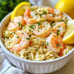 To make Lemon Herb Shrimp Orzo, gather these key ingredients: - 1 pound large shrimp, peeled and deveined - 1 cup orzo pasta - 3 cups vegetable broth - 2 tablespoons olive oil - 3 cloves garlic, minced - 1 lemon, zested and juiced - 1 teaspoon dried oregano - 1 teaspoon dried thyme - 1/2 teaspoon red pepper flakes (optional) - Salt and black pepper to taste - 1/4 cup fresh parsley, chopped - Lemon wedges for serving These ingredients work together to create a bright and tasty dish. You can add these optional items for extra flavor: - Red pepper flakes for a spicy kick - Cherry tomatoes for sweetness and color - Spinach for added nutrients and texture - Feta cheese for a creamy finish Each of these ingredients adds a unique twist to your meal. If you lack some ingredients, here are smart swaps: - Substitute shrimp with chicken or tofu for a different protein. - Use any small pasta if you don’t have orzo. - Swap vegetable broth with chicken broth for more flavor. - Fresh herbs can replace dried herbs, just use more. These substitutions keep your dish flexible and fun! {{ingredient_image_1}} To start, we need to cook our orzo. First, bring 3 cups of vegetable broth to a boil in a large saucepan. Once it’s boiling, add in 1 cup of orzo pasta. Cook it for about 8 to 10 minutes, or until it is al dente. This means it should still have a slight bite to it. After cooking, drain the orzo and set it aside. This step is key for a perfect texture. While the orzo cooks, grab a large skillet. Heat 2 tablespoons of olive oil over medium heat. Once hot, add 3 cloves of minced garlic. Sauté it for about 1 minute until it smells great. Next, add in 1 pound of large shrimp. Season the shrimp with 1 teaspoon of dried oregano, 1 teaspoon of dried thyme, and a pinch of red pepper flakes if you like some heat. Sprinkle with salt and black pepper to taste. Cook the shrimp for around 2 to 3 minutes per side. They should turn pink and opaque. This step brings out the shrimp's best flavor. Once the shrimp is cooked, stir in the zest and juice of 1 lemon. Let these flavors mix for another minute. Then, add the cooked orzo to the skillet. Toss everything together until it's well combined. If your dish looks a bit dry, add a splash of vegetable broth. Finally, remove the skillet from the heat and add 1/4 cup of chopped fresh parsley. This gives a nice fresh touch to the dish. Serve your Lemon Herb Shrimp Orzo in bowls, garnished with extra parsley and lemon wedges. Enjoy this crisp and flavorful delight! To keep shrimp tasty, cook them just right. Shrimp cook fast. They turn pink and opaque when done. Usually, it takes 2-3 minutes on each side. If you cook them too long, they get tough. So, stay nearby and watch them closely. Use a timer if you need to. Orzo needs care, too. Start by boiling water or broth. Make sure it’s bubbling before adding the orzo. Stir it well to keep it from sticking. Follow the package for cooking time, usually 8-10 minutes. Test it a minute before the time is up. It should feel firm but tender. Drain well and do not rinse. This keeps the flavor. Want to boost the taste? Here are some tips: - Add fresh herbs like basil or dill for more flavor. - Toss in sun-dried tomatoes for a sweet twist. - A splash of white wine can add depth. - For a kick, mix in some capers or olives. These fun additions make this dish even more special. Experiment and find your favorite mix! Pro Tips Fresh Shrimp: Always use the freshest shrimp available for the best flavor. If possible, buy them from a local fish market. Cooking Orzo: Stir the orzo occasionally while cooking to prevent it from sticking together and to ensure even cooking. Flavor Boost: For an extra flavor boost, consider adding a splash of white wine to the skillet after cooking the shrimp. Serving Suggestions: Pair the dish with a light salad or grilled vegetables for a refreshing meal. {{image_2}} You can swap shrimp for chicken or tofu. Chicken works well when diced into small pieces. Cook it until golden brown, about 5-7 minutes. Tofu is great for a vegetarian twist. Use firm tofu, cut into cubes, and sauté it until crispy. Both options soak up the lemon and herb flavors nicely. For a full vegan dish, skip the shrimp and add seasonal veggies. Think bell peppers, zucchini, or asparagus. You can also toss in chickpeas for a protein boost. Sauté these veggies with garlic for flavor. The orzo will still shine with lemon and herbs, making it a fresh meal. Change the herbs for a new taste. Fresh basil or dill can give a different twist. You can also add capers for a briny kick. For a spicy version, increase the red pepper flakes. Each variation keeps the dish interesting while still being easy to make. To keep your Lemon Herb Shrimp Orzo fresh, store it in an airtight container. Let it cool down to room temperature before sealing. This prevents moisture buildup. You can store it in the fridge for up to three days. Label the container with the date for easy tracking. When you're ready to enjoy leftovers, reheat in a skillet. Add a splash of vegetable broth to keep it moist. Heat over medium heat, stirring often. You can also microwave it in a covered dish. Heat in short bursts, stirring in between. This helps avoid hot spots and keeps the dish tasty. If you want to save your Lemon Herb Shrimp Orzo for later, freezing is a good option. Place it in a freezer-safe container or bag. Make sure to remove as much air as possible to prevent freezer burn. It can last up to three months in the freezer. When you're ready to eat, thaw overnight in the fridge. Reheat as mentioned before for best results. Yes, you can use frozen shrimp. Just make sure to thaw them first. Place the shrimp in the fridge overnight or run them under cold water for a quick thaw. Once they are thawed, peel and devein if needed. Using frozen shrimp can save you time and still give great flavor. Lemon Herb Shrimp Orzo pairs well with many sides. Consider serving it with a fresh green salad. You could also add roasted vegetables for extra color and taste. Garlic bread is a great choice, too. It helps soak up any leftover sauce. Cooking orzo takes about 8 to 10 minutes. Bring vegetable broth to a boil before adding the orzo. Stir occasionally to prevent sticking. Once it’s al dente, drain it and set aside. This timing helps you keep the orzo firm and tasty. In this blog post, we explored the key ingredients for Lemon Herb Shrimp Orzo, from main to optional items. I walked you through clear steps to prepare this dish, including tips for perfect cooking. Remember to use my advice on storing leftovers and reheating. You can even try variations for different tastes. Cooking should be fun, and this meal is easy to make. Enjoy sharing it with friends and family. With these insights, you can make a delicious dish everyone will love.