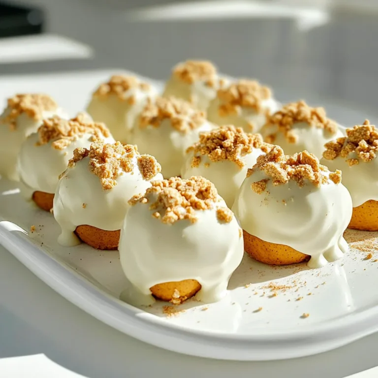 - 1 cup pumpkin puree - 1/2 cup creamy peanut butter - 1/4 cup pure maple syrup - 1 teaspoon vanilla extract - 1 teaspoon pumpkin pie spice - 2 cups rolled oats - 1 cup white chocolate chips - 1/4 cup crushed graham crackers (for topping) - Pinch of salt - 1 cup = 8 fluid ounces - 1/2 cup = 4 fluid ounces - 1/4 cup = 2 fluid ounces - 1 teaspoon = 5 milliliters - Use fresh pumpkin puree for the best taste. Canned puree works too, but check the label for added sugars. - Choose a creamy peanut butter without added sugar or oils. This will keep your bites smooth. - Pure maple syrup gives a rich flavor. Avoid imitation syrup as it lacks depth. - Pick high-quality white chocolate chips for a creamy coating. They should melt evenly and taste great. - For the pumpkin pie spice, look for a blend without fillers. Fresh spices can enhance flavor. - Use rolled oats, not quick oats. Rolled oats give a better texture and bite. - When using graham crackers, crush them just before use for the best crunch. To start, gather all your ingredients. You will need pumpkin puree, peanut butter, maple syrup, vanilla, pumpkin pie spice, rolled oats, white chocolate chips, graham crackers, and salt. This part takes just a few minutes. Make sure you have a large mixing bowl and a baking sheet lined with parchment paper. In your large mixing bowl, combine the following ingredients: - 1 cup pumpkin puree - 1/2 cup creamy peanut butter - 1/4 cup pure maple syrup - 1 teaspoon vanilla extract - 1 teaspoon pumpkin pie spice - Pinch of salt Mix these until smooth. You want everything to blend well. Then, gradually add in the 2 cups of rolled oats. Fold them in gently. Keep mixing until the oats are evenly coated. The mixture should feel thick and sticky. Now, use a small cookie scoop or your hands to form balls. Each ball should be about 1 inch wide. Place them on your lined baking sheet. Next, it's time to melt the white chocolate chips. Place them in a microwave-safe bowl. Heat them in 20-second intervals. Stir after each interval. Keep going until the chocolate is smooth and creamy. Now, take each pumpkin bite and dip it into the melted white chocolate. Make sure to coat each bite fully. After that, return the bites to the baking sheet. While the chocolate is still warm, sprinkle crushed graham crackers on top. This adds a nice crunch. Finally, let the tray chill in the fridge for about 30 minutes. This helps the white chocolate set well. To make your no bake white chocolate pumpkin bites, start with a large bowl. Add pumpkin puree, peanut butter, maple syrup, vanilla, pumpkin pie spice, and salt. Mix these well until smooth. This creates a tasty base. Next, gradually fold in the rolled oats. This helps the mixture thicken. Use a small cookie scoop or your hands to form one-inch balls. Keep them uniform in size for even coating. Place each ball on a parchment-lined tray for easy handling. For the chocolate coating, use white chocolate chips. Melt them carefully in the microwave. Heat in 20-second bursts and stir in between. This keeps the chocolate smooth and creamy. Once melted, dip each pumpkin bite fully into the chocolate. Ensure they are well coated. This adds a sweet layer that pairs well with pumpkin. Return the coated bites to the tray and work quickly while the chocolate is warm. To serve your pumpkin bites, arrange them on a nice plate. You can drizzle some leftover melted white chocolate on top. This adds a lovely touch. For extra flair, sprinkle a bit of pumpkin pie spice over them. This not only looks good but also boosts the flavor. Consider using decorative cupcake liners for individual servings. They add charm and make sharing easy. {{image_2}} You can switch out peanut butter for other nut butters. Almond butter or cashew butter works well. These options add a unique flavor. If you want to make it nut-free, try sunflower seed butter. For sweeteners, feel free to use honey or agave syrup. Each choice changes the taste just a bit. Mix-ins can add a fun twist to your bites. You might try mini chocolate chips, chopped nuts, or dried cranberries. Each mix-in adds texture and flavor. For toppings, you can use shredded coconut or a drizzle of caramel. These additions make the bites even more fun and tasty. You can change the spice mix to fit the season. For fall, keep pumpkin pie spice. For winter, add cinnamon or nutmeg. In spring, try a hint of lemon zest for a fresh taste. In summer, a dash of coconut can brighten the flavor. Each season offers new ways to enjoy these bites. To keep your no bake white chocolate pumpkin bites fresh, place them in an airtight container. You can stack them, but make sure to add parchment paper between layers. This keeps them from sticking together. Store the container in the refrigerator. The cool environment helps maintain their texture and flavor. These pumpkin bites last about one week in the fridge. If you want to keep them longer, consider freezing them. To freeze, place the bites on a tray in a single layer. Once they're frozen solid, transfer them to a freezer-safe bag. They can last up to three months in the freezer. When ready to eat, let them thaw in the fridge overnight. You don’t need to reheat these bites. They are best enjoyed cold. If they seem a bit hard after freezing, let them sit at room temperature for a few minutes. This will help soften them slightly. For a fresh taste, you can drizzle a bit of melted white chocolate on top before serving. Yes, you can use canned pumpkin. Canned pumpkin is the same as pumpkin puree. It saves time. Just make sure it is pure pumpkin. Check the label for added spices or sugars. Canned pumpkin works well in this recipe. If you lack white chocolate chips, try other options. You can use dark chocolate or milk chocolate chips. Melt them just like the white chocolate. This change will give a different taste but will still be delicious. To make these bites vegan, swap out a few ingredients. Use almond butter or cashew butter instead of peanut butter. Replace maple syrup with agave syrup if needed. Choose dairy-free chocolate chips for coating. These swaps keep the bites tasty and vegan-friendly. This article covered everything you need to know about making pumpkin bites. We explored ingredients, detailed steps, and valuable tips. You learned about variations to customize your bites and how to store them correctly. In conclusion, with the right ingredients and methods, you can create tasty treats. Enjoy experimenting with flavors and sharing them with friends. You now have all the tools to make pumpkin bites that shine.