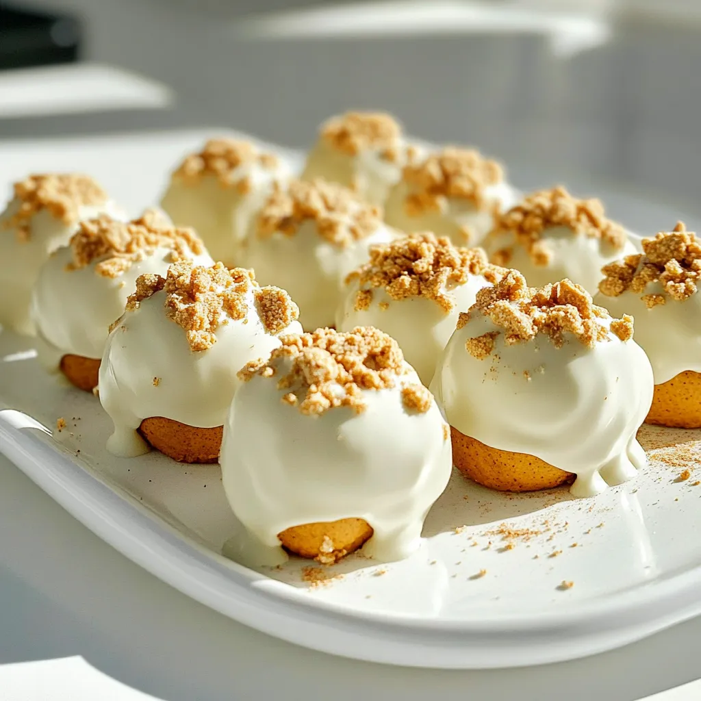 - 1 cup pumpkin puree - 1/2 cup creamy peanut butter - 1/4 cup pure maple syrup - 1 teaspoon vanilla extract - 1 teaspoon pumpkin pie spice - 2 cups rolled oats - 1 cup white chocolate chips - 1/4 cup crushed graham crackers (for topping) - Pinch of salt - 1 cup = 8 fluid ounces - 1/2 cup = 4 fluid ounces - 1/4 cup = 2 fluid ounces - 1 teaspoon = 5 milliliters - Use fresh pumpkin puree for the best taste. Canned puree works too, but check the label for added sugars. - Choose a creamy peanut butter without added sugar or oils. This will keep your bites smooth. - Pure maple syrup gives a rich flavor. Avoid imitation syrup as it lacks depth. - Pick high-quality white chocolate chips for a creamy coating. They should melt evenly and taste great. - For the pumpkin pie spice, look for a blend without fillers. Fresh spices can enhance flavor. - Use rolled oats, not quick oats. Rolled oats give a better texture and bite. - When using graham crackers, crush them just before use for the best crunch. To start, gather all your ingredients. You will need pumpkin puree, peanut butter, maple syrup, vanilla, pumpkin pie spice, rolled oats, white chocolate chips, graham crackers, and salt. This part takes just a few minutes. Make sure you have a large mixing bowl and a baking sheet lined with parchment paper. In your large mixing bowl, combine the following ingredients: - 1 cup pumpkin puree - 1/2 cup creamy peanut butter - 1/4 cup pure maple syrup - 1 teaspoon vanilla extract - 1 teaspoon pumpkin pie spice - Pinch of salt Mix these until smooth. You want everything to blend well. Then, gradually add in the 2 cups of rolled oats. Fold them in gently. Keep mixing until the oats are evenly coated. The mixture should feel thick and sticky. Now, use a small cookie scoop or your hands to form balls. Each ball should be about 1 inch wide. Place them on your lined baking sheet. Next, it's time to melt the white chocolate chips. Place them in a microwave-safe bowl. Heat them in 20-second intervals. Stir after each interval. Keep going until the chocolate is smooth and creamy. Now, take each pumpkin bite and dip it into the melted white chocolate. Make sure to coat each bite fully. After that, return the bites to the baking sheet. While the chocolate is still warm, sprinkle crushed graham crackers on top. This adds a nice crunch. Finally, let the tray chill in the fridge for about 30 minutes. This helps the white chocolate set well. To make your no bake white chocolate pumpkin bites, start with a large bowl. Add pumpkin puree, peanut butter, maple syrup, vanilla, pumpkin pie spice, and salt. Mix these well until smooth. This creates a tasty base. Next, gradually fold in the rolled oats. This helps the mixture thicken. Use a small cookie scoop or your hands to form one-inch balls. Keep them uniform in size for even coating. Place each ball on a parchment-lined tray for easy handling. For the chocolate coating, use white chocolate chips. Melt them carefully in the microwave. Heat in 20-second bursts and stir in between. This keeps the chocolate smooth and creamy. Once melted, dip each pumpkin bite fully into the chocolate. Ensure they are well coated. This adds a sweet layer that pairs well with pumpkin. Return the coated bites to the tray and work quickly while the chocolate is warm. To serve your pumpkin bites, arrange them on a nice plate. You can drizzle some leftover melted white chocolate on top. This adds a lovely touch. For extra flair, sprinkle a bit of pumpkin pie spice over them. This not only looks good but also boosts the flavor. Consider using decorative cupcake liners for individual servings. They add charm and make sharing easy. {{image_2}} You can switch out peanut butter for other nut butters. Almond butter or cashew butter works well. These options add a unique flavor. If you want to make it nut-free, try sunflower seed butter. For sweeteners, feel free to use honey or agave syrup. Each choice changes the taste just a bit. Mix-ins can add a fun twist to your bites. You might try mini chocolate chips, chopped nuts, or dried cranberries. Each mix-in adds texture and flavor. For toppings, you can use shredded coconut or a drizzle of caramel. These additions make the bites even more fun and tasty. You can change the spice mix to fit the season. For fall, keep pumpkin pie spice. For winter, add cinnamon or nutmeg. In spring, try a hint of lemon zest for a fresh taste. In summer, a dash of coconut can brighten the flavor. Each season offers new ways to enjoy these bites. To keep your no bake white chocolate pumpkin bites fresh, place them in an airtight container. You can stack them, but make sure to add parchment paper between layers. This keeps them from sticking together. Store the container in the refrigerator. The cool environment helps maintain their texture and flavor. These pumpkin bites last about one week in the fridge. If you want to keep them longer, consider freezing them. To freeze, place the bites on a tray in a single layer. Once they're frozen solid, transfer them to a freezer-safe bag. They can last up to three months in the freezer. When ready to eat, let them thaw in the fridge overnight. You don’t need to reheat these bites. They are best enjoyed cold. If they seem a bit hard after freezing, let them sit at room temperature for a few minutes. This will help soften them slightly. For a fresh taste, you can drizzle a bit of melted white chocolate on top before serving. Yes, you can use canned pumpkin. Canned pumpkin is the same as pumpkin puree. It saves time. Just make sure it is pure pumpkin. Check the label for added spices or sugars. Canned pumpkin works well in this recipe. If you lack white chocolate chips, try other options. You can use dark chocolate or milk chocolate chips. Melt them just like the white chocolate. This change will give a different taste but will still be delicious. To make these bites vegan, swap out a few ingredients. Use almond butter or cashew butter instead of peanut butter. Replace maple syrup with agave syrup if needed. Choose dairy-free chocolate chips for coating. These swaps keep the bites tasty and vegan-friendly. This article covered everything you need to know about making pumpkin bites. We explored ingredients, detailed steps, and valuable tips. You learned about variations to customize your bites and how to store them correctly. In conclusion, with the right ingredients and methods, you can create tasty treats. Enjoy experimenting with flavors and sharing them with friends. You now have all the tools to make pumpkin bites that shine.