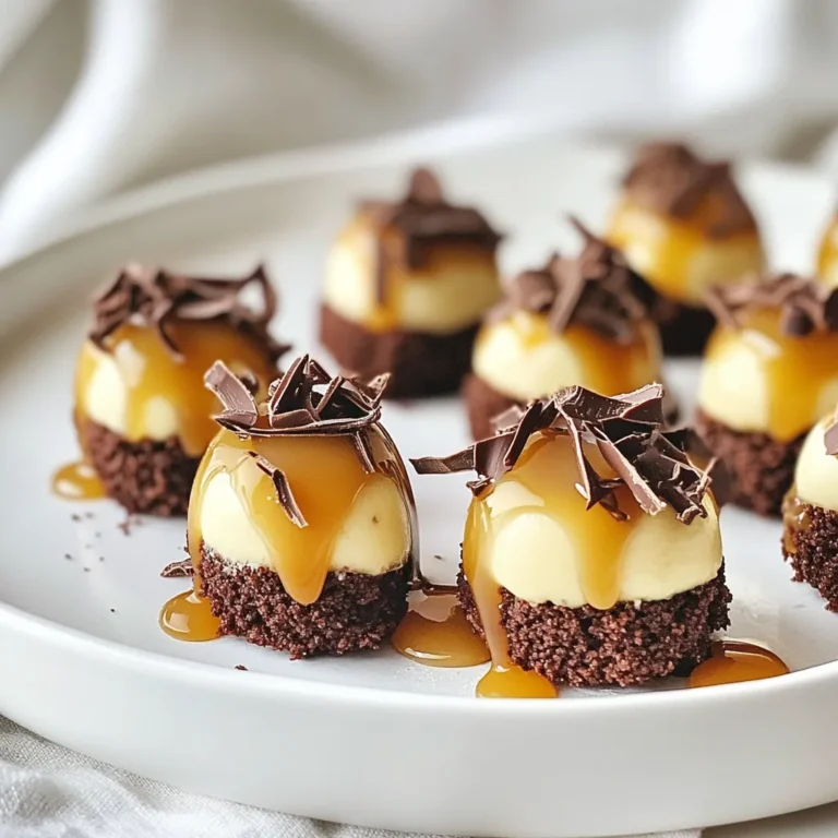 To make these No Bake Chocolate Caramel Cheesecake Bites, you will need: - 1 cup cream cheese, softened - 1/2 cup powdered sugar - 1/2 cup heavy whipping cream - 1 teaspoon vanilla extract - 1/2 cup caramel sauce, divided - 1 cup chocolate cookie crumbs (like Oreos) - 1/4 cup unsweetened cocoa powder - A pinch of sea salt - Shaved chocolate or cocoa powder for garnish These ingredients create a rich and tasty treat. Each one adds a special flavor that makes these bites unique. You can make these bites even more fun by adding: - Chopped nuts for crunch - Mini chocolate chips for extra sweetness - A sprinkle of sea salt on top for a salty kick - Different flavored extracts, like almond or mint Feel free to get creative! Each option brings new tastes and textures to the bites. If you don't have certain ingredients, you can try these swaps: - Use mascarpone cheese instead of cream cheese for a creamier texture. - Swap heavy cream with coconut cream for a dairy-free option. - Use honey or agave syrup instead of powdered sugar for a natural sweetener. - Replace chocolate cookie crumbs with graham cracker crumbs for a different base. These substitutions can help you adjust the recipe to fit your taste or dietary needs. {{ingredient_image_1}} To start, grab a mixing bowl. Beat the softened cream cheese until it is smooth. I use an electric mixer for this step. Next, slowly add the powdered sugar and vanilla extract. Keep mixing until everything blends well. In another bowl, whip the heavy cream until you see stiff peaks. This means it holds its shape well. Now, gently fold the whipped cream into the cream cheese mix. Be careful not to deflate the whipped cream. This step keeps your bites light and fluffy. Take about 1/4 cup of the caramel sauce and swirl it into the cream cheese mix. This creates a lovely marbled look. When mixing, use a rubber spatula for folding. It helps combine the ingredients without losing air. Start with a small amount of whipped cream. Mix it in first to lighten the cream cheese. Then, add the rest and fold gently. The goal is to keep the mixture airy. If you see any lumps, don’t worry. Gently mix them out, but don’t overdo it. You want that fluffy texture. Now it's time to form the bites. Use a small cookie scoop or your hands. Take about one inch of the cream cheese mixture and roll it into a ball. After forming the balls, roll each one in the chocolate crumb mixture. Make sure they are fully coated. This adds a crunchy texture. Place the coated balls on a parchment-lined baking sheet. Finally, drizzle the remaining caramel sauce on top of each bite. Chill them in the fridge for at least two hours. This helps them firm up for a perfect treat! To start, you need your cream cheese to be soft. Use cream cheese that sits at room temperature for one hour. This makes it easy to mix. If it's too cold, it won't blend well. I like to cut it into smaller pieces to help it soften faster. Whipping cream can be tricky. First, make sure your bowl and beaters are cold. This helps the cream whip better. Pour your heavy cream into the bowl. Use a mixer set to medium speed. Whip until you see stiff peaks form. This means the cream holds its shape well. These cheesecake bites are fun to serve. You can place them on a pretty plate. Drizzle extra caramel sauce on top for flair. Add some shaved chocolate for an extra treat. You can even sprinkle cocoa powder for a nice touch. Enjoy them chilled for the best taste! Pro Tips Use Room Temperature Ingredients: Make sure your cream cheese is at room temperature for a smooth mixture and easy blending. Chill Thoroughly: Allow the cheesecake bites to chill for a minimum of 2 hours to ensure they hold their shape when served. Experiment with Flavors: Feel free to add a splash of your favorite liqueur or extract to the cream cheese mixture for an extra flavor boost. Garnish Creatively: Get creative with your toppings! Try crushed nuts or sprinkles for added texture and flavor. {{image_2}} You can switch up the flavors of these cheesecake bites easily. Try adding fresh fruit like strawberries or raspberries. Just chop them small and fold them into the cream cheese mix. Nuts also make a great addition. Crushed walnuts or pecans add crunch and flavor. You can even use different extracts, like almond or coconut, to change the taste. Each twist makes the bites unique and fun! Changing the coating can add a new twist to your bites. Instead of chocolate crumbs, use crushed graham crackers for a classic taste. You could also roll the bites in finely chopped nuts for a crunchy outer layer. If you want a sweet touch, try rolling them in sprinkles or shredded coconut. Each coating gives a different texture and look. Get creative with how you finish them! Making these bites dairy-free or vegan is simple, too. Use vegan cream cheese in place of regular cream cheese. You can also replace heavy cream with coconut cream for that rich texture. For the caramel sauce, find a vegan brand or make a simple one using coconut sugar and almond milk. These swaps keep the flavor while meeting dietary needs. Enjoy the same delicious bites without the dairy! To store your no bake chocolate caramel cheesecake bites, place them in an airtight container. Use a container that fits the bites snugly to prevent them from moving around. You can layer the bites between sheets of parchment paper. This will stop them from sticking together. These bites will last in the fridge for about five days. If you want to keep them longer, you can freeze them. To freeze, place the bites in a single layer on a baking sheet. Freeze them for about two hours until they are firm. Then, transfer them to an airtight container or freezer bag. They will stay good for up to three months in the freezer. To keep your cheesecake bites fresh, always use clean utensils when serving. Avoid letting them sit out at room temperature for too long. If you notice any changes in texture or smell, it's best to throw them away. Enjoy these bites fresh for the best taste and texture. Yes, you can make these bites ahead of time. They taste even better after chilling. Just prepare the bites, chill them, and store them in an airtight container. You can keep them in the fridge for up to five days. This makes them great for parties or snacks. If your cream cheese is too soft, put it in the fridge for a bit. Chilling it can make it firmer. Another option is to mix in a bit of powdered sugar. This can help thicken the cream cheese. Just remember to mix gently to keep it smooth. To make these bites healthier, you can use low-fat cream cheese. You can also swap the powdered sugar for a sugar substitute. For a healthier crust, try using crushed nuts instead of cookie crumbs. You could also add fresh fruit for extra flavor and nutrients. In this blog post, I covered how to make no-bake cheesecake bites. We discussed the must-have ingredients, plus some optional ones to customize your bites. I shared clear steps for preparation and tips on mixing and folding. You learned about variations, like flavor and coating options, and how to store your treats. These bites are easy to make and fun to share. Enjoy creating your own unique versions!