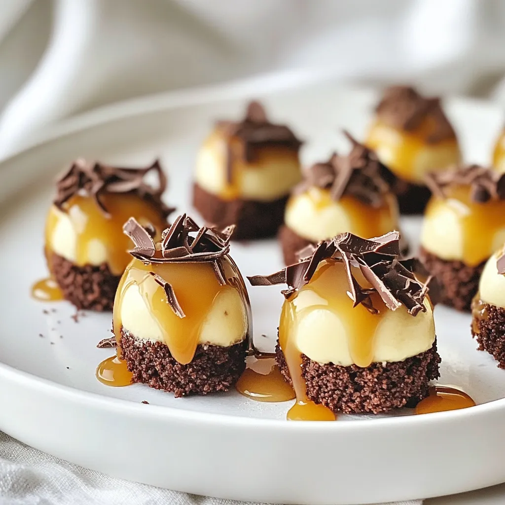 To make these No Bake Chocolate Caramel Cheesecake Bites, you will need: - 1 cup cream cheese, softened - 1/2 cup powdered sugar - 1/2 cup heavy whipping cream - 1 teaspoon vanilla extract - 1/2 cup caramel sauce, divided - 1 cup chocolate cookie crumbs (like Oreos) - 1/4 cup unsweetened cocoa powder - A pinch of sea salt - Shaved chocolate or cocoa powder for garnish These ingredients create a rich and tasty treat. Each one adds a special flavor that makes these bites unique. You can make these bites even more fun by adding: - Chopped nuts for crunch - Mini chocolate chips for extra sweetness - A sprinkle of sea salt on top for a salty kick - Different flavored extracts, like almond or mint Feel free to get creative! Each option brings new tastes and textures to the bites. If you don't have certain ingredients, you can try these swaps: - Use mascarpone cheese instead of cream cheese for a creamier texture. - Swap heavy cream with coconut cream for a dairy-free option. - Use honey or agave syrup instead of powdered sugar for a natural sweetener. - Replace chocolate cookie crumbs with graham cracker crumbs for a different base. These substitutions can help you adjust the recipe to fit your taste or dietary needs. {{ingredient_image_1}} To start, grab a mixing bowl. Beat the softened cream cheese until it is smooth. I use an electric mixer for this step. Next, slowly add the powdered sugar and vanilla extract. Keep mixing until everything blends well. In another bowl, whip the heavy cream until you see stiff peaks. This means it holds its shape well. Now, gently fold the whipped cream into the cream cheese mix. Be careful not to deflate the whipped cream. This step keeps your bites light and fluffy. Take about 1/4 cup of the caramel sauce and swirl it into the cream cheese mix. This creates a lovely marbled look. When mixing, use a rubber spatula for folding. It helps combine the ingredients without losing air. Start with a small amount of whipped cream. Mix it in first to lighten the cream cheese. Then, add the rest and fold gently. The goal is to keep the mixture airy. If you see any lumps, don’t worry. Gently mix them out, but don’t overdo it. You want that fluffy texture. Now it's time to form the bites. Use a small cookie scoop or your hands. Take about one inch of the cream cheese mixture and roll it into a ball. After forming the balls, roll each one in the chocolate crumb mixture. Make sure they are fully coated. This adds a crunchy texture. Place the coated balls on a parchment-lined baking sheet. Finally, drizzle the remaining caramel sauce on top of each bite. Chill them in the fridge for at least two hours. This helps them firm up for a perfect treat! To start, you need your cream cheese to be soft. Use cream cheese that sits at room temperature for one hour. This makes it easy to mix. If it's too cold, it won't blend well. I like to cut it into smaller pieces to help it soften faster. Whipping cream can be tricky. First, make sure your bowl and beaters are cold. This helps the cream whip better. Pour your heavy cream into the bowl. Use a mixer set to medium speed. Whip until you see stiff peaks form. This means the cream holds its shape well. These cheesecake bites are fun to serve. You can place them on a pretty plate. Drizzle extra caramel sauce on top for flair. Add some shaved chocolate for an extra treat. You can even sprinkle cocoa powder for a nice touch. Enjoy them chilled for the best taste! Pro Tips Use Room Temperature Ingredients: Make sure your cream cheese is at room temperature for a smooth mixture and easy blending. Chill Thoroughly: Allow the cheesecake bites to chill for a minimum of 2 hours to ensure they hold their shape when served. Experiment with Flavors: Feel free to add a splash of your favorite liqueur or extract to the cream cheese mixture for an extra flavor boost. Garnish Creatively: Get creative with your toppings! Try crushed nuts or sprinkles for added texture and flavor. {{image_2}} You can switch up the flavors of these cheesecake bites easily. Try adding fresh fruit like strawberries or raspberries. Just chop them small and fold them into the cream cheese mix. Nuts also make a great addition. Crushed walnuts or pecans add crunch and flavor. You can even use different extracts, like almond or coconut, to change the taste. Each twist makes the bites unique and fun! Changing the coating can add a new twist to your bites. Instead of chocolate crumbs, use crushed graham crackers for a classic taste. You could also roll the bites in finely chopped nuts for a crunchy outer layer. If you want a sweet touch, try rolling them in sprinkles or shredded coconut. Each coating gives a different texture and look. Get creative with how you finish them! Making these bites dairy-free or vegan is simple, too. Use vegan cream cheese in place of regular cream cheese. You can also replace heavy cream with coconut cream for that rich texture. For the caramel sauce, find a vegan brand or make a simple one using coconut sugar and almond milk. These swaps keep the flavor while meeting dietary needs. Enjoy the same delicious bites without the dairy! To store your no bake chocolate caramel cheesecake bites, place them in an airtight container. Use a container that fits the bites snugly to prevent them from moving around. You can layer the bites between sheets of parchment paper. This will stop them from sticking together. These bites will last in the fridge for about five days. If you want to keep them longer, you can freeze them. To freeze, place the bites in a single layer on a baking sheet. Freeze them for about two hours until they are firm. Then, transfer them to an airtight container or freezer bag. They will stay good for up to three months in the freezer. To keep your cheesecake bites fresh, always use clean utensils when serving. Avoid letting them sit out at room temperature for too long. If you notice any changes in texture or smell, it's best to throw them away. Enjoy these bites fresh for the best taste and texture. Yes, you can make these bites ahead of time. They taste even better after chilling. Just prepare the bites, chill them, and store them in an airtight container. You can keep them in the fridge for up to five days. This makes them great for parties or snacks. If your cream cheese is too soft, put it in the fridge for a bit. Chilling it can make it firmer. Another option is to mix in a bit of powdered sugar. This can help thicken the cream cheese. Just remember to mix gently to keep it smooth. To make these bites healthier, you can use low-fat cream cheese. You can also swap the powdered sugar for a sugar substitute. For a healthier crust, try using crushed nuts instead of cookie crumbs. You could also add fresh fruit for extra flavor and nutrients. In this blog post, I covered how to make no-bake cheesecake bites. We discussed the must-have ingredients, plus some optional ones to customize your bites. I shared clear steps for preparation and tips on mixing and folding. You learned about variations, like flavor and coating options, and how to store your treats. These bites are easy to make and fun to share. Enjoy creating your own unique versions!