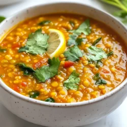 - 1 cup red lentils, rinsed and drained - 1 medium onion, chopped - 3 cloves garlic, minced - 1 medium carrot, diced - 1 stalk celery, diced - 1 teaspoon ground cumin - 1 teaspoon ground turmeric - 1/2 teaspoon smoked paprika - 6 cups vegetable broth - 1 can (14 oz) diced tomatoes - 2 cups spinach, chopped - Salt and pepper to taste - 2 tablespoons olive oil - Fresh lemon juice for garnish - Chopped fresh cilantro for garnish Red lentils are a great source of protein and fiber. They help keep you full and support good digestion. Onions add flavor and have antioxidants. Garlic boosts your immune system and adds a savory taste. Carrots provide beta-carotene, which is good for your eyes. Celery has high water content, making it refreshing and hydrating. Cumin and turmeric both have anti-inflammatory properties. They can help reduce swelling in the body. Smoked paprika adds a rich flavor without extra calories. Vegetable broth serves as a low-calorie base, while diced tomatoes add vitamins and a touch of sweetness. Spinach is packed with iron and vitamins A and C. Finally, lemon juice brightens up the soup and adds vitamin C, while cilantro gives it a fresh taste. If you lack red lentils, try green or brown lentils, but adjust cooking time. For a nut-free option, use sunflower oil instead of olive oil. You can swap spinach with kale or Swiss chard for a different green. If you prefer a richer flavor, add a splash of coconut milk. For spice lovers, toss in a pinch of cayenne for heat. If you're short on fresh herbs, dried herbs can work in a pinch, though fresh is always best! {{ingredient_image_1}} Start by heating 2 tablespoons of olive oil in a large pot over medium heat. Add 1 chopped onion, 1 diced carrot, and 1 diced celery stalk. Cook these for about 5 to 7 minutes until they soften. The aroma makes the kitchen feel warm and inviting. Next, add 3 minced garlic cloves, 1 teaspoon of ground cumin, 1 teaspoon of ground turmeric, and 1/2 teaspoon of smoked paprika. Stir these in and cook for 1 minute until you smell the spices. This step builds a tasty base for your soup. Now it's time to add the main ingredients. Pour in 1 cup of rinsed red lentils, 6 cups of vegetable broth, and 1 can of diced tomatoes (14 oz). Bring this mix to a boil. Once it bubbles, lower the heat to low. Cover the pot and let it simmer for about 25 minutes. The lentils should become tender during this time. Stir occasionally to keep everything mixed. After the lentils are tender, stir in 2 cups of chopped spinach. Cook for another 5 minutes until the spinach wilts. This adds vibrant color and nutrients to the soup. Finally, taste the soup and add salt and pepper as needed. Serve it hot. For a bright finish, squeeze fresh lemon juice on top and sprinkle chopped cilantro. This gives the soup a fresh flavor that brightens every bite. For a smooth soup, blend it after cooking. Use an immersion blender for ease. If you like some chunks, blend just half. This gives a nice contrast. The lentils should be soft, but not mushy. If they are overcooked, the soup will lose its body. Keep an eye on the cooking time. Adding spices can elevate your soup. Try a dash of cayenne for heat. A sprinkle of fresh herbs like basil or parsley adds brightness. You can also squeeze in some lemon juice at the end. This gives a fresh taste and helps balance the flavors. Taste before serving and adjust salt and pepper as needed. To save time, chop your veggies in advance. You can store them in the fridge until you’re ready to cook. Using canned tomatoes cuts down on prep time too. A pressure cooker can also speed up cooking. If you have one, cook the lentils in just a few minutes. This makes it quick and easy for busy days. Pro Tips Rinse Lentils: Always rinse lentils before cooking to remove any dust or impurities, ensuring a cleaner flavor in your soup. Customize Seasoning: Feel free to adjust the spices according to your taste preferences. Adding a pinch of cayenne pepper can enhance the heat for spice lovers! Storage Tips: This soup can be stored in the refrigerator for up to 5 days. It also freezes well, making it a perfect meal prep option. Fresh Herbs: For an extra burst of flavor, experiment with different herbs like parsley or dill as a garnish instead of cilantro. {{image_2}} You can boost this soup's nutrition with simple add-ins. Here are some great options: - Kale or Swiss Chard: Add these greens for more vitamins. - Chickpeas: They add protein and fiber. - Quinoa: This grain makes the soup heartier and rich in protein. - Sweet Potatoes: They add natural sweetness and extra nutrients. Mix and match these options based on what you have. Each choice will give your soup a unique twist. This soup is flexible for various diets. Here are some easy swaps: - Gluten-Free: The recipe is already gluten-free. Just check the broth. - Vegan: This soup is vegan as written. No changes needed. - Low-Sodium: Use low-sodium vegetable broth to cut back on salt. - Nut-Free: The soup is nut-free, making it safe for those with allergies. These tweaks help everyone enjoy this tasty dish. You can change the flavor of your soup with a few simple additions. Try these ideas: - Coconut Milk: Add a creamy texture and tropical taste. - Lemon Zest: Use this for a bright, fresh note. - Red Pepper Flakes: Sprinkle in some heat if you like spice. - Fresh Herbs: Add basil or parsley for an aromatic lift. These options help keep the soup exciting and new every time you make it. Enjoy experimenting! After making your Red Lentil Detox Soup, let it cool first. Pour the soup into an airtight container. Store it in the fridge for up to five days. This keeps the soup fresh and tasty. When you’re ready to eat, just take it out. If you want to save some for later, freezing works great! Pour cooled soup into freezer-safe bags or containers. Leave some space at the top for expansion. You can freeze the soup for up to three months. When you're ready, thaw it overnight in the fridge. To reheat your soup, you can use the stove or microwave. For the stove, heat in a pot over medium heat. Stir often until it's warm. For the microwave, use a microwave-safe bowl. Heat in short bursts, stirring between each burst. This keeps the flavor and texture just right. Red lentils are great for detox. They are high in fiber. Fiber helps your body flush out toxins. This keeps your gut healthy. Red lentils also have protein, which helps build muscles. Plus, they are low in fat. This makes them a smart choice for health. They contain vitamins and minerals like iron and folate. These nutrients support your immune system. Eating red lentils can help you feel lighter and more energized. Yes, you can. A slow cooker is a great way to make this soup. Just add all your ingredients to the slow cooker. Set it on low for 6 to 8 hours, or on high for about 3 to 4 hours. The soup will taste just as good. The slow cooking allows the flavors to blend well. You may want to add the spinach in the last 30 minutes. This keeps it fresh and vibrant. The soup can last in the fridge for about 4 to 5 days. Store it in an airtight container. This helps keep it fresh and safe to eat. When you want to eat it again, just reheat it on the stove or in the microwave. If you notice any changes in color or smell, it’s best to throw it out. Always trust your senses when it comes to food safety. This blog post covered how to make red lentil detox soup. You learned about key ingredients and their health benefits. I shared tips for perfecting texture and flavor, plus variations for dietary needs. You also discovered how to store leftovers and answered common FAQs. Incorporating this nutritious soup into your diet can boost your health. Enjoy experimenting with recipes and make this soup your own.