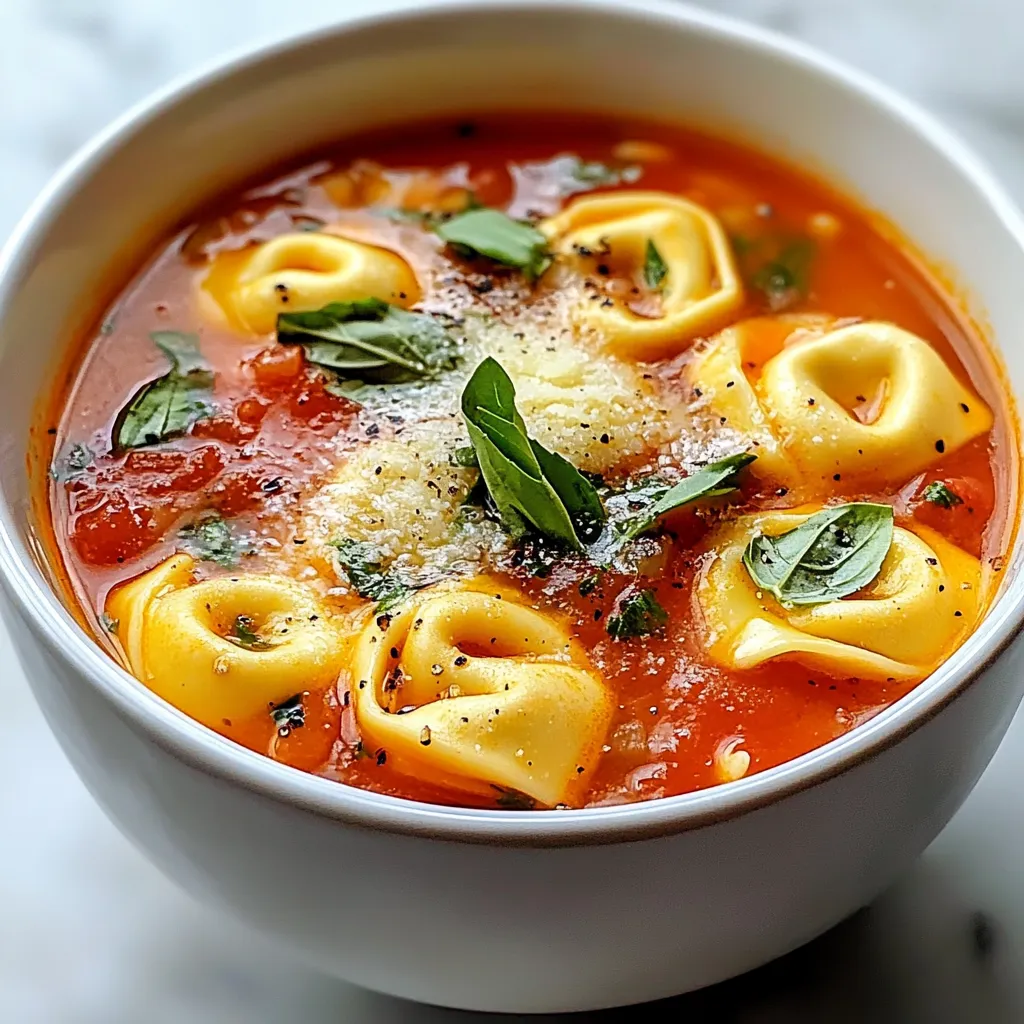 To make Tomato Basil Tortellini Soup, you will need: - 2 cups vegetable broth - 1 can (15 oz) diced tomatoes, undrained - 1 cup fresh basil leaves, chopped - 1 package (9 oz) cheese tortellini - 1 medium onion, diced - 3 cloves garlic, minced - 1 tablespoon olive oil - 1 teaspoon dried oregano - 1 teaspoon salt - 1/2 teaspoon black pepper - 1 tablespoon balsamic vinegar - Grated Parmesan cheese for serving When you shop for ingredients, focus on quality. Look for fresh basil with bright green leaves. Avoid wilted or yellow leaves. Choose firm tomatoes without blemishes. For onions and garlic, pick bulbs that feel heavy and have dry skins. Also, check the tortellini package for freshness dates. Fresh pasta has a softer texture and better taste. This soup is healthy and packed with flavor. Each serving contains about: - Calories: 220 - Protein: 8g - Carbs: 32g - Fat: 7g For dietary needs, this soup is vegetarian. You can use gluten-free tortellini to make it gluten-free. It’s a light meal full of vitamins and minerals from the tomatoes and basil. Enjoy it as a warm and comforting dish! {{ingredient_image_1}} 1. Start by heating the olive oil in a large pot over medium heat. 2. Add the diced onion. Sauté it for about 5 minutes. The onion should turn soft and clear. 3. Next, stir in the minced garlic and dried oregano. Cook for 1-2 minutes until you smell the aroma. 4. Now, pour in the vegetable broth and the canned tomatoes, including their juices. Bring it to a gentle simmer. 5. Add the cheese tortellini to the pot. Cook them as per the package instructions, usually 5-7 minutes. They will float when they are done. 6. Once the tortellini are tender, stir in the chopped basil, balsamic vinegar, salt, and black pepper. Let it simmer for another 2-3 minutes. - Use fresh basil for a bright flavor. It makes a big difference. - Don’t skip the balsamic vinegar. It adds depth and a slight tang. - Keep an eye on the tortellini. Overcooked tortellini can become mushy. - Taste the soup before serving. Adjust the salt and pepper if needed. - Large pot: A sturdy pot helps evenly cook your soup. - Wooden spoon: Great for stirring without scratching the pot. - Knife and cutting board: Essential for chopping the onion and basil. - Measuring cups and spoons: Ensure you use the right amounts for your ingredients. To make your Tomato Basil Tortellini Soup even better, try these tips: - Add a pinch of red pepper flakes for a bit of heat. - Stir in spinach or kale for extra greens and nutrients. - Use fresh herbs like thyme or parsley to boost flavor. - Drizzle a bit more balsamic vinegar just before serving for a tangy kick. - Finish with a squeeze of lemon juice for brightness. These small changes can add depth to your soup and make each bowl sing with flavor. When making this soup, be aware of these common pitfalls: - Overcooking the tortellini can make them mushy. Follow the package directions closely. - Forgetting to season can leave your soup flat. Always taste and adjust. - Skipping the sauté step for the onion and garlic can reduce flavor. Take the time to cook them well. - Not using quality broth can impact the taste. Stick to low-sodium vegetable broth for the best results. Avoid these mistakes to serve a bowl full of deliciousness. Serving your Tomato Basil Tortellini Soup can be a joy. Here are some ideas: - Top with grated Parmesan cheese for a creamy, salty finish. - Serve with crusty bread for dipping. It makes a great pairing. - Add a side salad with a light vinaigrette to balance the meal. - Drizzle with olive oil or a sprinkle of fresh basil for a nice touch. These suggestions can elevate your meal and impress your guests. Pro Tips Use Fresh Ingredients: For the best flavor, opt for fresh basil and high-quality vegetable broth. Customize Your Soup: Feel free to add other vegetables like spinach or zucchini for extra nutrition. Balsamic Vinegar Boost: Adding balsamic vinegar at the end enhances the soup's depth and balances the flavors. Perfect Tortellini Cooking: Keep an eye on the tortellini; they are done when they float to the top of the soup. {{image_2}} You can easily make this soup gluten-free by using gluten-free tortellini. Many brands offer gluten-free options made from rice or corn flour. For a vegan version, swap cheese tortellini for a plant-based one. You should also use vegetable broth and skip the Parmesan cheese. The flavors will still shine through without the cheese. You can change the soup based on the season. In summer, add fresh zucchini or sweet corn for a light twist. In fall, try adding diced butternut squash for sweetness. Fresh herbs like thyme or parsley can also add new layers of flavor. Seasonal veggies make your soup fresh and exciting all year long. If you want to switch up the pasta, use small shells or even orzo. These shapes work well with the soup’s texture. For added protein, consider diced chicken or white beans. They blend nicely and make the soup heartier. You can also use lentils for a plant-based protein option. Each choice brings a unique taste and texture to your bowl. Once your soup cools, store it in an airtight container. Use glass or plastic containers. Make sure to leave some space at the top, as the soup may expand. Place the container in the fridge. It will stay fresh for about 3 to 4 days. To reheat, pour the soup into a pot. Heat it on medium-low, stirring often. This helps prevent it from sticking. You may need to add a splash of broth or water. This keeps it from getting too thick. Heat until warm, usually about 5 to 10 minutes. If you want to freeze the soup, use freezer-safe containers. Leave space at the top, just like before. The soup can last about 2 to 3 months in the freezer. When you’re ready to eat it, thaw it overnight in the fridge. Reheat it on the stove when ready. This keeps the flavors fresh. To make your soup spicy, add red pepper flakes. Start with a pinch. Stir it in while cooking the garlic. You can also add hot sauce for heat. If you love bold flavors, try diced jalapeños. They add a nice kick without overwhelming the taste. Adjust the spice to your liking as you cook. Yes, you can use fresh tomatoes! Use about four medium tomatoes. Dice them and add them to the pot. You should cook them until soft before adding the broth. Fresh tomatoes give a bright flavor. However, canned tomatoes are convenient and delicious, too. Choose what works best for you! If you want a change from cheese tortellini, try mushroom or spinach tortellini. You can also use regular pasta like penne or shells. If you prefer a lighter option, use zucchini noodles. Cook them just before serving to keep them firm. Each choice brings a new twist to the soup! This blog post offered a full guide to making Tomato Basil Tortellini Soup. You learned about essential ingredients, how to select fresh items, and important nutrition facts. I shared step-by-step cooking instructions and useful tips for the best results. We explored flavor enhancements, common mistakes, and various serving ideas. In the end, you can make a delicious soup that suits your tastes. Enjoy experimenting with fresh ingredients and customizing it to your needs!