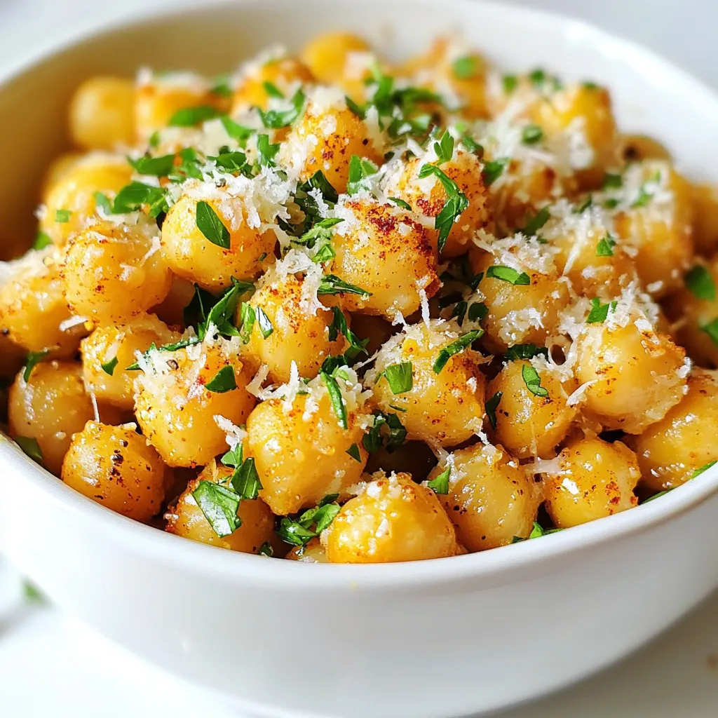 To make Garlic Parmesan Roasted Chickpeas, you'll need a few key items: - 1 can (15 oz) chickpeas, rinsed and drained - 2 tablespoons olive oil - 3 cloves garlic, minced - 1/4 cup grated Parmesan cheese - 1 teaspoon smoked paprika - 1/2 teaspoon salt - 1/4 teaspoon black pepper - 2 tablespoons fresh parsley, chopped (for garnish) These ingredients blend together to create a tasty snack. The chickpeas bring fiber and protein. Olive oil adds healthy fats. Garlic gives a strong flavor, and Parmesan adds a salty, cheesy touch. You can tweak the recipe to fit your taste. Here are some options: - Lemon zest for a fresh kick - Red pepper flakes for extra heat - Different cheeses like cheddar or feta - Other herbs like thyme or rosemary These optional ingredients let you play with flavors. Feel free to mix and match to find what you enjoy most. Garlic Parmesan Roasted Chickpeas provide a healthy snack option. Here’s a quick look at their benefits: - High in protein: Chickpeas are a great plant-based protein source. - Rich in fiber: They help you feel full and support digestion. - Low in calories: A perfect choice for a guilt-free snack. Each serving gives you a satisfying crunch without the extra calories. You can feel good about enjoying this tasty treat. {{ingredient_image_1}} First, grab one can of chickpeas. Rinse them well under cold water. Drain them and pat them dry with a clean kitchen towel. This step is key! If they have too much moisture, they won't get crispy. Dry chickpeas will roast up nice and crunchy. Next, take a mixing bowl. Add the dried chickpeas, two tablespoons of olive oil, and three cloves of minced garlic. Then, sprinkle in one teaspoon of smoked paprika, half a teaspoon of salt, and a quarter teaspoon of black pepper. Mix it all together until the chickpeas are evenly coated. This blend gives the chickpeas a flavorful kick! Now, preheat your oven to 400°F (200°C). While it heats, line a baking sheet with parchment paper. Spread the chickpeas in a single layer on the sheet. Roast them for about 20 to 25 minutes. Be sure to stir them halfway through. This helps them cook evenly. You'll know they are done when they are golden brown and crunchy. Right after you take them out, sprinkle a quarter cup of grated Parmesan cheese on top. Toss them again for even coverage. Let them cool for a few minutes, and then serve with fresh parsley. Enjoy! To get crispy chickpeas, start by drying them well. After rinsing, pat them with a clean towel. The less moisture, the better they crisp up. Use a single layer on the baking sheet. Overcrowding can lead to steaming instead of roasting. Stir them halfway through cooking to ensure even browning. Baking at 400°F (200°C) works best for that golden crunch. You can swap out the Parmesan cheese for another cheese, like nutritional yeast for a vegan option. If you don’t have smoked paprika, regular paprika works too, but the flavor will change. Olive oil can be replaced with avocado oil or melted coconut oil without losing the crispiness. Customize the salt and pepper levels based on your taste or dietary needs. Spice up your chickpeas with other flavors! Try adding cayenne pepper for heat. You can also use Italian seasoning for a herby twist. Cumin adds a warm depth, while lemon zest brightens the dish. Experiment with your favorite spices to find your perfect blend. Remember, the key is to balance flavors without overpowering the garlic and Parmesan. Pro Tips Dry Chickpeas Thoroughly: Make sure to pat the chickpeas dry with a clean kitchen towel before roasting. Removing excess moisture is key to achieving that perfect crispiness. Use Fresh Garlic: For the best flavor, always use fresh garlic instead of pre-minced or jarred garlic. Fresh garlic provides a more robust and aromatic taste. Watch the Roasting Time: Keep an eye on the chickpeas as they roast. Ovens can vary, so check for a golden-brown color around the 20-minute mark to prevent burning. Add Cheese Immediately: Sprinkle the Parmesan cheese on the chickpeas right after they come out of the oven. The residual heat will help the cheese melt and stick better to the chickpeas. {{image_2}} Want a kick? Add heat! Mix in cayenne pepper or chili powder. Start with 1/4 teaspoon, then taste. This adds spice without losing flavor. You can also use hot sauce. Just drizzle a little over the chickpeas before roasting. The heat pairs well with garlic and cheese. Herbs add fresh flavor. Try rosemary or thyme for a twist. Chop the herbs finely and mix them in with the chickpeas. Basil also works well. Use about 1 tablespoon of fresh herbs. This gives your snack a garden-fresh taste. The herbs add depth to each bite. Not a fan of Parmesan? No problem! You can swap it out for nutritional yeast. This option is great for a vegan snack. It has a cheesy flavor without dairy. You can also use other cheeses like Pecorino Romano. Just remember, each cheese has a different salt level. Adjust salt in the recipe as needed. To keep your Garlic Parmesan roasted chickpeas fresh, store them in an airtight container. Use a container that seals tightly to prevent air from getting in. Place the container in a cool, dry spot, like a pantry or cupboard. Try to avoid keeping them in the fridge, as that can make them lose their crunch. To bring back the crispiness, reheat the chickpeas in the oven. Preheat your oven to 350°F (175°C). Spread the chickpeas on a baking sheet in a single layer. Bake for about 10 minutes or until they are hot and crispy again. This method helps keep their delicious texture. When stored properly, Garlic Parmesan roasted chickpeas can last for about 3 to 5 days. After that, they may lose their crunch and flavor. It’s best to eat them within this time frame for the best taste and texture. To get the best texture, roast chickpeas for 20-25 minutes. Stir them halfway through cooking. This way, they cook evenly and become crispy. Keep an eye on them to avoid burning. You want them golden brown, not dark brown. Yes, you can use dried chickpeas. First, soak them overnight in water. Then, cook them until soft. This takes about 1-2 hours on the stove. After cooking, drain and dry them well before roasting. This method adds a nice touch to your dish. Garlic Parmesan Roasted Chickpeas pair well with many dishes. They make a great snack on their own. You can also add them to salads for extra crunch. They work well in grain bowls or as a topping for soups. Their flavor complements many meals. Yes, Garlic Parmesan Roasted Chickpeas are gluten-free. All the ingredients are safe for those with gluten issues. Just make sure your Parmesan cheese is gluten-free too. This snack is a perfect option for everyone. Enjoy them without worry! Garlic Parmesan roasted chickpeas are easy to make and full of flavor. We covered the main ingredients, the steps to prepare and bake them, and tips for a perfect crunch. You can customize them with spices or different cheeses to suit your taste. Remember to store leftovers correctly to keep them fresh. These chickpeas can pair with many dishes, making them a great snack or side. Enjoy experimenting with this simple recipe and discover your favorite version!