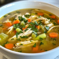 For a great homemade chicken soup, you need these main ingredients: - 1 whole chicken (about 3-4 pounds), cleaned and quartered - 8 cups chicken broth or stock - 2 medium carrots, diced - 2 celery stalks, diced - 1 large onion, chopped - 4 cloves garlic, minced - 1 cup green beans, trimmed and cut into thirds - 1 cup potatoes, diced - 1 teaspoon dried thyme - 1 teaspoon dried rosemary - 2 bay leaves - Salt and pepper to taste - 2 tablespoons olive oil - Fresh parsley for garnish You can add these optional ingredients to make your soup even better: - Lemon juice for brightness - Fresh herbs like dill or cilantro - A pinch of red pepper flakes for spice - Corn for sweetness - Peas for color and texture Gather these tools for an easy cooking experience: - A large pot or Dutch oven - A cutting board - A sharp knife - Measuring cups and spoons - A wooden spoon for stirring - A ladle for serving - A strainer for removing bones and bay leaves With these ingredients and tools, you're ready to make a warm, tasty chicken soup. Enjoy the process, and don’t forget to taste as you go! {{ingredient_image_1}} Start by heating olive oil in a large pot over medium heat. Add chopped onions and minced garlic. Sauté until they soften, which takes about 3-4 minutes. Next, take your cleaned, quartered chicken and place it in the pot. Sear the chicken on all sides until it turns light brown, about 5-7 minutes. This step builds flavor in the soup. Now, it’s time to prepare the vegetables. Dice two medium carrots and two celery stalks. Chop one large onion, if you haven’t already. For fresh green beans, trim and cut them into thirds. Finally, dice one cup of potatoes. Gather these veggies, as you will add them to the pot soon. Once the chicken is browned, pour in 8 cups of chicken broth or stock. Bring everything to a gentle simmer. As it heats, skim off any foam that rises to the top. Next, stir in the diced carrots, celery, green beans, and potatoes. Add one teaspoon each of dried thyme and rosemary, along with two bay leaves. Don’t forget to season with salt and pepper to taste. Cover the pot and let the soup simmer for about 45 minutes. This cooks the chicken until it's tender and full of flavor. You can check the chicken by making sure it is cooked through. After 45 minutes, carefully remove the chicken from the pot. Let it cool slightly before handling. Discard the bay leaves as they are no longer needed. Once the chicken is cool enough, shred the meat off the bones. Return the shredded chicken to the pot. Now, taste the soup and adjust the seasoning if needed. Add more salt and pepper if you like it bolder. To serve, ladle the soup into bowls and garnish with fresh parsley. Enjoy this warm, comforting dish with some crusty bread or crackers for a full meal. To make your chicken soup burst with flavor, start by sautéing the onions and garlic in olive oil. This step helps release their natural oils and adds depth. Use fresh herbs like thyme and rosemary for best results. They bring a bright taste that dried herbs can’t match. As the soup simmers, skim off any foam. This keeps the broth clear and tasty. One common mistake is overcooking the chicken. This can make it tough. Cook it just until it’s tender. Also, don’t forget to remove the bay leaves before serving. They add flavor while cooking but can taste bitter if eaten. Lastly, watch your salt. Start with a little, and add more only if needed. You can easily make this soup work for different diets. To make it gluten-free, use gluten-free broth. For a low-sodium version, choose low-sodium broth and skip the added salt. If you want a vegetarian option, replace the chicken with chickpeas and use vegetable broth. You can also add more veggies, like zucchini or spinach, for added nutrition. Pro Tips Enhance Flavor: Consider adding a splash of white wine when sautéing the onions and garlic for an extra depth of flavor. Use Fresh Herbs: If available, use fresh thyme and rosemary instead of dried for a brighter flavor in the soup. Make it Ahead: This soup tastes even better the next day! Make a batch and let it chill overnight in the fridge before reheating. Thicken if Desired: For a heartier soup, mash some of the potatoes against the side of the pot to thicken the broth. {{image_2}} To add some heat to your chicken soup, try adding fresh jalapeños or red pepper flakes. Start with a small amount. You can always add more! A splash of hot sauce also brings a nice kick. If you love bold flavors, consider adding diced chipotle peppers in adobo sauce. These add great depth and smokiness to your soup. For a creamy version, stir in heavy cream or coconut milk after cooking. This gives the soup a rich texture. You can also blend a portion of the soup to create a smooth base, then mix it back in. Adding cream cheese or sour cream can also enhance the creaminess. Always taste before serving to adjust the seasoning. If you're looking for a vegetarian option, swap the chicken for chickpeas or lentils. Use vegetable broth instead of chicken broth. Add mushrooms for a meaty texture and flavor. You can also throw in more veggies like spinach or kale for added nutrition. This way, you keep the comforting feel of chicken soup while making it plant-based. Store leftover chicken soup in an airtight container. Make sure the soup cools down first. You want to keep it fresh and tasty. Place it in the fridge for up to three days. If you see any signs of spoilage, do not eat it. For long-term storage, freezing is a great option. Use freezer-safe containers or bags. Leave some space at the top for expansion. Label each container with the date. The soup can stay frozen for up to three months. Thaw it in the fridge before reheating. To reheat chicken soup, you can use a pot or microwave. If using a pot, heat on medium-low. Stir the soup often to warm it evenly. If using a microwave, heat in short bursts. Stir between each burst to avoid hot spots. Add a splash of broth if it seems too thick. Enjoy your warm and comforting soup! If you don't have chicken broth, you can use vegetable broth. It adds flavor but is lighter. Water is also an option, but it lacks taste. You can enhance water with seasonings. Add some herbs or salt to give it a boost. Yes, you can easily make chicken soup in a slow cooker. Just add all the ingredients into the pot. Set it on low for 6-8 hours or high for 4-5 hours. The chicken will become tender and full of flavor. It's a great way to let the soup cook while you do other things. Homemade chicken soup lasts about 3-4 days in the fridge. Make sure to store it in an airtight container. If you want to keep it longer, consider freezing it. It can last up to 3 months in the freezer. Just thaw and heat it up when you’re ready to enjoy it again. This blog post covered how to make delicious chicken soup. You learned about the main and optional ingredients, as well as the tools needed. I shared step-by-step instructions for preparing, cooking, and serving. I provided tips for flavor and avoiding common mistakes. You can explore variations like spicy or vegetarian soup. Lastly, I explained how to store leftovers and answered common FAQs. Enjoy your cooking journey with this comforting dish. It’s simple, fun, and satisfying!