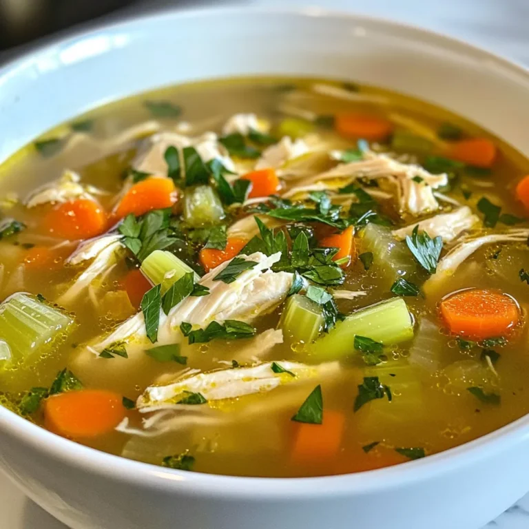 For a great homemade chicken soup, you need these main ingredients: - 1 whole chicken (about 3-4 pounds), cleaned and quartered - 8 cups chicken broth or stock - 2 medium carrots, diced - 2 celery stalks, diced - 1 large onion, chopped - 4 cloves garlic, minced - 1 cup green beans, trimmed and cut into thirds - 1 cup potatoes, diced - 1 teaspoon dried thyme - 1 teaspoon dried rosemary - 2 bay leaves - Salt and pepper to taste - 2 tablespoons olive oil - Fresh parsley for garnish You can add these optional ingredients to make your soup even better: - Lemon juice for brightness - Fresh herbs like dill or cilantro - A pinch of red pepper flakes for spice - Corn for sweetness - Peas for color and texture Gather these tools for an easy cooking experience: - A large pot or Dutch oven - A cutting board - A sharp knife - Measuring cups and spoons - A wooden spoon for stirring - A ladle for serving - A strainer for removing bones and bay leaves With these ingredients and tools, you're ready to make a warm, tasty chicken soup. Enjoy the process, and don’t forget to taste as you go! {{ingredient_image_1}} Start by heating olive oil in a large pot over medium heat. Add chopped onions and minced garlic. Sauté until they soften, which takes about 3-4 minutes. Next, take your cleaned, quartered chicken and place it in the pot. Sear the chicken on all sides until it turns light brown, about 5-7 minutes. This step builds flavor in the soup. Now, it’s time to prepare the vegetables. Dice two medium carrots and two celery stalks. Chop one large onion, if you haven’t already. For fresh green beans, trim and cut them into thirds. Finally, dice one cup of potatoes. Gather these veggies, as you will add them to the pot soon. Once the chicken is browned, pour in 8 cups of chicken broth or stock. Bring everything to a gentle simmer. As it heats, skim off any foam that rises to the top. Next, stir in the diced carrots, celery, green beans, and potatoes. Add one teaspoon each of dried thyme and rosemary, along with two bay leaves. Don’t forget to season with salt and pepper to taste. Cover the pot and let the soup simmer for about 45 minutes. This cooks the chicken until it's tender and full of flavor. You can check the chicken by making sure it is cooked through. After 45 minutes, carefully remove the chicken from the pot. Let it cool slightly before handling. Discard the bay leaves as they are no longer needed. Once the chicken is cool enough, shred the meat off the bones. Return the shredded chicken to the pot. Now, taste the soup and adjust the seasoning if needed. Add more salt and pepper if you like it bolder. To serve, ladle the soup into bowls and garnish with fresh parsley. Enjoy this warm, comforting dish with some crusty bread or crackers for a full meal. To make your chicken soup burst with flavor, start by sautéing the onions and garlic in olive oil. This step helps release their natural oils and adds depth. Use fresh herbs like thyme and rosemary for best results. They bring a bright taste that dried herbs can’t match. As the soup simmers, skim off any foam. This keeps the broth clear and tasty. One common mistake is overcooking the chicken. This can make it tough. Cook it just until it’s tender. Also, don’t forget to remove the bay leaves before serving. They add flavor while cooking but can taste bitter if eaten. Lastly, watch your salt. Start with a little, and add more only if needed. You can easily make this soup work for different diets. To make it gluten-free, use gluten-free broth. For a low-sodium version, choose low-sodium broth and skip the added salt. If you want a vegetarian option, replace the chicken with chickpeas and use vegetable broth. You can also add more veggies, like zucchini or spinach, for added nutrition. Pro Tips Enhance Flavor: Consider adding a splash of white wine when sautéing the onions and garlic for an extra depth of flavor. Use Fresh Herbs: If available, use fresh thyme and rosemary instead of dried for a brighter flavor in the soup. Make it Ahead: This soup tastes even better the next day! Make a batch and let it chill overnight in the fridge before reheating. Thicken if Desired: For a heartier soup, mash some of the potatoes against the side of the pot to thicken the broth. {{image_2}} To add some heat to your chicken soup, try adding fresh jalapeños or red pepper flakes. Start with a small amount. You can always add more! A splash of hot sauce also brings a nice kick. If you love bold flavors, consider adding diced chipotle peppers in adobo sauce. These add great depth and smokiness to your soup. For a creamy version, stir in heavy cream or coconut milk after cooking. This gives the soup a rich texture. You can also blend a portion of the soup to create a smooth base, then mix it back in. Adding cream cheese or sour cream can also enhance the creaminess. Always taste before serving to adjust the seasoning. If you're looking for a vegetarian option, swap the chicken for chickpeas or lentils. Use vegetable broth instead of chicken broth. Add mushrooms for a meaty texture and flavor. You can also throw in more veggies like spinach or kale for added nutrition. This way, you keep the comforting feel of chicken soup while making it plant-based. Store leftover chicken soup in an airtight container. Make sure the soup cools down first. You want to keep it fresh and tasty. Place it in the fridge for up to three days. If you see any signs of spoilage, do not eat it. For long-term storage, freezing is a great option. Use freezer-safe containers or bags. Leave some space at the top for expansion. Label each container with the date. The soup can stay frozen for up to three months. Thaw it in the fridge before reheating. To reheat chicken soup, you can use a pot or microwave. If using a pot, heat on medium-low. Stir the soup often to warm it evenly. If using a microwave, heat in short bursts. Stir between each burst to avoid hot spots. Add a splash of broth if it seems too thick. Enjoy your warm and comforting soup! If you don't have chicken broth, you can use vegetable broth. It adds flavor but is lighter. Water is also an option, but it lacks taste. You can enhance water with seasonings. Add some herbs or salt to give it a boost. Yes, you can easily make chicken soup in a slow cooker. Just add all the ingredients into the pot. Set it on low for 6-8 hours or high for 4-5 hours. The chicken will become tender and full of flavor. It's a great way to let the soup cook while you do other things. Homemade chicken soup lasts about 3-4 days in the fridge. Make sure to store it in an airtight container. If you want to keep it longer, consider freezing it. It can last up to 3 months in the freezer. Just thaw and heat it up when you’re ready to enjoy it again. This blog post covered how to make delicious chicken soup. You learned about the main and optional ingredients, as well as the tools needed. I shared step-by-step instructions for preparing, cooking, and serving. I provided tips for flavor and avoiding common mistakes. You can explore variations like spicy or vegetarian soup. Lastly, I explained how to store leftovers and answered common FAQs. Enjoy your cooking journey with this comforting dish. It’s simple, fun, and satisfying!