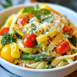 - 12 oz fettuccine or penne pasta - 2 tablespoons olive oil - 3 cloves garlic, minced - 1 small zucchini, sliced - 1 bell pepper (any color), julienned - 1 cup cherry tomatoes, halved - 1 cup broccoli florets - 1 cup asparagus, trimmed and cut into 2-inch pieces - ½ cup frozen peas (optional) - 1 teaspoon Italian seasoning - Salt and pepper to taste - ¼ cup fresh basil, chopped - ¼ cup grated Parmesan cheese (optional) You can swap the pasta for gluten-free options if needed. Zucchini can change to yellow squash. Any bell pepper color works, so pick your favorite. For a vegan dish, skip the cheese or use a dairy-free option. You can also use fresh peas instead of frozen ones. Using fresh ingredients makes your Pasta Primavera shine. Fresh veggies taste better and add crunch. They also look vibrant and colorful on your plate. When you choose fresh herbs, like basil, you get a strong flavor. This dish celebrates the season’s best produce, so always aim for freshness. It helps you create a meal that is not just tasty but also healthy and full of life. {{ingredient_image_1}} Start by boiling a large pot of salted water. Once it boils, add 12 ounces of fettuccine or penne pasta. Cook it according to the package instructions until it is al dente. This means it should be firm but not hard. Reserve ½ cup of the pasta water before you drain the rest. Set the pasta aside while you prepare the rest. In the same pot, pour in 2 tablespoons of olive oil and heat it over medium. Once the oil is warm, add 3 cloves of minced garlic. Sauté the garlic for about 1 minute until you smell a nice aroma. You want it fragrant, but be careful not to burn it. Burnt garlic can ruin your dish! Now it’s time to add the colorful veggies. Toss in 1 small sliced zucchini, 1 julienned bell pepper, 1 cup of halved cherry tomatoes, 1 cup of broccoli florets, and 1 cup of trimmed asparagus cut into 2-inch pieces. If you want more color, add ½ cup of frozen peas. Sauté the vegetables for about 5-7 minutes. They should be tender but still crisp. Once the veggies are done, add the cooked pasta back to the pot. Pour in the reserved pasta water and sprinkle in 1 teaspoon of Italian seasoning. Toss everything together so the pasta and veggies mix well. Season with salt and pepper to taste. Finally, if you chose to use peas, add them now along with ¼ cup of chopped fresh basil. Toss it all again for about 2 minutes. You want everything to be hot and well combined. To cook pasta al dente, start with plenty of water. Use a big pot and add salt. Bring the water to a rolling boil. Add the pasta and stir it. Check the pasta a minute before the package time ends. It should be firm but not hard. Drain the pasta but save some water. This water helps the sauce stick later. When sautéing vegetables, use a large skillet. Heat the oil over medium heat. Add minced garlic first, as it gives great flavor. Sauté it for just one minute. Then add your sliced vegetables. Stir them often for even cooking. Aim for a colorful mix that stays crisp. Cook for five to seven minutes until they soften but still have a bite. To serve Pasta Primavera, use shallow bowls to show off the colors. Garnish with fresh basil for a nice pop. A light drizzle of olive oil adds shine and flavor. You can also sprinkle Parmesan cheese on top for extra taste. For a personal touch, serve with a side salad or crusty bread. This makes the meal feel special and complete. Pro Tips Tip Title: Use Seasonal Vegetables: Incorporate seasonal vegetables for the freshest flavors and vibrant colors in your pasta primavera. Tip Title: Perfect Pasta Texture: Cook pasta just until al dente for the best texture that holds up well against the sautéed vegetables. Tip Title: Customize with Protein: Add grilled chicken, shrimp, or tofu for an extra protein boost and to make the dish more filling. Tip Title: Enhance Flavor with Cheese: Use freshly grated Parmesan cheese for a richer flavor, or try a sprinkle of feta for a different twist. {{image_2}} You can easily make gluten-free pasta primavera. Just swap regular pasta for gluten-free options. Look for gluten-free fettuccine or penne at your store. These alternatives have great taste and texture. They cook similarly, so follow the package instructions. This way, everyone can enjoy this dish without worry. To make this dish vegan, skip the Parmesan cheese. You can add nutritional yeast for a cheesy flavor. It gives a nice umami taste without dairy. Try using coconut cream or cashew cream for creaminess. These options will keep the dish tasty and rich without using animal products. Feel free to change up the veggies based on what’s in season. In spring, use fresh peas and asparagus. In summer, add bell peppers and zucchini. Fall allows for squash and carrots. Winter brings root vegetables like carrots and parsnips. This keeps your pasta primavera fresh and exciting all year round! Store leftover pasta primavera in an airtight container. Let it cool down first. This helps keep the pasta fresh. Place it in the fridge within two hours of cooking. It will stay good for up to three days. If you plan to eat it later, make sure to separate any cheese. It can make the dish soggy. To reheat your pasta primavera, use the stove or microwave. If using the stove, add a splash of water or olive oil. This helps keep the pasta moist. Heat on low, stirring often until it warms up. For the microwave, cover the dish with a damp paper towel. This keeps it from drying out. Heat in short bursts, checking often. You can freeze pasta primavera for later use. First, let it cool completely. Pack it in a freezer-safe container or bag. Remove as much air as possible to prevent freezer burn. It can last for up to three months in the freezer. When ready to eat, thaw it in the fridge overnight. Reheat as usual for best results. Pasta Primavera is a fresh pasta dish. It features colorful vegetables and pasta. The name means "spring pasta" in Italian. This dish celebrates the bright flavors of spring veggies. You can use any pasta like fettuccine or penne. It's a perfect meal for a warm day or light dinner. The mix of veggies adds great taste and nutrition. Yes, you can prepare Pasta Primavera ahead of time. Cook the pasta and veggies, then store them separately. Keep the pasta in the fridge for up to three days. Store the veggies in an airtight container. When ready to eat, simply reheat everything together. Add fresh basil and cheese just before serving for the best flavor. The best vegetables are those that are fresh and crisp. You can use zucchini, bell peppers, and cherry tomatoes. Broccoli and asparagus are also great choices. Try adding peas for a pop of sweetness. Seasonal veggies like snap peas or spinach work well too. Feel free to mix and match based on your taste. We covered a lot about Pasta Primavera. Fresh ingredients make a big difference in taste. Cooking pasta just right enhances the dish. Sautéing garlic and veggies brings out great flavors. Don't forget your serving tips and fun variations. Remember, you can swap ingredients to fit your needs too. With these tips, you can store leftovers well and reheat them perfectly. Enjoy your Pasta Primavera, and make it your own!