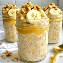 - 1 cup rolled oats - 2 cups almond milk (or any milk of choice) - 2 ripe bananas (one sliced and one mashed) - 4 tablespoons creamy peanut butter - 2 tablespoons honey or maple syrup (optional) - 1 teaspoon vanilla extract - 1/2 teaspoon cinnamon - A pinch of salt - Optional toppings (chopped nuts, sliced banana) Gather these ingredients to make peanut butter banana overnight oats. Each item plays a key role. Rolled oats form the base, soaking up all the flavors. Almond milk adds creaminess, while bananas give natural sweetness. Creamy peanut butter brings richness and protein. You can choose honey or maple syrup for extra sweetness. Vanilla extract enhances the flavor, and cinnamon adds warmth. A pinch of salt balances the sweetness. For a fun touch, try toppings like chopped nuts or more banana slices. These add texture and flavor to your oats. You can mix and match as you like! {{ingredient_image_1}} Start by grabbing a mixing bowl. Add 1 cup of rolled oats and 2 cups of almond milk. Stir well so the oats soak in the milk. Next, take 1 ripe banana, mash it, and add it to the bowl. Then, add 4 tablespoons of creamy peanut butter. You can use any nut butter if you prefer. If you like your oats sweet, add 2 tablespoons of honey or maple syrup. Toss in 1 teaspoon of vanilla extract, 1/2 teaspoon of cinnamon, and a pinch of salt. Mix everything until it looks creamy and well combined. Once your mixture is ready, it's time to store it. Grab some mason jars or airtight containers. Distribute the oat mixture evenly into each jar. For a nice touch, top each jar with slices of the second banana and some chopped nuts if you want. Seal the jars tightly. Put them in the fridge overnight or for at least 4 hours. This lets the oats absorb the milk and flavors, making them delicious. In the morning, take the jars out of the fridge. Give each jar a good stir before you eat. If you want your oats a bit thinner, add some more almond milk. You can enjoy your oats cold, or if you like them warm, heat them in the microwave for a minute. Present them nicely in bowls or eat straight from the jars! To make perfect overnight oats, get the liquid-to-oat ratio right. I recommend using 2 cups of almond milk for 1 cup of rolled oats. This gives the oats enough moisture to soften without being too watery. Choosing the right nut butter is key too. I love using creamy peanut butter for its rich flavor. You can also try almond or cashew butter if you want something different. Each nut butter adds its own unique taste. Spices can elevate your oats. A little cinnamon adds warmth and depth. You can also try nutmeg or even a dash of vanilla extract for extra flavor. If you like sweeter oats, add honey or maple syrup. Just 2 tablespoons works well without overpowering the dish. For texture, toppings are a must! Sliced bananas or chopped nuts like almonds and walnuts add crunch. Try adding seeds like chia or flaxseed for extra nutrition. Meal prepping makes mornings easier. Prepare multiple jars at once. This way, you have breakfast ready for several days. If you need more than just one serving, make a larger batch. Just scale up the ingredients. You can keep these oats in the fridge for a few days. They stay fresh and tasty! Pro Tips Perfectly Ripened Bananas: Use overripe bananas for a sweeter flavor and creamier texture in your oats. Nut Butter Variations: Experiment with different nut butters like almond or cashew for unique flavor profiles. Make It Vegan: Substitute honey with maple syrup to keep the recipe completely plant-based. Custom Toppings: Get creative with toppings! Try adding chia seeds, coconut flakes, or dark chocolate chips for extra flair. {{image_2}} You can change the milk in this recipe. Use oat, soy, or coconut milk instead of almond milk. Each milk adds its own flavor and texture. If you want a nut-free option, choose a seed milk like sunflower seed milk. You can also swap the peanut butter for other nut butters. Almond butter or cashew butter work well. For those with allergies, sunbutter is a great choice. If you don’t want to use honey or maple syrup, try agave syrup or stevia. Both options add sweetness without changing the taste much. Adding flavor is fun! Try mixing in some chocolate chips or cacao nibs for a sweet kick. These little bites add richness and are perfect if you love chocolate. You can also toss in some berries. Raspberries, blueberries, or strawberries bring freshness and color. They also add vitamins and fiber, making your oats even better. You can make this recipe vegan easily. Just use plant-based milk and skip the honey. Use maple syrup or agave instead. If you need gluten-free oats, make sure to pick certified gluten-free rolled oats. This way, you can enjoy your oats without worry. For nut-free options due to allergies, use seed butter and seed milk. This keeps the taste while avoiding nuts. You can still have a delicious breakfast! You can store your Peanut Butter Banana Overnight Oats in the fridge for up to 5 days. This makes them a great option for meal prep. If you want to keep them longer, you can freeze the oats. Just place them in freezer-safe jars and seal tightly. They can stay fresh for about 3 months in the freezer. When you are ready to enjoy your oats, you can reheat them in a few ways. The best method is to microwave them. Heat in short bursts, stirring in between. This helps warm them evenly. You can also add a splash of almond milk to make them creamier. If you prefer, you can eat them cold straight from the fridge. Top with extra banana slices or nuts for added crunch. To prevent spoilage, always keep your oats in airtight containers. Make sure to refrigerate them promptly after making. Watch for signs of spoilage, like a sour smell or change in color. If you notice any of these signs, it’s best to throw them away. Keeping your oats fresh ensures a tasty breakfast every time! You can use many other types of milk. Regular cow's milk works well. Soy milk adds protein. Oat milk gives a creamy texture. Coconut milk adds a nice flavor. Just choose what you like best! Yes, you can eat overnight oats warm. To warm them, put your oats in a bowl. Heat them in the microwave for 30-60 seconds. Stir well and check the temperature. If it’s too cold, heat for a bit longer. Overnight oats can last for about 3-5 days in the fridge. Make sure to store them in airtight containers. This keeps them fresh and tasty. If you see any signs of spoilage, throw them away. You can add protein powder to your overnight oats. Mix in about one scoop per serving. Stir it well with the oats and liquid. This boosts the protein content without changing the flavor much. In this article, we explored the best way to make overnight oats. We covered ingredients, mixing and storing methods, and tips for the best flavor. Remember, you can customize your oats with different ingredients and toppings. This makes it easy to fit your taste and dietary needs. Enjoy this simple, nutritious breakfast that saves you time in the morning. Overnight oats can be your go-to for a quick and tasty meal. Now, get ready to enjoy your delicious creation!
