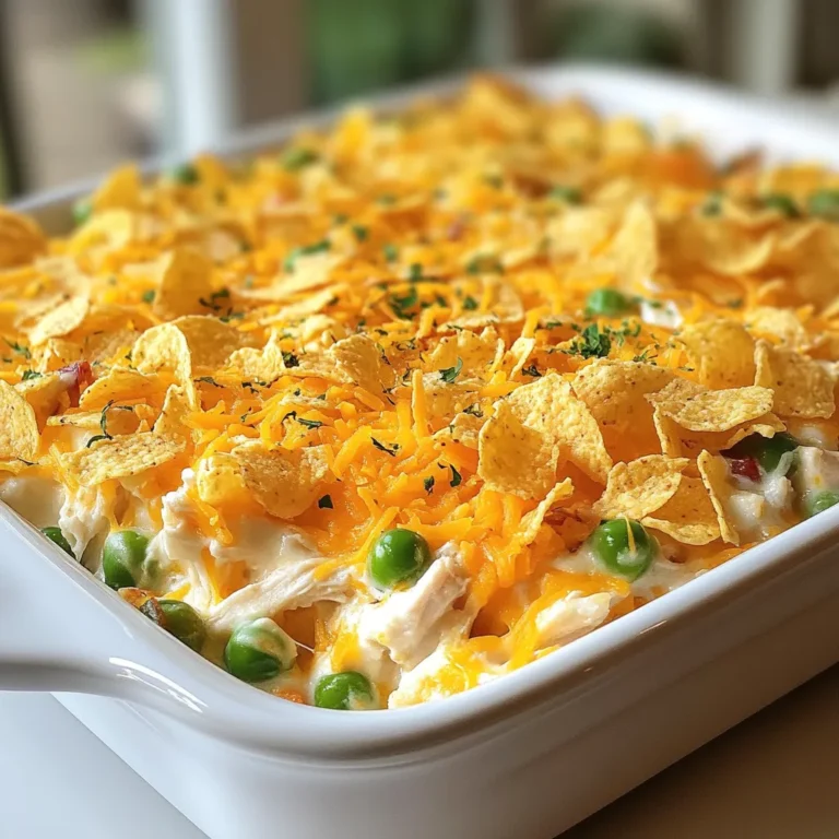 - 3 cups cooked chicken, shredded - 1 (10.5 oz) can cream of chicken soup - 1 (8 oz) package cream cheese, softened - 1/2 cup ranch dressing - 2 cups shredded cheddar cheese The main stars of this dish are the shredded chicken and creamy elements. I love using cooked chicken from a rotisserie for ease. The cream of chicken soup adds moisture and flavor. Cream cheese brings a rich texture that blends well with the ranch dressing. Together, these ingredients create a savory base that is hard to resist. The cheddar cheese on top melts beautifully, giving the casserole a nice finish that everyone loves. - 1 cup frozen peas and carrots - 1/2 teaspoon garlic powder - 1/2 teaspoon onion powder - 1 cup crushed potato chips (optional for topping) - Fresh parsley for garnish (optional) Optional ingredients can elevate your dish. Adding peas and carrots gives color and nutrition. Garlic and onion powder boost flavor without extra prep. For a crunchy top, sprinkle crushed potato chips before baking. A touch of fresh parsley at the end adds color. These options let you customize your casserole to suit your taste. {{ingredient_image_1}} First, let’s start with shredding the chicken. I like to use cooked chicken for this dish. You can use rotisserie chicken for a quick option. Just pull the meat off the bone and shred it into small pieces. This makes it easy to mix in later. Next, we need to soften the cream cheese. Take it out of the fridge and let it sit at room temperature for about 15 minutes. If you’re in a hurry, you can microwave it for about 10-15 seconds. Make sure it’s soft enough to blend smoothly with the other ingredients. Now, it's time to combine the main ingredients. In a large bowl, mix the shredded chicken, cream of chicken soup, softened cream cheese, and ranch dressing. Stir it all together until it’s creamy and smooth. This is where the magic starts! Next, add the frozen peas and carrots. Mix them in until they're evenly spread throughout. Don’t forget to season with salt and pepper to taste. This step adds flavor to our dish. For baking, start by greasing a 9x13 inch baking dish. Spread the chicken mixture evenly across the bottom. Then, sprinkle the shredded cheddar cheese on top. If you like a crunchy texture, add some crushed potato chips on top of the cheese. Cover the baking dish with aluminum foil and bake it at 350°F (175°C) for 25 minutes. This helps keep the casserole moist. After 25 minutes, remove the foil and bake for another 15 minutes. Keep an eye on the cheese; it should be bubbly and golden brown. To check for doneness, insert a fork into the center. If it’s hot and the cheese is melted, it’s ready! Let it cool for about 5 minutes before serving. Enjoy your delicious Crack Chicken Casserole! To shred chicken quickly, use two forks. Hold one fork steady and pull the other through the chicken. You can also use a hand mixer on low speed for fast shredding. If you have leftover chicken, it works great for this dish. Just make sure to warm it up a bit before shredding. To boost the flavor, try adding herbs like thyme or parsley. A squeeze of lemon juice adds a nice zing too. You can also switch the cheese. Use pepper jack for a spicy kick or mozzarella for a milder taste. Experimenting with flavors can make this dish your own. For garnishing, sprinkle fresh parsley on top. It adds color and freshness. Serve the casserole with a side salad or bread. This makes a nice, balanced meal. If you want crunch, add more crushed potato chips on top before serving. Pro Tips Use Rotisserie Chicken: For quicker preparation, consider using store-bought rotisserie chicken. It saves time and adds great flavor. Customize the Veggies: Feel free to swap out the peas and carrots for other vegetables, like broccoli or bell peppers, to suit your taste. Make it Ahead: This casserole can be prepared in advance and stored in the refrigerator. Just bake it when you're ready to serve! Cheese Variations: Experiment with different types of cheese such as Monterey Jack or Pepper Jack for a unique twist on flavor. {{image_2}} You can easily switch up the cream cheese in this dish. Try Greek yogurt or sour cream for a tangy twist. They both add creaminess and flavor. You could also use a dairy-free cream cheese if you want a vegan option. When it comes to vegetables, you can get creative. Swap peas and carrots for broccoli or bell peppers. These veggies add color and crunch. You can even mix in spinach for extra nutrition. Just make sure to chop them small to blend well. Looking for a lighter version? Choose low-fat cream cheese and ranch dressing. This change cuts calories but keeps the taste. You can also use low-sodium chicken soup to reduce salt. If you need gluten-free options, look for gluten-free cream of chicken soup. This way, everyone can enjoy the dish. You can also use gluten-free crackers instead of potato chips for a topping. To make your meal fun, try serving Crack Chicken Casserole as a wrap. Use tortillas to hold the filling. It’s a great way to enjoy the dish on the go. You can also turn it into a sandwich using bread or rolls. For a different twist, serve the casserole over rice or pasta. This makes it a hearty meal. The rice or pasta will soak up the flavors and make every bite delicious! To keep your Crack Chicken Casserole fresh, let it cool first. Use an airtight container. This helps keep moisture in and air out. You can also use plastic wrap over a dish. Store it in the fridge right away. Try to eat it within 3 to 4 days. This way, you can enjoy its great taste. You can freeze Crack Chicken Casserole for up to 3 months. To freeze it, let the casserole cool completely. Then, place it in a freezer-safe container. Make sure to label it with the date. When you are ready to eat, thaw it overnight in the fridge. Reheat it in the oven at 350°F (175°C) until hot. Stir it once during reheating to warm it evenly. In the fridge, Crack Chicken Casserole lasts about 3 to 4 days. Look out for signs of spoilage. If it smells off or has mold, throw it away. This will help you avoid getting sick. Always check before you eat leftovers. Crack Chicken Casserole is a creamy, cheesy dish that uses shredded chicken. You mix it with cream of chicken soup, cream cheese, and ranch dressing. Then, you add some cheddar cheese and veggies for flavor. The dish bakes until golden and bubbly. It’s easy to make and full of comfort. Yes, you can make this dish ahead of time. To prepare it in advance, mix all the ingredients as usual. Then, cover the dish and store it in the fridge. You can bake it the next day. Just add a few extra minutes to the cooking time if it’s cold from the fridge. Absolutely! You can use other proteins in this dish. Try shredded turkey, cooked beef, or even tofu for a vegetarian option. Each protein will give a unique flavor but keep the casserole tasty. Adjust your cooking time as needed based on the protein you choose. Crack Chicken Casserole is simple and tasty. It blends shredded chicken, creamy soups, and cheese. You can mix in veggies for more flavor, too. Use the tips to shred chicken fast and enhance taste. Don't forget to try different veggies and healthier options based on your needs. Storing leftovers is easy, and the casserole tastes great later. Enjoy this dish your way. You have many options to make it your own!