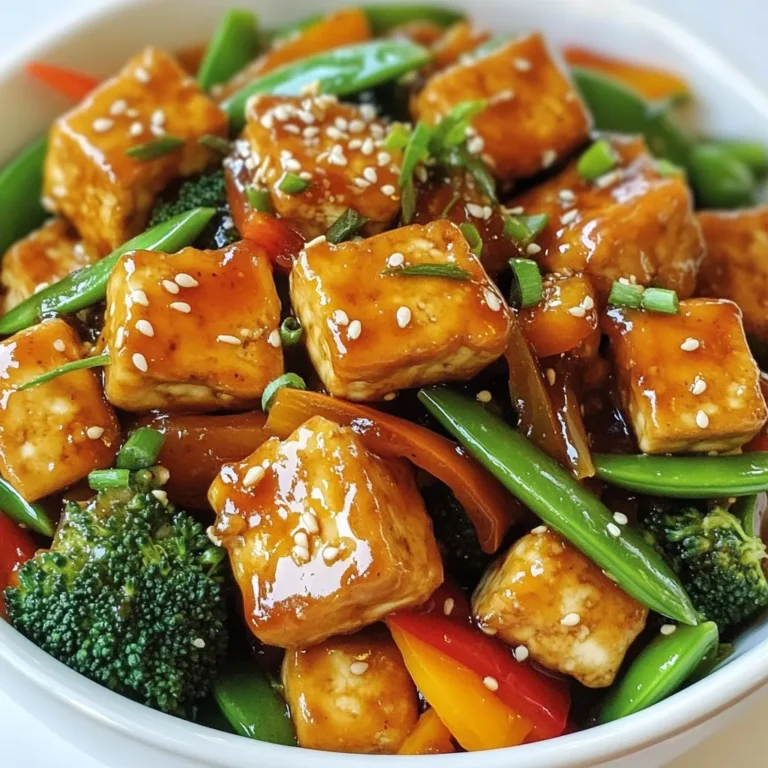 - 1 block (14 oz) firm tofu, drained and pressed - 3 tablespoons vegetable oil (divided) - 4 tablespoons honey - 3 tablespoons soy sauce In this dish, firm tofu is key. It holds shape and absorbs flavors well. Vegetable oil gives the stir fry a nice sear. Honey adds sweetness, while soy sauce brings depth. - 1 bell pepper (any color), sliced - 1 cup broccoli florets - 1 cup snap peas - Sesame seeds and green onions for garnish I love using colorful vegetables. Bell pepper adds crunch and sweetness. Broccoli brings a nice bite. Snap peas add freshness. Garnishing with sesame seeds and green onions adds a lovely touch. - 2 tablespoons cornstarch - 3 cloves garlic, minced - 1 tablespoon ginger, grated - 2 tablespoons rice vinegar - 1 teaspoon sesame oil Cornstarch helps the tofu crisp up. Garlic and ginger give great flavor. Rice vinegar adds a tangy note. Sesame oil rounds out the taste with a nutty richness. {{ingredient_image_1}} Start by draining the tofu. Place it on a clean kitchen towel or paper towels. Press it gently to remove extra moisture. This helps the tofu get crispy. Next, cut the tofu into bite-sized cubes. Aim for uniform pieces to ensure even cooking. Then, coat the cubes with cornstarch. This gives them a delightful crunch when cooked. Heat two tablespoons of vegetable oil in a large non-stick skillet or wok over medium-high heat. Once the oil is hot, carefully add the tofu cubes. Cook them for about 8 to 10 minutes. Turn them occasionally until they are golden brown on all sides. This step creates a delicious texture. Once cooked, remove the tofu from the skillet and set it aside. In the same skillet, add one tablespoon of oil. Now, toss in sliced bell pepper, broccoli florets, and snap peas. Stir-fry these vegetables for about 4 to 5 minutes. Cook until they are tender-crisp. This keeps them vibrant and full of flavor. Add minced garlic and grated ginger to the skillet. Cook them for one minute until fragrant. This step adds depth to your dish. Reduce the heat to medium. Return the cooked tofu to the skillet. Pour in the honey, soy sauce, rice vinegar, and sesame oil. Stir everything together until the tofu and vegetables are well-coated in the sauce. Cook for an additional 2 to 3 minutes. This allows the sauce to thicken and flavors to meld. Finally, remove it from the heat and garnish with sesame seeds and sliced green onions. Serve it over jasmine rice or quinoa for a complete meal. To get crispy tofu, use cornstarch. The cornstarch coating helps create a nice crust. First, drain and press your tofu well. This step removes excess water. Cut it into bite-sized cubes and coat them evenly with cornstarch. It will fry up beautifully and give you that perfect crunch. For tender-crisp veggies, cook them at high heat. Heat your pan before adding the vegetables. Start with the bell pepper, broccoli, and snap peas. Stir-fry for about 4-5 minutes. You want them to stay vibrant and slightly firm. Overcooking makes them mushy, so keep an eye on the time. Want to boost the flavor? Try adding spices like red pepper flakes or a splash of lime juice. You can also mix in some hoisin sauce for a sweet kick. If you're feeling adventurous, toss in a few chopped peanuts for crunch. These little tweaks can take your stir fry to the next level! Pro Tips Press Tofu Well: Ensure the tofu is pressed thoroughly to remove excess moisture, which helps achieve a crispy texture when frying. Use High Heat: Cooking the tofu and vegetables over medium-high heat allows for better caramelization and keeps the veggies crisp. Add Sauce at the Right Time: Stir in the sauce once the tofu and vegetables are nearly cooked to prevent them from becoming soggy. Serve Immediately: This dish is best enjoyed fresh off the stove while the tofu is crispy and the vegetables vibrant. {{image_2}} If you want to switch up the protein in this dish, tempeh is a great choice. Tempeh has a nutty flavor and a firm texture that holds up well in stir fry. Simply cut it into cubes like tofu and follow the same cooking steps. You can also use chicken if you prefer. Just slice boneless chicken thighs or breasts into bite-sized pieces. Cook them in the same way as the tofu, ensuring they reach a safe internal temperature. This keeps your meal tasty and satisfying. Feel free to customize your stir fry with your favorite vegetables. Seasonal veggies like zucchini, asparagus, or carrots work great too. You can even throw in some baby spinach or kale for extra nutrients. The key is to mix and match what you love. Stir fry is all about flexibility, so have fun with it! You can easily tweak the sauce for your taste. If you want more sweetness, add more honey. For a saltier flavor, increase the soy sauce. If you like a tangy kick, add a bit more rice vinegar. Taste as you go to find the perfect balance. This is your meal, so make it just how you like it! Store any leftover Sweet Honey Garlic Tofu Stir Fry in an airtight container. This helps keep it fresh. Place the container in the fridge. Use leftovers within 3 days for the best taste. You can use glass or plastic containers. Make sure they seal well to lock in flavor. To reheat, use a skillet over medium heat. This method helps keep the tofu crispy. Add a splash of water or broth if it seems dry. Stir gently until warmed through. Avoid using the microwave if you want to keep the texture nice. You can freeze this stir fry, but it's best to do it without the tofu. The tofu might change texture when frozen. Store the veggies and sauce in a freezer-safe bag. Remove as much air as possible. It can stay in the freezer for up to 2 months. When ready to eat, thaw it in the fridge overnight. Cook the tofu fresh for the best results. Yes, you can easily make this recipe vegan. Instead of honey, use maple syrup or agave nectar. Both options add sweetness without using any animal products. Just swap the honey with the same amount of your chosen sweetener. This change keeps the flavor profile while making the dish vegan-friendly. To enhance the flavors in your stir fry, consider these tips: - Add more garlic and ginger for a punch of taste. - Use fresh herbs like cilantro or basil at the end for a fresh burst. - Include a splash of lime juice for acidity. - Consider adding crushed red pepper or a dash of hot sauce for heat. - Try different sauces, like hoisin or oyster sauce, to mix up the flavor. For stir fry, firm tofu works best. It holds its shape during cooking and has a nice texture. Look for tofu labeled as "firm" or "extra-firm." These types hold up well when you fry them, giving you a crispy outside and a soft inside. Avoid silken tofu, as it can break apart easily in the pan. This recipe covers everything from choosing fresh ingredients to cooking methods. Firm tofu, colorful veggies, and tasty seasonings combine for a fantastic stir fry. You can switch proteins, customize veggies, or adjust sauces to fit your taste. Don't forget the tips on crispy tofu and storing leftovers. Get cooking and enjoy a satisfying meal! With practice, you'll perfect your stir fry skills and impress your family.