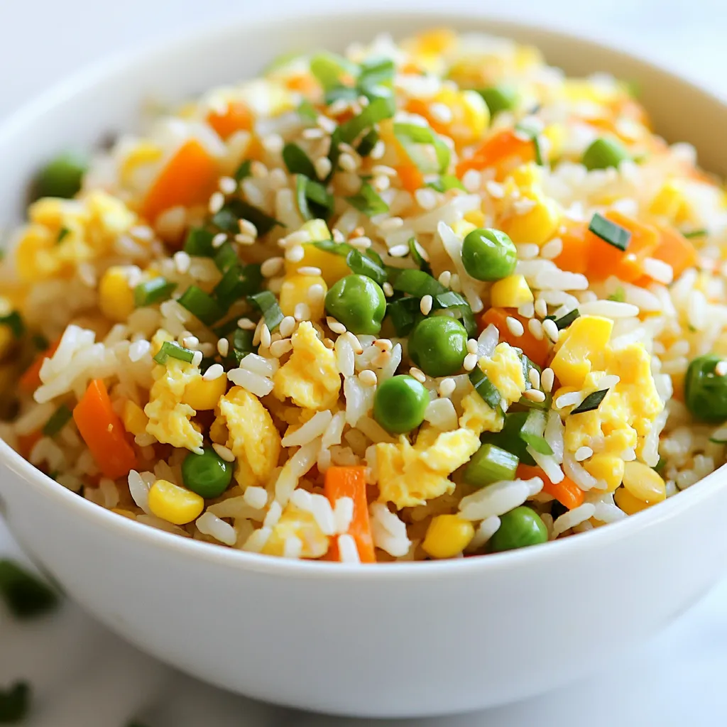 Here’s what you need for ten minute egg fried rice: - 2 cups cooked jasmine rice (preferably day-old) - 2 large eggs - 1 cup mixed vegetables (carrots, peas, and corn) - 3 green onions, chopped - 2 tablespoons soy sauce - 1 tablespoon sesame oil - 1 tablespoon vegetable oil - Salt and pepper to taste - Optional garnishes: sesame seeds and cilantro Using day-old rice is key. It keeps your fried rice from getting mushy. Fresh rice can clump and stick. This dish works well with mixed vegetables. You can use frozen ones if you want. They save time and add color. Green onions add a nice crunch. You can also use garlic or ginger for more flavor. Sesame oil gives a nutty taste. Use it carefully; a little goes a long way. Soy sauce adds saltiness and depth. You can adjust it to your taste. For a pop of color, consider garnishing with sesame seeds and cilantro. These make your plate look nice and bright. Gather your ingredients before you start cooking. It makes the process smoother and quicker. This dish is fast and easy, perfect for busy nights! {{ingredient_image_1}} - Heat vegetable oil in a skillet over medium-high heat. - Crack two large eggs into a bowl and whisk them lightly. - Pour the eggs into the hot skillet. Scramble the eggs for 1-2 minutes until they are just set. - Remove the eggs from the skillet and set them aside. - In the same skillet, add one tablespoon of sesame oil. - Once the oil is hot, add one cup of mixed vegetables. This can include carrots, peas, and corn. - Stir-fry the mixed vegetables for 2-3 minutes until they are tender but still crisp. - Add 2 cups of cooked jasmine rice to the skillet. Break up any clumps as you stir. - Return the scrambled eggs to the skillet and mix thoroughly with the rice and veggies. - Pour 2 tablespoons of soy sauce over the mixture. Stir everything together so the rice is evenly coated. - Season with salt and pepper to taste, adding more soy sauce if you like. This method is quick and easy. It takes only ten minutes to make a tasty dish. Enjoy! Using day-old rice is the best choice for fried rice. Freshly cooked rice can become mushy when heated. Day-old rice has a firmer texture and holds up well. If you need to use fresh rice, spread it out on a tray. Let it cool for about 30 minutes so it dries out a bit. Reheating rice properly is also key. Use a microwave-safe bowl and sprinkle some water on top. Cover it with a damp paper towel. Heat it for one minute. This helps steam the rice, making it fluffy again. Adjusting soy sauce is an easy way to boost flavor. Start with two tablespoons, then taste your rice. Add more if you like it saltier. Keep in mind that too much soy sauce can overpower other flavors. You can also add extra ingredients for more depth. Try tossing in garlic or ginger while stir-frying. You could also add cooked chicken, shrimp, or tofu for protein. Experiment with different veggies like bell peppers or broccoli for added color and taste. Making your fried rice look good is simple. Use a large bowl or a plate to serve it. Pile the rice high in the center for a nice shape. Use a fork to fluff it up a bit before serving. For garnishes, sprinkle sesame seeds and chopped cilantro on top. This adds a touch of brightness and color. You can also serve it with lime wedges for a fresh twist. A colorful plate makes the dish more inviting. Pro Tips Use Day-Old Rice: Day-old jasmine rice has the perfect texture for fried rice, as it’s drier and less sticky, helping to achieve that wonderful stir-fried finish. Keep the Heat High: Cooking on medium-high heat helps to ensure that everything cooks quickly and evenly, giving the rice a nice stir-fried flavor without becoming mushy. Add Soy Sauce Gradually: Start with a small amount of soy sauce and adjust to taste. This will help you avoid making the dish too salty and allow you to balance the flavors better. Customize with Proteins: Feel free to add cooked chicken, shrimp, or tofu for extra protein. Just make sure to heat them through before adding the eggs back in. {{image_2}} You can make this dish more filling by adding proteins. Chicken, shrimp, or tofu work great. - For chicken: Cut it into small pieces. Cook it in the pan before adding the eggs. - For shrimp: Use peeled and deveined shrimp. Cook them until they turn pink, then set them aside. - For tofu: Press and cube firm tofu. Sauté it in the pan until golden brown. Adding these proteins boosts the flavor and makes the meal heartier. If you want a vegetarian or vegan version, you can easily swap the eggs. - Use silken tofu as an egg substitute. Blend it until smooth and add it to the rice. - Consider using vegetables like bell peppers, broccoli, or mushrooms. They add color and taste. - Use sauces like teriyaki or hoisin for flavor instead of soy sauce. These changes keep the dish tasty and satisfying for everyone. If you love heat, you can spice up your fried rice. - Add chili flakes or a dash of sriracha while cooking. This gives it a nice kick. - Try seasoning blends like five-spice powder or curry powder for extra flavor. Experimenting with spices can create new tastes and make each meal unique. To store your egg fried rice, let it cool first. Place it in an airtight container. This method keeps the rice fresh and tasty. It lasts about three to four days in the fridge. Make sure to check for any off smells before you eat it. When reheating fried rice, use a skillet or microwave. If using a skillet, add a splash of water. This helps steam the rice and keeps it soft. Stir often to heat it evenly. If you use a microwave, cover it loosely. Heat in short bursts, stirring in between. This will help avoid mushy rice. You can freeze egg fried rice for longer storage. First, let it cool completely. Then, pack it in a freezer-safe bag or container. Squeeze out as much air as you can before sealing. It stays good for about one month. To thaw, move it to the fridge overnight. Reheat it in a skillet or microwave, just like before. Yes, you can use leftover rice! Day-old rice works best. It has dried out a bit, which makes it less sticky. This helps the rice fry better. Using leftover rice gives your dish a great texture. You can easily make this meal quicker and tastier. To make this egg fried rice gluten-free, swap soy sauce for tamari. Tamari tastes similar but is gluten-free. You can also find gluten-free soy sauce in stores. Just check the label. Use fresh vegetables and oils that are gluten-free too. This way, you keep all the flavor without the gluten. Yes! You can make this dish in one pan. Start by scrambling the eggs in the skillet, then set them aside. After that, stir-fry the veggies and rice in the same pan. This saves time and cuts down on cleanup. Just remember to adjust the heat as you add each ingredient. This article covered how to make delicious egg fried rice, from ingredients to storage. Using day-old rice gives the best texture. You learned easy steps for cooking and adding flavors. Plus, tips for variations and storage help you enjoy leftovers. Now, you can whip up this dish with confidence. Whether you want it spicy or vegetarian, egg fried rice is flexible. So grab those ingredients and start cooking! You’ll create a meal that’s tasty and satisfying.
