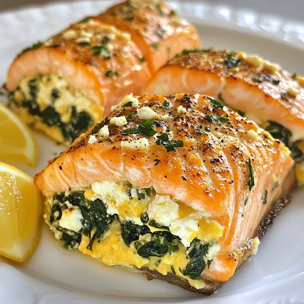 - 4 salmon fillets (6 oz each) - 2 cups fresh spinach, chopped - 1 cup feta cheese, crumbled - 1/4 cup cream cheese, softened - 2 cloves garlic, minced - 1 tablespoon lemon juice - 1 teaspoon dried oregano - Salt and pepper to taste - 2 tablespoons olive oil - Lemon wedges for garnish You can swap feta cheese with goat cheese for a creamier taste. Greek yogurt can replace cream cheese for a lighter option. Use fresh herbs like basil or parsley instead of dried oregano for a fresh flavor. If you need a dairy-free option, try a vegan cheese or omit the cheese entirely. You will need a sharp knife for cutting the salmon fillets. A mixing bowl is great for combining your stuffing ingredients. Use a skillet to sauté the spinach and garlic before mixing. An oven-safe skillet will help you cook the salmon properly. Lastly, have a baking dish ready for transferring the skillet to the oven. {{ingredient_image_1}} Start by heating a skillet on medium heat. Add 1 tablespoon of olive oil. Next, toss in 2 cloves of minced garlic. Sauté the garlic for about 1 minute. It should smell great! Now, add 2 cups of chopped fresh spinach. Cook until the spinach wilts, which takes about 2-3 minutes. Take the skillet off the heat. In a mixing bowl, combine the sautéed spinach, 1 cup of crumbled feta cheese, and 1/4 cup of softened cream cheese. Add 1 tablespoon of lemon juice, 1 teaspoon of dried oregano, salt, and pepper to taste. Mix everything well. This filling is rich and tasty! Grab 4 salmon fillets, each about 6 oz. Place them skin-side down on a clean cutting board. Use a sharp knife to carefully cut a pocket in each fillet. Make sure not to cut all the way through. This pocket holds the filling. Now, generously stuff each salmon pocket with your spinach and feta mixture. Press down gently to pack it in. Your salmon is now ready for cooking! Heat a large oven-safe skillet over medium-high heat. Add the remaining 1 tablespoon of olive oil. Once the oil is hot, place the stuffed salmon fillets in the skillet. Sear them for 3-4 minutes on each side until they turn golden brown. This step gives the salmon a nice crust. Then, transfer the skillet to your preheated oven at 375°F (190°C). Bake the salmon for an additional 10-12 minutes. It should be cooked through and flake easily with a fork. Remove the skillet from the oven and let the salmon rest for 2 minutes before serving. Enjoy this flavorful delight! To stuff salmon just right, you need to cut a pocket in each fillet. Use a sharp knife for this step. Be careful not to cut all the way through. Aim for a deep pocket to hold the filling. I usually place the fillet skin-side down to make it easier. Once you cut the pocket, fill it generously with the spinach and feta mix. Press the filling in gently to avoid spilling. Cooking salmon well is key to great taste. Preheat your oven to 375°F (190°C). Searing the salmon first helps lock in the juices. I sear each fillet for 3 to 4 minutes on each side until golden brown. After searing, transfer the skillet to the oven. Bake the salmon for an additional 10 to 12 minutes. It's done when it flakes easily with a fork. Always check the center; it should be opaque. To serve, plate each stuffed salmon fillet on a bed of sautéed veggies or rice. Drizzle with olive oil for extra flavor. Fresh lemon wedges add a nice touch and brighten the dish. You can also sprinkle fresh herbs on top for added color and taste. This dish pairs well with a crisp salad or roasted potatoes. Enjoy the delightful mix of flavors! Pro Tips Use Fresh Ingredients: Always opt for fresh spinach and high-quality feta cheese to enhance the flavor of your stuffed salmon. Don't Overcook: Keep an eye on the salmon while baking. It should be flakey but still moist; overcooking can lead to a dry texture. Experiment with Herbs: Feel free to add other herbs like dill or parsley for a different flavor profile that complements the salmon. Rest Before Serving: Let the stuffed salmon rest for a couple of minutes post-baking to allow the juices to redistribute for better flavor. {{image_2}} You can change the cheese for your stuffed salmon. If you want a creamier taste, try using goat cheese. It adds a tangy flavor that pairs well with fish. For a sharper taste, use aged cheddar or gouda. These cheeses melt nicely and add depth. You can even mix different cheeses. This way, you create a unique flavor each time. You can boost nutrition by adding more vegetables. Consider diced bell peppers, mushrooms, or sun-dried tomatoes. These veggies add color and taste to your dish. Simply sauté them with the spinach before mixing in the cheese. You can even use artichoke hearts for a Mediterranean flair. This adds texture and makes your dish more filling. While baking is great, you can try other methods too. Grilling gives a smoky flavor that enhances the salmon. Just make sure to keep the salmon in a grill basket to avoid sticking. You can also pan-sear your stuffed salmon on the stovetop. Finish it in the oven for a crispy exterior. Each method changes the taste, so have fun experimenting! After enjoying your stuffed salmon, let it cool. Place leftovers in an airtight container. Store in the fridge for up to three days. This keeps the salmon fresh and safe to eat. If you notice any strong smells or changes in color, it’s best to throw it away. To reheat, preheat your oven to 350°F (175°C). Place the salmon fillets on a baking tray. Cover them with foil to keep them moist. Heat for about 10-15 minutes or until warm. You can also use a microwave. Place the salmon on a microwave-safe plate. Heat it in 30-second intervals until warm. Avoid overcooking, as it may dry out. You can freeze stuffed salmon. Wrap each fillet tightly in plastic wrap. Then, place them in a freezer-safe bag. Remove as much air as possible before sealing. Label the bag with the date. This helps you know how long it has been in the freezer. Freeze for up to three months. To cook from frozen, thaw in the fridge overnight before reheating. The best way to stuff salmon is by creating a pocket. Start with a sharp knife. Carefully cut into the thickest part of the fillet. Make sure not to cut all the way through. This keeps the filling inside. Once you have the pocket, stuff it generously. Use a mixture of spinach, feta, and cream cheese. Press the filling gently to secure it in place. This method helps the flavors blend well. Yes, you can use frozen salmon. Just thaw it completely before cooking. Place it in the fridge overnight or use cold water. After thawing, pat the salmon dry with paper towels. This helps the seasoning stick better. Keep in mind that the texture might change a bit. Fresh salmon has a firmer bite, while thawed salmon can be softer. You can tell salmon is fully cooked when it flakes easily with a fork. The meat should look opaque and have a light pink color. A food thermometer is also helpful. Insert it into the thickest part of the salmon. It should read 145°F (63°C) for safe eating. If you don't have a thermometer, check for that flaky texture and opaque color. Let it rest for a couple of minutes before serving. This helps the juices settle. You have learned how to make delicious stuffed salmon with spinach and feta. We covered key ingredients, step-by-step cooking, and useful tips. You can also try variations, store leftovers properly, and find answers to common questions. Remember, experimenting with flavors makes cooking fun. Enjoy your stuffed salmon, and feel free to share your results!