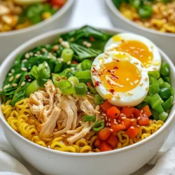 - 2 packs of instant ramen noodles (any flavor) - 1 tablespoon soy sauce - 1 tablespoon sesame oil - ½ cup cooked chicken, shredded (or tofu for a vegetarian option) - 1 cup vegetables (like spinach, carrots, or bell peppers) - 2 green onions, chopped - 1 teaspoon garlic powder - 1 teaspoon of chili flakes (adjust for spice preference) - 1 tablespoon sriracha (optional) - Soft-boiled eggs (for topping, optional) Gathering fresh ingredients makes all the difference. I love using instant ramen noodles because they cook fast and taste great. You can choose any flavor you like. The key is to add soy sauce and sesame oil for a rich, savory taste. For protein, I often use shredded chicken. It's easy and fills you up. If you prefer a meat-free option, tofu works well too. Next, pick a mix of colorful veggies. Spinach, carrots, and bell peppers add nutrients and crunch. Don't forget the green onions! They add a fresh touch. Garlic powder and chili flakes give extra flavor and heat. If you like spice, add some sriracha. If you want to get fancy, top your ramen with a soft-boiled egg. It looks good and makes the dish feel special. Make sure to have everything ready before you start cooking. This way, you can whip up a delicious meal in no time! {{ingredient_image_1}} To start, bring a pot of water to a boil. Use enough water to cover the noodles well. Once the water is boiling, add your instant ramen noodles. Follow the package instructions, usually about 3 to 4 minutes. Keep an eye on them to avoid overcooking. They should be soft but still firm. After cooking, drain the noodles and set them aside in a bowl. Next, grab a large mixing bowl. In this bowl, whisk together key ingredients. Combine 1 tablespoon of soy sauce, 1 tablespoon of sesame oil, 1 teaspoon of garlic powder, and 1 teaspoon of chili flakes. Mix until everything is well blended. This sauce will add a rich flavor to your ramen. If you like it spicy, consider adding 1 tablespoon of sriracha. This will give your dish an extra kick! Now, it’s time to combine everything. Take the cooked noodles and add them to the bowl with the sauce. Mix well until all noodles are coated in sauce. Next, fold in your choice of protein. If you want meat, add ½ cup of cooked chicken, shredded. For a vegetarian option, use tofu instead. Then, add 1 cup of vegetables, like spinach, carrots, or bell peppers. These will make your ramen colorful and healthy. Finally, you’ll want to heat everything through. Transfer the noodle mixture to a pan over medium heat. Stir gently for about 2 to 3 minutes until everything is warmed up. This step helps the flavors meld together. Once heated, serve the ramen in bowls. Top with chopped green onions and soft-boiled eggs if you like. Enjoy your quick and flavorful TikTok ramen! Balancing Ingredients for Taste To make the best ramen, balance is key. Use soy sauce and sesame oil wisely. These ingredients add rich umami and nutty flavors. Mix in garlic powder for depth. Fresh vegetables like spinach and carrots brighten the dish. Aim for a blend of textures and tastes. Adjusting Spice Levels Spice can change the whole meal. Start with one teaspoon of chili flakes. If you want more heat, add a bit of sriracha. Taste as you go. This way, you find the right kick for you. Meal Prep Suggestions You can make this ramen ahead. Cook the noodles and store them in the fridge. Prepare your sauce and keep it in a jar. Chop the veggies and protein, then store them too. On busy days, just mix and heat everything. Quick Assembly for Busy Days When time is tight, use your meal prep. In just a few minutes, reheat the noodles. Warm the sauce and add the protein and veggies. It’s a fast and tasty meal ready in no time! Garnishing for Visual Appeal A pretty dish looks more appetizing. Add chopped green onions on top for color. You can also place a soft-boiled egg on the side. This adds a nice touch and makes it look gourmet. Creative Plating Techniques Try stacking the noodles for height. Place the vegetables around the noodles for a pop of color. You can even drizzle some extra sauce on the plate. This simple touch makes your ramen stand out. Pro Tips Use Broth Instead of Water: For a richer flavor, cook the ramen noodles in chicken or vegetable broth instead of plain water. Customize Your Veggies: Feel free to add any vegetables you have on hand, like mushrooms or broccoli, to enhance the nutritional value and flavor. Perfect Soft-Boiled Eggs: For perfectly soft-boiled eggs, simmer them for 6-7 minutes, then transfer to an ice bath to stop the cooking process. Spice It Up: Adjust the amount of chili flakes and sriracha based on your heat preference to find the perfect balance for your taste buds. {{image_2}} Replacing Protein Options You can swap the chicken for tofu. Tofu adds a nice texture. Use firm tofu for the best results. Just press it to remove extra moisture. Then, cut it into cubes and sauté until golden. Vegetable Combinations Feel free to mix your veggies. Try broccoli, snap peas, or mushrooms. You can even add kale or zucchini. The more colors, the better! This makes your meal fun and healthy. Experimenting with Sauces Don’t be afraid to play with sauces. Add a splash of teriyaki or hoisin sauce. You can also try peanut sauce for a nutty taste. Each sauce gives a new twist to your ramen. Adding Unique Toppings Top your ramen with things like pickled ginger or seaweed. Crushed peanuts or sesame seeds add crunch too. Even a sprinkle of cilantro or basil can brighten the dish. Popular TikTok Variations TikTok is full of ramen ideas! One fun hack is using cheese. Just add cheese while the noodles cook for a creamy texture. Another is adding a fried egg on top for richness. Using Unique Ingredients Try incorporating kimchi for a spicy kick. You can also use leftover meats or veggies from your fridge. This is a great way to reduce food waste and create a unique dish! - Best Containers for Storage: Use airtight containers. Glass or BPA-free plastic works best. They keep the flavors in and prevent spills. - Refrigeration Tips: Cool the ramen to room temperature. Place it in the fridge within two hours. Consume within three days for the best taste. - How to Reheat Ramen without Losing Quality: Heat leftover ramen gently on the stove. Add a splash of water or broth. Cover the pan to steam the noodles. Stir until warm. This keeps the noodles soft. - Creative Ways to Use Leftovers: Try making ramen soup. Just add more broth and veggies. You can also turn it into a stir-fry. Toss with extra sauce and cook in a pan. You can use instant ramen noodles or fresh ramen. Instant noodles work great for quick meals. Fresh noodles have a softer texture and can add a nice touch. Choose based on your time and taste. Both options will taste good in this recipe. Yes! You can change ingredients to fit your needs. Use chicken, tofu, or leave out protein completely. Swap vegetables like spinach, carrots, or bell peppers. If you have allergies, pick safe veggies. This recipe is flexible for any diet. To add heat, use more chili flakes or sriracha. Start with one teaspoon of chili flakes. You can always add more later. If you want even more spice, try a hot sauce you like. Mix it in with your sauce or drizzle on top. Yes, you can make this dish gluten-free. Look for gluten-free ramen noodles at the store. Many brands offer rice or veggie noodles. Always check labels to ensure they meet your needs. You can enjoy this tasty dish without gluten. You learned about making tasty ramen at home. We covered ingredients, cooking steps, and tips for flavor. I shared ways to customize this dish for your needs. You can explore vegan options and unique toppings. Don't worry about storage; I provided easy tips for leftovers. Try these steps for fast, delicious meals. Enjoy your ramen adventures, and keep experimenting with flavors!