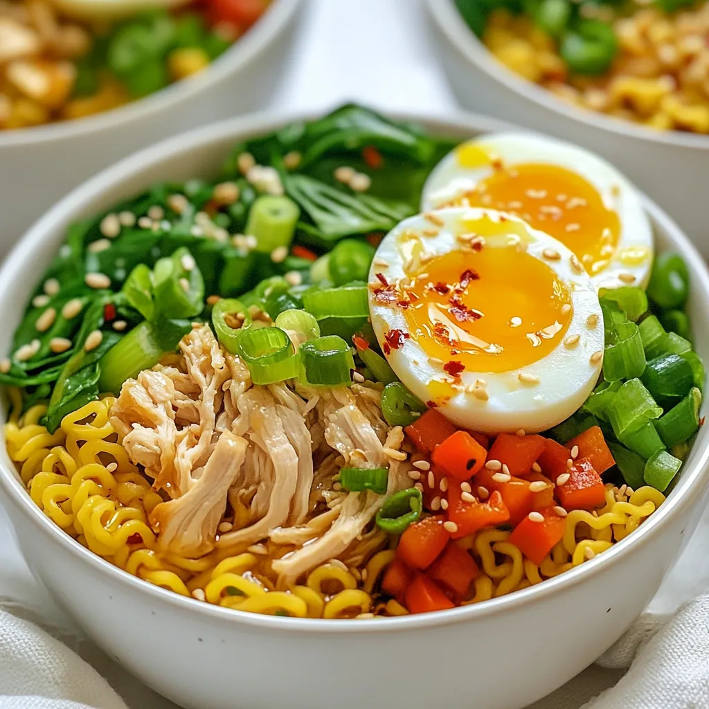 - 2 packs of instant ramen noodles (any flavor) - 1 tablespoon soy sauce - 1 tablespoon sesame oil - ½ cup cooked chicken, shredded (or tofu for a vegetarian option) - 1 cup vegetables (like spinach, carrots, or bell peppers) - 2 green onions, chopped - 1 teaspoon garlic powder - 1 teaspoon of chili flakes (adjust for spice preference) - 1 tablespoon sriracha (optional) - Soft-boiled eggs (for topping, optional) Gathering fresh ingredients makes all the difference. I love using instant ramen noodles because they cook fast and taste great. You can choose any flavor you like. The key is to add soy sauce and sesame oil for a rich, savory taste. For protein, I often use shredded chicken. It's easy and fills you up. If you prefer a meat-free option, tofu works well too. Next, pick a mix of colorful veggies. Spinach, carrots, and bell peppers add nutrients and crunch. Don't forget the green onions! They add a fresh touch. Garlic powder and chili flakes give extra flavor and heat. If you like spice, add some sriracha. If you want to get fancy, top your ramen with a soft-boiled egg. It looks good and makes the dish feel special. Make sure to have everything ready before you start cooking. This way, you can whip up a delicious meal in no time! {{ingredient_image_1}} To start, bring a pot of water to a boil. Use enough water to cover the noodles well. Once the water is boiling, add your instant ramen noodles. Follow the package instructions, usually about 3 to 4 minutes. Keep an eye on them to avoid overcooking. They should be soft but still firm. After cooking, drain the noodles and set them aside in a bowl. Next, grab a large mixing bowl. In this bowl, whisk together key ingredients. Combine 1 tablespoon of soy sauce, 1 tablespoon of sesame oil, 1 teaspoon of garlic powder, and 1 teaspoon of chili flakes. Mix until everything is well blended. This sauce will add a rich flavor to your ramen. If you like it spicy, consider adding 1 tablespoon of sriracha. This will give your dish an extra kick! Now, it’s time to combine everything. Take the cooked noodles and add them to the bowl with the sauce. Mix well until all noodles are coated in sauce. Next, fold in your choice of protein. If you want meat, add ½ cup of cooked chicken, shredded. For a vegetarian option, use tofu instead. Then, add 1 cup of vegetables, like spinach, carrots, or bell peppers. These will make your ramen colorful and healthy. Finally, you’ll want to heat everything through. Transfer the noodle mixture to a pan over medium heat. Stir gently for about 2 to 3 minutes until everything is warmed up. This step helps the flavors meld together. Once heated, serve the ramen in bowls. Top with chopped green onions and soft-boiled eggs if you like. Enjoy your quick and flavorful TikTok ramen! Balancing Ingredients for Taste To make the best ramen, balance is key. Use soy sauce and sesame oil wisely. These ingredients add rich umami and nutty flavors. Mix in garlic powder for depth. Fresh vegetables like spinach and carrots brighten the dish. Aim for a blend of textures and tastes. Adjusting Spice Levels Spice can change the whole meal. Start with one teaspoon of chili flakes. If you want more heat, add a bit of sriracha. Taste as you go. This way, you find the right kick for you. Meal Prep Suggestions You can make this ramen ahead. Cook the noodles and store them in the fridge. Prepare your sauce and keep it in a jar. Chop the veggies and protein, then store them too. On busy days, just mix and heat everything. Quick Assembly for Busy Days When time is tight, use your meal prep. In just a few minutes, reheat the noodles. Warm the sauce and add the protein and veggies. It’s a fast and tasty meal ready in no time! Garnishing for Visual Appeal A pretty dish looks more appetizing. Add chopped green onions on top for color. You can also place a soft-boiled egg on the side. This adds a nice touch and makes it look gourmet. Creative Plating Techniques Try stacking the noodles for height. Place the vegetables around the noodles for a pop of color. You can even drizzle some extra sauce on the plate. This simple touch makes your ramen stand out. Pro Tips Use Broth Instead of Water: For a richer flavor, cook the ramen noodles in chicken or vegetable broth instead of plain water. Customize Your Veggies: Feel free to add any vegetables you have on hand, like mushrooms or broccoli, to enhance the nutritional value and flavor. Perfect Soft-Boiled Eggs: For perfectly soft-boiled eggs, simmer them for 6-7 minutes, then transfer to an ice bath to stop the cooking process. Spice It Up: Adjust the amount of chili flakes and sriracha based on your heat preference to find the perfect balance for your taste buds. {{image_2}} Replacing Protein Options You can swap the chicken for tofu. Tofu adds a nice texture. Use firm tofu for the best results. Just press it to remove extra moisture. Then, cut it into cubes and sauté until golden. Vegetable Combinations Feel free to mix your veggies. Try broccoli, snap peas, or mushrooms. You can even add kale or zucchini. The more colors, the better! This makes your meal fun and healthy. Experimenting with Sauces Don’t be afraid to play with sauces. Add a splash of teriyaki or hoisin sauce. You can also try peanut sauce for a nutty taste. Each sauce gives a new twist to your ramen. Adding Unique Toppings Top your ramen with things like pickled ginger or seaweed. Crushed peanuts or sesame seeds add crunch too. Even a sprinkle of cilantro or basil can brighten the dish. Popular TikTok Variations TikTok is full of ramen ideas! One fun hack is using cheese. Just add cheese while the noodles cook for a creamy texture. Another is adding a fried egg on top for richness. Using Unique Ingredients Try incorporating kimchi for a spicy kick. You can also use leftover meats or veggies from your fridge. This is a great way to reduce food waste and create a unique dish! - Best Containers for Storage: Use airtight containers. Glass or BPA-free plastic works best. They keep the flavors in and prevent spills. - Refrigeration Tips: Cool the ramen to room temperature. Place it in the fridge within two hours. Consume within three days for the best taste. - How to Reheat Ramen without Losing Quality: Heat leftover ramen gently on the stove. Add a splash of water or broth. Cover the pan to steam the noodles. Stir until warm. This keeps the noodles soft. - Creative Ways to Use Leftovers: Try making ramen soup. Just add more broth and veggies. You can also turn it into a stir-fry. Toss with extra sauce and cook in a pan. You can use instant ramen noodles or fresh ramen. Instant noodles work great for quick meals. Fresh noodles have a softer texture and can add a nice touch. Choose based on your time and taste. Both options will taste good in this recipe. Yes! You can change ingredients to fit your needs. Use chicken, tofu, or leave out protein completely. Swap vegetables like spinach, carrots, or bell peppers. If you have allergies, pick safe veggies. This recipe is flexible for any diet. To add heat, use more chili flakes or sriracha. Start with one teaspoon of chili flakes. You can always add more later. If you want even more spice, try a hot sauce you like. Mix it in with your sauce or drizzle on top. Yes, you can make this dish gluten-free. Look for gluten-free ramen noodles at the store. Many brands offer rice or veggie noodles. Always check labels to ensure they meet your needs. You can enjoy this tasty dish without gluten. You learned about making tasty ramen at home. We covered ingredients, cooking steps, and tips for flavor. I shared ways to customize this dish for your needs. You can explore vegan options and unique toppings. Don't worry about storage; I provided easy tips for leftovers. Try these steps for fast, delicious meals. Enjoy your ramen adventures, and keep experimenting with flavors!