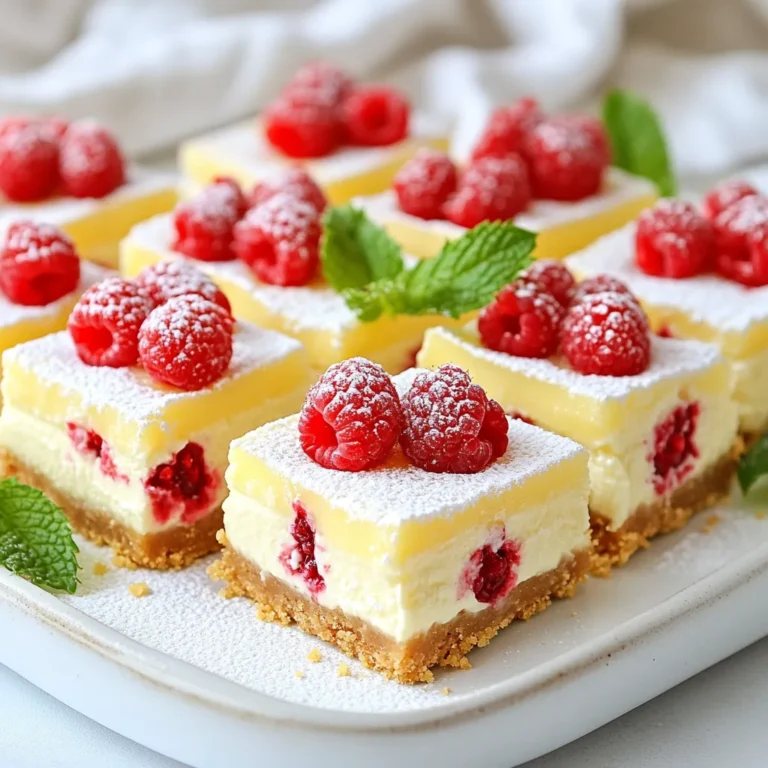 - 1 ½ cups graham cracker crumbs - ½ cup unsalted butter, melted - ¼ cup granulated sugar (for crust) - 16 oz cream cheese, softened - ½ cup granulated sugar (for filling) - 2 large eggs - ¼ cup fresh lemon juice - Zest of 1 lemon - 1 cup fresh raspberries - 2 tablespoons powdered sugar (for garnish) - Fresh mint leaves (for garnish, optional) You can use any cookie crumbs instead of graham crackers. Try digestive biscuits or Oreo crumbs. For the butter, coconut oil works well. If you want a lower-fat option, use Greek yogurt instead of cream cheese. You can also swap fresh raspberries for frozen ones. Just be aware that frozen berries may release more juice. When selecting fresh raspberries, look for bright red color. They should feel plump and firm. Check for any signs of mold or squished berries. Raspberries should smell sweet and fruity. If you plan to use them later, keep them dry and in the fridge. Wash them just before using to keep them fresh longer. {{ingredient_image_1}} To start, gather your crust ingredients: graham cracker crumbs, melted butter, and granulated sugar. In a medium bowl, mix 1 ½ cups of graham cracker crumbs, ½ cup of melted butter, and ¼ cup of sugar. Stir until it looks crumbly. This step is key for a tasty base. Next, press this mix evenly into the bottom of your greased 8x8-inch baking pan. Make sure it is packed tightly. Bake this crust at 325°F (163°C) for 10 minutes. Once baked, take it out and allow it to cool slightly. Now, let’s make the cheesecake filling. In a large mixing bowl, beat 16 oz of softened cream cheese with ½ cup of sugar. Mix it until it is smooth and creamy. This makes your filling rich and fluffy. Add in 2 large eggs, one at a time. Mix well after each egg. This helps the filling to blend perfectly. Then, stir in ¼ cup of fresh lemon juice and the zest of 1 lemon. This adds a bright, fresh taste. Finally, gently fold in 1 cup of fresh raspberries. Be careful not to mash them too much; we want those pretty swirls in our cheesecake. Pour the cheesecake mixture over your pre-baked crust. Use a spatula to smooth the top. Bake this in the oven for about 30 to 35 minutes. The center should be set but still jiggle a little. After baking, let the cheesecake cool at room temperature. Once cooled, place it in the fridge for at least 2 hours. This helps the bars to firm up nicely. Before serving, dust the top with 2 tablespoons of powdered sugar and add fresh mint leaves if you like. Use the parchment paper to lift the cheesecake out of the pan. Cut it into squares, and enjoy your delicious bars! To get the best texture, follow these simple steps. First, use softened cream cheese. This helps mix smoothly. Mix until it feels creamy and light. When you add eggs, do it one at a time. This keeps the mixture airy. Fold in raspberries gently. You want swirls, not mush. After baking, let the bars cool at room temp before chilling. This helps them set nicely. One common mistake is overbaking. You want the center to jiggle slightly. If it looks too firm, it might be dry. Also, don’t skip the cooling time. Chilling is key for the right texture. Another tip is to avoid using cold ingredients. Cold cream cheese or eggs can create lumps. Make sure everything is at room temp for the best results. Want to boost the flavor? Try adding a splash of vanilla extract. It adds warmth and depth. You can also mix in lemon zest with the filling. This intensifies the lemon flavor. If you like a bit of tang, consider adding sour cream. It gives a nice twist. Lastly, fresh herbs like basil can add a unique taste. It pairs well with the lemon and raspberry. Pro Tips Choose the Right Cream Cheese: For the best texture and flavor, use full-fat cream cheese that is at room temperature. This ensures a smooth filling without lumps. Don’t Overmix: When incorporating the eggs and raspberries, mix just until combined to prevent a dense texture in your cheesecake bars. Chill Thoroughly: Allow the cheesecake bars to chill in the refrigerator for at least 2 hours. This helps set the bars and enhances the flavors. Use Fresh Ingredients: Opt for fresh raspberries and lemon juice for the best taste and vibrant color in your cheesecake bars. {{image_2}} You can switch the raspberries for other fruits. Strawberries, blueberries, or peaches work well. Use fresh fruit to keep the taste bright. If you want a unique twist, try mango or passion fruit. These fruits add color and flavor to your bars. Just chop them up and fold them in like you do with raspberries. For a no-bake version, skip the oven. Use the same crust mix of graham cracker crumbs, melted butter, and sugar. Press it into the pan and chill it. For the filling, mix cream cheese, sugar, lemon juice, and zest until smooth. Fold in the raspberries gently. Pour this on the crust and let it chill in the fridge for at least four hours. You get a creamy, cool dessert without turning on the oven. To make gluten-free cheesecake bars, just change the crust. Use gluten-free graham cracker crumbs or almond flour. Mix it with melted butter and sugar like in the original recipe. The filling stays the same, so you don’t lose any flavor. This way, everyone can enjoy the delight of these bars. To keep your Raspberry Lemon Cheesecake Bars fresh, store them in the fridge. Place the bars in an airtight container. This helps to prevent them from drying out and keeps their flavor intact. You can also cover them with plastic wrap. They will stay fresh for up to five days. If you want to save some bars for later, freezing is a great option. First, let the bars cool completely in the fridge. Then, cut them into squares. Wrap each square tightly in plastic wrap, and then place them in a freezer-safe bag. This method helps to avoid freezer burn. The bars can last up to three months in the freezer. When you're ready to enjoy them, thaw them in the fridge overnight. These cheesecake bars taste best when served cold. However, if you prefer them a bit warm, you can reheat them. Place the squares on a microwave-safe plate. Heat them in the microwave for about 10-15 seconds. Be careful not to overheat, as this can change the texture. Before serving, dust with powdered sugar and add fresh mint leaves for a lovely touch. Enjoy your delicious treat! Yes, you can use frozen raspberries. They will work well in this recipe. Just remember to thaw them first. Drain any extra liquid to avoid a soggy texture. This will help keep your bars firm. Your cheesecake bars are done when the center is slightly jiggly. They should not look runny. The edges will set first, while the middle remains soft. This balance gives you that perfect texture. These bars shine on their own, but you can add a scoop of vanilla ice cream. Fresh whipped cream also pairs nicely. A drizzle of raspberry sauce adds a lovely touch, enhancing the flavors. Leftovers can last in the fridge for up to five days. Make sure to store them in an airtight container. This helps keep them fresh and tasty for your next dessert craving. Absolutely! You can make these bars a day in advance. After baking, cool and chill them in the fridge. This allows the flavors to blend, creating an even better treat when you serve them. We explored how to make delicious Raspberry Lemon Cheesecake Bars. You learned the key ingredients, preparation methods, and tips for success. Remember to choose quality raspberries and avoid common mistakes for the best results. Also, consider fun variations and storage tips to enjoy them longer. I hope this guide helps you bake a perfect treat that brightens your day. Enjoy your baking journey!