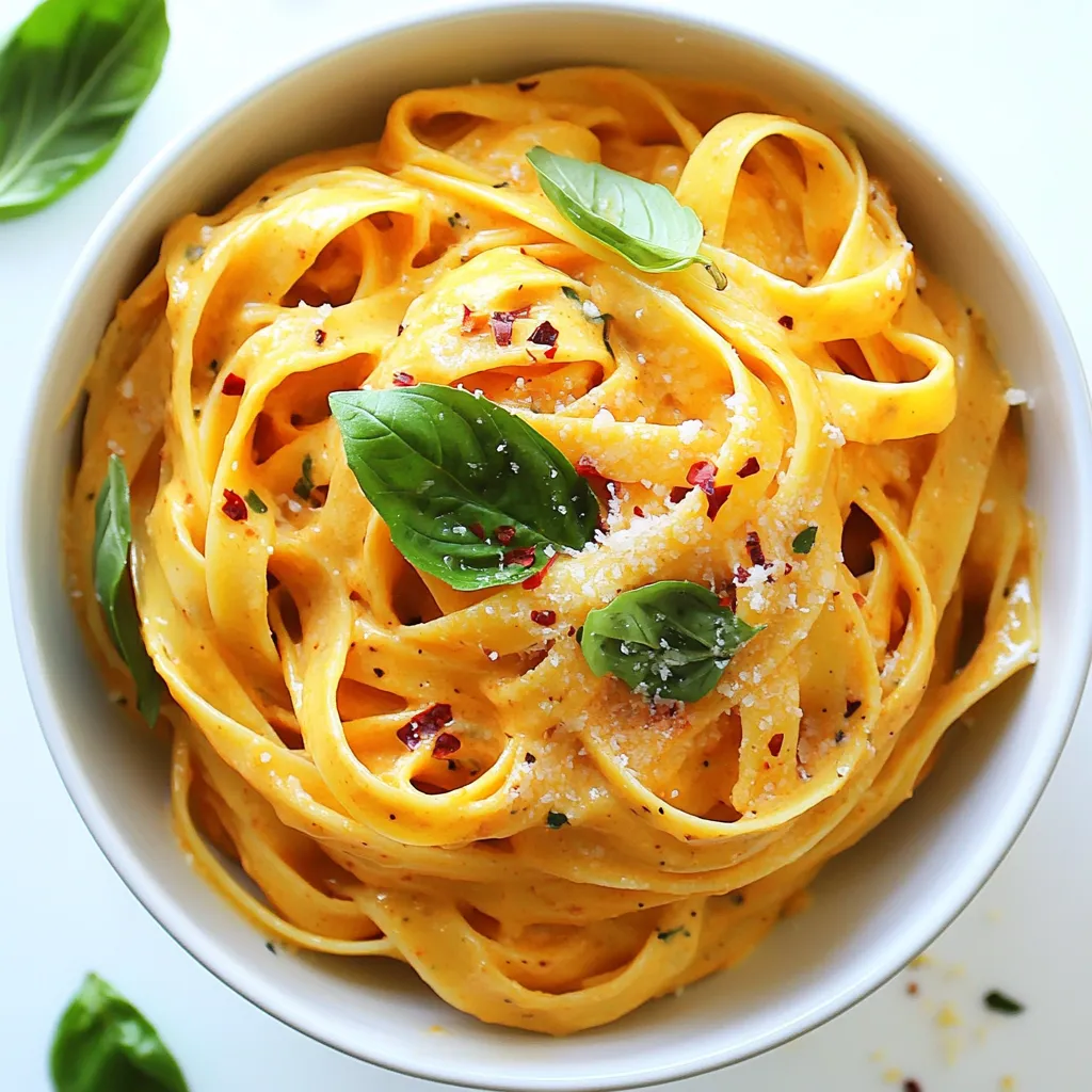 To make Creamy Roasted Red Pepper Pasta, you need simple and fresh ingredients. Here’s what you’ll need: - 12 oz pasta (fettuccine or your choice) - 3 large red bell peppers - 1 medium onion, chopped - 3 cloves garlic, minced - 1 cup heavy cream - ½ cup grated Parmesan cheese - 1 tablespoon olive oil - 1 teaspoon Italian seasoning - Salt and pepper to taste - Fresh basil leaves for garnish - Crushed red pepper flakes (optional for heat) Each ingredient plays a vital role. The pasta serves as the base, while the roasted red peppers bring a sweet, smoky flavor. The onion and garlic add depth. Heavy cream makes the dish rich and smooth. Parmesan cheese adds a salty, nutty touch. Olive oil helps sauté the vegetables. Italian seasoning enhances the overall taste. Salt and pepper balance the flavors. Fresh basil adds a burst of freshness, and crushed red pepper flakes can give it a kick if you like heat. By using these ingredients, you create a delightful dish that’s both tasty and satisfying. {{ingredient_image_1}} - Preheat your oven to 450°F (230°C). - Cut the red peppers in half. Remove the seeds. - Place the peppers cut-side down on a baking sheet. - Cook the pasta according to the package instructions. - Drain the pasta and set it aside. Reserve ½ cup of pasta water. - In a large skillet, heat olive oil over medium heat. - Add the chopped onion and sauté for 3-4 minutes. - Add the minced garlic and cook for another minute. - Roast the red peppers in the oven for about 20 minutes. - They should be charred and soft. - Remove them from the oven and place in a bowl. - Cover the bowl with plastic wrap for about 10 minutes. - This helps to loosen the skins. Peel off the skins. - Slice the roasted peppers and add them to the skillet. - Stir in Italian seasoning and cook for 2 minutes. - Add the heavy cream and bring to a simmer. - Stir in the Parmesan cheese until melted. - Season with salt and pepper to taste. - Add the cooked pasta to the skillet and mix well. - Add reserved pasta water if needed for creaminess. - If you like spice, sprinkle crushed red pepper flakes on top. - Serve the pasta garnished with fresh basil leaves. To get that dreamy creamy texture, always reserve pasta water. This starchy water helps the sauce stick to the pasta. It also adds a nice silkiness. Use fresh ingredients like red bell peppers, garlic, and onions. Fresh produce makes a big difference in taste. The flavors shine through when you choose quality items. Store your leftovers in airtight containers. Let the pasta cool before sealing it up. This helps keep it fresh for later. In the fridge, it’s good for about three days. When reheating, do so over low heat on the stove. Add a splash of water or more cream to bring back the creaminess. Pair this pasta with a crisp green salad or garlic bread. A light white wine, like Pinot Grigio, also works well. If you like spice, add crushed red pepper flakes to your dish. Adjust the heat by adding more or less, based on your taste. Pro Tips Roasting Peppers: For an even deeper flavor, let the roasted peppers cool completely before peeling. This enhances the sweetness and smokiness. Pasta Cooking: Be sure to salt the pasta water generously. It should taste like the sea, as this is the best time to season the pasta itself. Make it Creamy: If your sauce is too thick, gradually add in more reserved pasta water until you reach your desired creaminess. Garnishing: Fresh basil not only adds color but also enhances the dish's aroma and flavor. Tear the leaves instead of chopping for a more rustic touch. {{image_2}} You can make this pasta dish even better by adding protein. Grilled chicken or shrimp adds a tasty twist. Just cook them separately and toss them in at the end. For a vegetarian option, try adding chickpeas. They are packed with protein and make the dish hearty. Don't feel stuck with just one type of pasta. Whole wheat pasta adds fiber and a nutty taste. If you're gluten-free, use gluten-free pasta. You can also change the pasta shape. Penne, fusilli, or farfalle all work great in this recipe. Want to make it vegan? Substitute heavy cream with coconut milk or cashew cream. Use nutritional yeast instead of Parmesan for a cheesy flavor. For a lighter version, use low-fat cream and cheese. These swaps keep the dish creamy without the extra calories. You can store leftover creamy roasted red pepper pasta in an airtight container. Glass or plastic containers work well. Keep it in the fridge for up to 3 days. Make sure it cools down before sealing to avoid moisture buildup. For longer storage, freeze the pasta dish. Use a freezer-safe container or heavy-duty freezer bags. Try to remove as much air as possible. The pasta will stay good for about 2 months. To thaw, move it to the fridge overnight. Reheat in a skillet over low heat, adding a splash of cream or reserved pasta water. Check for spoilage before eating. Look for mold or an off smell. If it smells sour or looks different, it’s best to toss it. Always trust your nose and eyes! Yes, you can use jarred roasted red peppers. They save time and effort. Jarred peppers are often packed in olive oil, adding extra flavor. Freshly roasted peppers have a slightly smokier taste. If you want that deep flavor, try roasting your own peppers. To adjust the spice, add crushed red pepper flakes. Start with a pinch and taste. If you like more heat, add more. For less spice, skip the flakes entirely. You can also add a dash of cream or cheese to balance the heat. This pasta pairs well with a simple salad. A light arugula salad with lemon works great. Garlic bread is another tasty side. You can also serve it with grilled chicken or shrimp for added protein. In this post, we explored how to make a delicious Creamy Roasted Red Pepper Pasta. We covered essential ingredients, step-by-step instructions, and helpful tips. You learned how to achieve the perfect creamy sauce, store leftovers, and even tweak the recipe for dietary needs. Remember, cooking is fun! You can personalize this dish with different proteins and flavors. Dive in and enjoy making your own tasty meals. Your kitchen is the place for creativity, and this pasta is a great start!