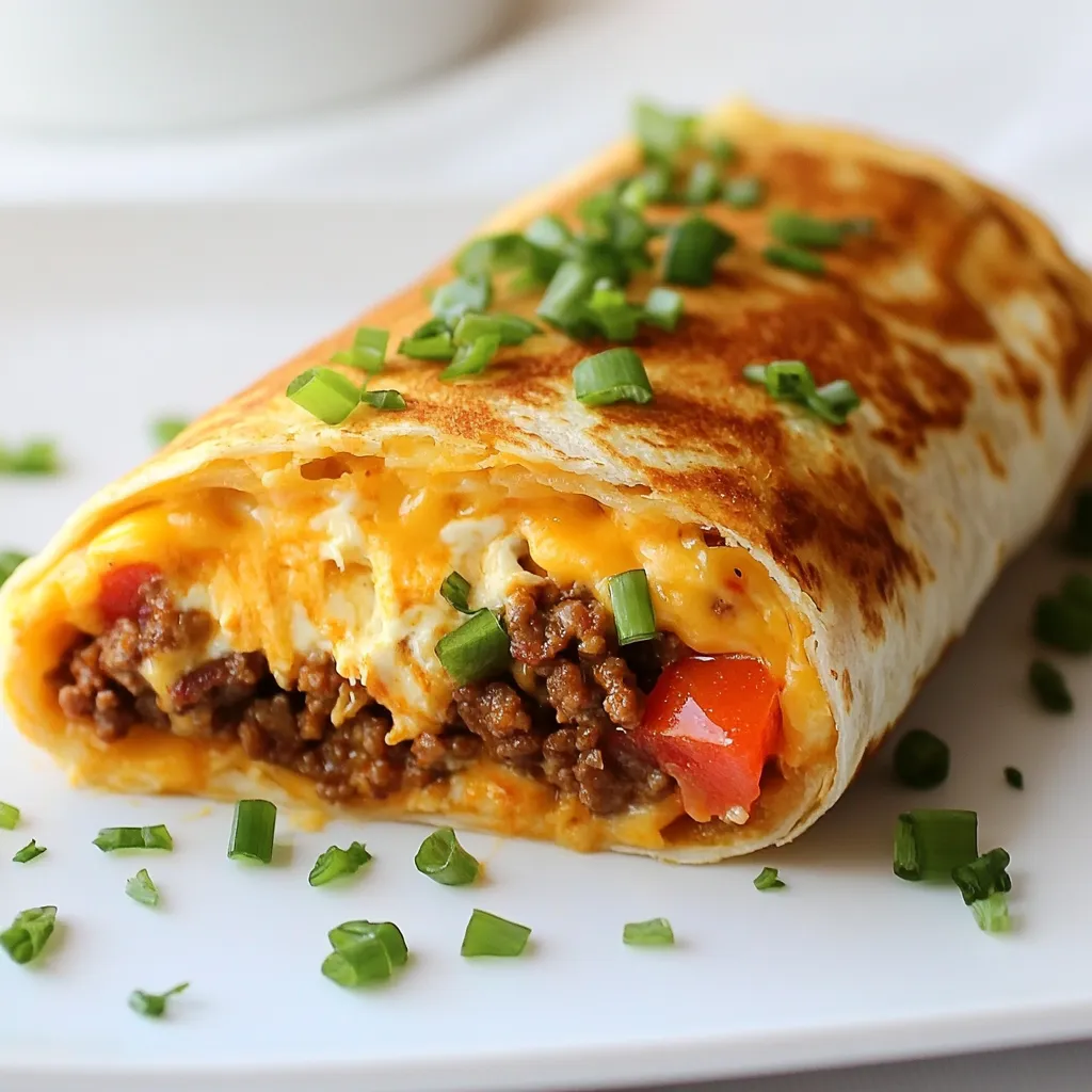 To make a tasty grilled cheese burrito, you need: - 2 large flour tortillas - 1 cup shredded sharp cheddar cheese - 1 cup shredded Monterey Jack cheese - 1/2 cup cream cheese, softened - 1/2 cup cooked and seasoned ground beef (or black beans for a vegetarian option) - 1/4 cup diced tomatoes - 1/4 cup finely chopped green onions - 1/2 teaspoon garlic powder - 1/2 teaspoon onion powder - Salt and pepper to taste - Cooking spray or butter for grilling These ingredients create the perfect mix of flavors and textures. The blend of cheeses gives a rich taste. The tortillas hold everything together, while the spices add depth. You can make your burrito unique by adding: - Avocado slices - Jalapeños for spice - Corn for sweetness - Bell peppers for crunch - Fresh cilantro for brightness Feel free to mix and match these optional ingredients. They make your burrito even more delicious. Choosing the right cheese can elevate your burrito. Here are some great options: - Gouda for a smoky flavor - Pepper Jack for a spicy kick - Mozzarella for extra stretchiness Experiment with different cheese to find your favorite combo. Each cheese brings a new taste adventure to your grilled cheese burrito. {{ingredient_image_1}} To start, gather your ingredients. You will need: - 1 cup shredded sharp cheddar cheese - 1 cup shredded Monterey Jack cheese - 1/2 cup cream cheese, softened - 1/2 cup cooked and seasoned ground beef (or black beans) - 1/4 cup diced tomatoes - 1/4 cup finely chopped green onions - 1/2 teaspoon garlic powder - 1/2 teaspoon onion powder - Salt and pepper to taste In a bowl, mix the cheddar, Monterey Jack, and cream cheese. Add the ground beef or black beans. Stir in the diced tomatoes and green onions. Then, sprinkle the garlic powder, onion powder, salt, and pepper. Blend it until smooth. Grab a large flour tortilla. Lay it flat on a clean surface. Spread half of the cheese mixture on one half of the tortilla. Make sure to cover it well. Then, fold the other half over the cheese. This will make a half-moon shape. Press down gently to seal the filling inside. Heat a large skillet over medium heat. Lightly coat it with cooking spray or butter. Place the burrito seam-side down in the skillet. Cook for about 3-4 minutes. Look for a golden brown, crispy outside. Carefully flip the burrito and cook the other side for another 3-4 minutes. Once both sides are crispy, remove it from the skillet. Let it cool for a minute and slice it in half. Repeat this with the second tortilla and cheese mixture. Enjoy your warm grilled cheese burritos! To make your burrito crunchy, use a good amount of cooking spray or butter. Heat your skillet until it is hot before placing the burrito in. Cook each side for about 3-4 minutes. You want that golden brown look. If you flip too soon, it may stick or tear. So, be patient. Press down gently while cooking to help crisp the edges. If you have leftovers, let them cool completely. Wrap each burrito in foil or plastic wrap. Store them in the fridge for up to three days. For longer storage, freeze them. Just remember to wrap them tightly. This keeps them fresh and tasty. These grilled cheese burritos pair well with salsa, sour cream, or guacamole. You can also serve them with a side salad for a fresh touch. If you like a kick, try adding hot sauce. Each dip adds extra flavor and fun to your meal! Pro Tips Use Fresh Ingredients: Fresh vegetables and high-quality cheeses will enhance the flavor of your burrito, making it even more delicious. Customize Your Fillings: Feel free to experiment with different proteins or add extra veggies like bell peppers or spinach for a personalized touch. Perfect Grilling: Make sure your skillet is preheated properly to achieve a golden-brown crust without burning the tortilla. Serving Suggestions: Pair your burrito with a side of guacamole or pico de gallo for an extra layer of flavor. {{image_2}} You can easily switch ground beef for black beans. Black beans add protein and fiber. They make the burrito hearty and tasty. Simply replace the beef with half a cup of cooked black beans. Mix them with the other ingredients as before. This option is great for meatless meals. You still get that creamy, cheesy goodness. Spices can make your burrito pop with flavor. Try adding a pinch of cumin or chili powder. These spices bring warmth and depth. You can also add a dash of smoked paprika. It gives a nice, smoky taste. Mix these spices into your cheese mixture for a flavorful kick. You can adjust the spice level to match your taste. Feel free to explore different fillings! You can use cooked chicken, turkey, or shrimp. These meats work well with the cheese. If you want something different, add veggies like spinach or bell peppers. They add color and crunch. Don't forget about avocado for creaminess. Get creative with your choices to make the burrito your own! To keep your leftover burritos fresh, wrap them tightly in foil or plastic wrap. You can also place them in an airtight container. Store them in the fridge for up to three days. This helps keep the flavors intact and your burritos tasty. When you're ready to eat the leftover burritos, use a skillet for the best results. Heat the skillet over medium heat. Place the burrito in the skillet and cover it with a lid. Cook it for about 5 minutes on each side. This warms it through and keeps it crispy. You can also use a microwave. Just place it on a microwave-safe plate. Heat for 1-2 minutes, but the burrito may not be as crispy. If you want to save burritos for later, freezing is a great option. First, let the burritos cool completely. Wrap each one in foil or wax paper. Then, place them in a freezer bag. Remove as much air as possible before sealing. You can freeze them for up to three months. When you want to eat one, thaw it in the fridge overnight before reheating. Yes, you can make Grilled Cheese Burritos ahead of time. Prepare the burritos as directed. After cooking, let them cool. Wrap each burrito in plastic wrap or foil. Store them in the fridge for up to two days. You can also freeze them for longer storage. When ready to eat, reheat them in a skillet or microwave. The best cheese for a Grilled Cheese Burrito is a mix of sharp cheddar and Monterey Jack. These cheeses melt well and add great flavor. You can also try pepper jack for a spicy kick. Cream cheese adds creaminess and binds the filling together. Feel free to experiment with your favorite cheeses. To make a healthier version, use whole wheat tortillas. You can also swap out the ground beef for black beans or lentils. This adds fiber and cuts down on fat. Use low-fat cream cheese and reduce the amount of cheese. Add more veggies, like spinach or bell peppers, for extra nutrients. In this post, we covered how to make a delicious grilled cheese burrito. We looked at the main and optional ingredients, plus the best cheese choices. You learned the steps to prepare your burrito, tips for perfect crispiness, and how to store leftovers. We also shared fun variations, like vegetarian options and different fillings. Remember, you can get creative with flavors and ingredients. Enjoy making this dish your own!