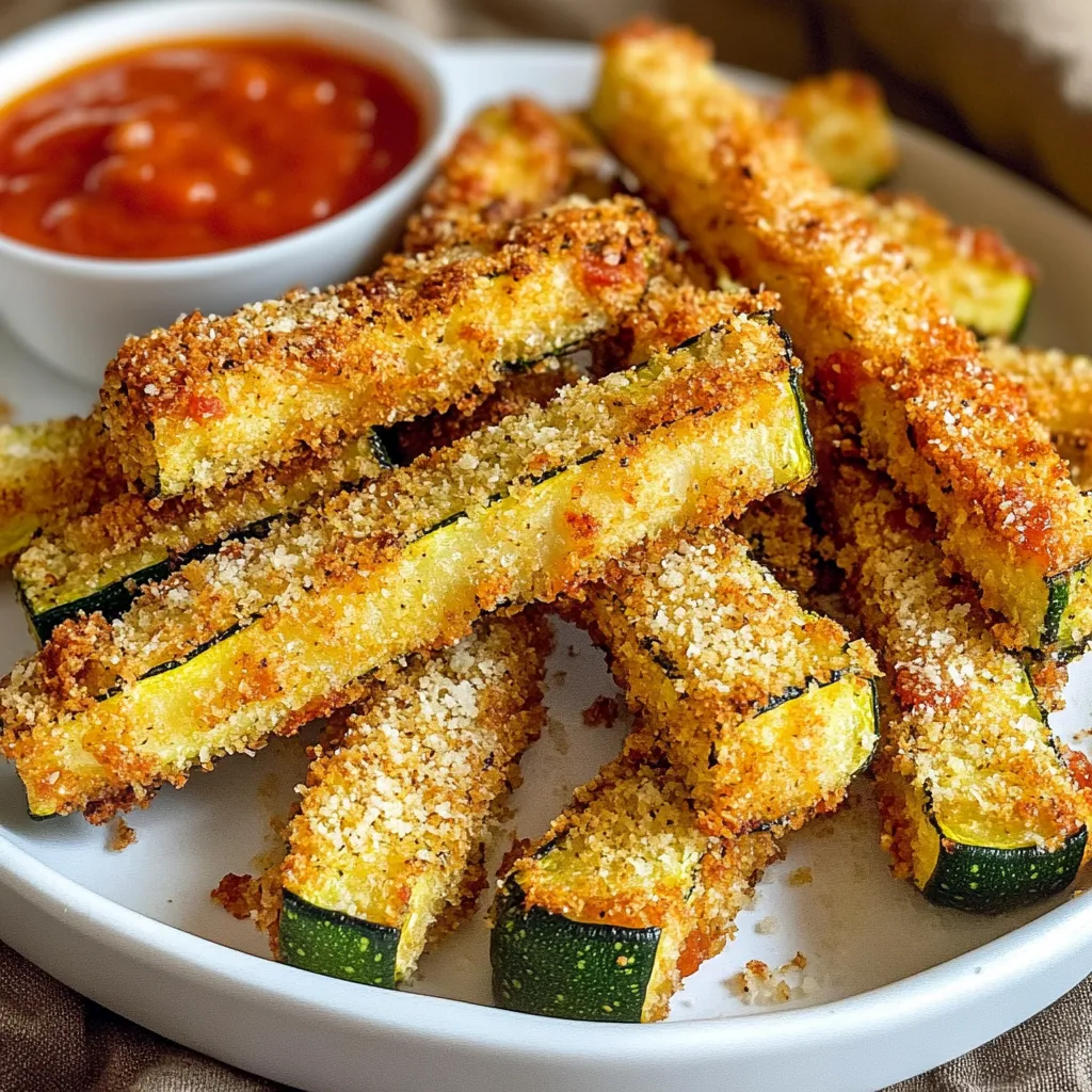 To make crispy air fryer zucchini fries, gather these simple ingredients: - 2 medium zucchinis, cut into fries - 1/2 cup breadcrumbs (panko preferred for extra crispiness) - 1/4 cup grated Parmesan cheese - 1 teaspoon garlic powder - 1 teaspoon onion powder - 1/2 teaspoon paprika - 1/2 teaspoon Italian seasoning - Salt and pepper to taste - 1 large egg, beaten - Olive oil spray Each ingredient plays a key role. Zucchini is fresh and healthy. Breadcrumbs give a great crunch, especially if you use panko. Parmesan adds a rich flavor that complements the zucchini well. The spices add warmth and depth. The egg helps the coating stick. Lastly, olive oil spray aids in achieving that perfect golden finish. Feel free to adjust the spices to match your taste. You can also add more cheese or try different herbs. The key is to have fun and make it yours! {{ingredient_image_1}} - First, preheat your air fryer to 400°F (200°C). This step takes about 5 minutes. - Setting the right temperature is key for crispy zucchini fries. - In a mixing bowl, combine 1/2 cup of breadcrumbs, 1/4 cup of grated Parmesan cheese, 1 teaspoon of garlic powder, 1 teaspoon of onion powder, 1/2 teaspoon of paprika, 1/2 teaspoon of Italian seasoning, and salt and pepper. Mix these dry ingredients well. - In another bowl, beat 1 large egg until smooth. This will help the coating stick. - Take each zucchini fry and dip it into the beaten egg. Allow the excess egg to drip off. - Next, coat each fry in the breadcrumb mixture. Press gently so the coating sticks well. - Place the coated zucchini fries in the air fryer basket. Cook them at 400°F (200°C) for 10-12 minutes. - Flip the fries halfway through to ensure even cooking. Avoid overcrowding the basket. This way, all fries get crispy. If needed, cook in batches. Using Panko breadcrumbs is key for great texture. They are light and airy, creating a crunchy outer layer. Regular breadcrumbs can result in a soggier fry. For oil spraying, hold the bottle about 6 inches from the fries. A light, even coat helps them brown without being greasy. Too much oil can make them soft. Keep your zucchini fries the same size. This helps them cook evenly. Aim for 1/4 to 1/2 inch thick pieces. If they are all the same, they will all finish cooking at the same time. Flip the fries halfway through cooking. This ensures all sides get crispy. Use tongs to turn them gently. This makes for a perfect golden finish. Zucchini fries pair well with dips like marinara or garlic aioli. These flavors add zest and balance. For a nice touch, garnish with fresh parsley. A sprinkle on top makes the dish look appealing. You could also try serving with a side of lemon wedges for a fresh squeeze! Pro Tips Choose the Right Zucchini: Opt for medium-sized zucchinis, as they have the perfect balance of moisture and firmness for frying. Double Dipping for Extra Crispiness: For an extra crunchy coating, dip the zucchini fries in the egg mixture, then back in the breadcrumbs before frying. Don’t Overcrowd the Basket: Ensure there’s enough space between zucchini fries in the air fryer basket for even cooking and optimal crispiness. Experiment with Seasoning: Feel free to add your favorite spices or herbs to the breadcrumb mixture for a unique flavor twist! {{image_2}} You can switch up the coating for your crispy zucchini fries. Try using almond flour instead of breadcrumbs. It gives a nice crunch and is gluten-free. You can also use gluten-free breadcrumbs for a similar effect. Adding spices brings more flavor. Consider using cayenne pepper for heat. You might also add dried herbs like oregano or even nutritional yeast for a cheesy taste. Experiment with your favorite spices, and find what you like best! Zucchini is delicious, but you can try other veggies too. Carrots, sweet potatoes, or eggplant work well in the air fryer. Just cut them into fry shapes for even cooking. Adjusting cooking times is simple. Thicker veggies may need more time. For example, sweet potato fries may take about 15-18 minutes. Always check for doneness. You want them crispy and golden. To keep your leftover zucchini fries fresh, store them in an airtight container. Place them in the fridge for up to three days. If you want to save them longer, you can freeze them. To freeze, place the fries on a baking sheet in a single layer. Freeze them for one hour, then transfer to a freezer bag. This method prevents them from sticking together. They can stay frozen for up to three months. The best way to reheat zucchini fries is in the air fryer. Preheat your air fryer to 375°F (190°C). Place the fries in the basket in a single layer. Heat for about 5 to 7 minutes until they are crispy again. You can also reheat them in the oven. Preheat the oven to 400°F (200°C). Spread the fries on a baking sheet and bake for 10 minutes. For a quick option, use the microwave, but they may lose their crispiness. Yes, you can skip breadcrumbs. Use crushed nuts or ground flaxseed instead. These options add crunch and flavor. They may change the taste slightly but can work well. Experiment to find your favorite! If you want to avoid Parmesan, try nutritional yeast. It adds a cheesy flavor without dairy. You can also use grated vegan cheese or leave it out entirely. Your fries will still be tasty. Look for a golden brown color on your fries. They should feel crisp when you touch them. If you have a kitchen thermometer, check for a temperature of about 200°F (93°C). This means they are ready to eat. Yes, you can double the recipe! Just make sure your air fryer can fit all the fries in a single layer. If not, cook in batches to ensure even cooking and crispiness. Absolutely! These fries are lower in fat than traditional fried options. Zucchini is high in vitamins and fiber. Using an air fryer cuts down on oil, making them a smart choice for a snack or side dish. In this post, we covered how to make crispy air fryer zucchini fries. We reviewed the ingredients needed, like zucchini and Panko breadcrumbs. Then, I shared easy step-by-step instructions for preparing and cooking your fries. I also provided tips for maximum crispiness and serving suggestions. Overall, these zucchini fries are tasty and simple, making them a fun treat. Enjoy experimenting with variations and remember to store any leftovers properly for later use. Happy cooking!