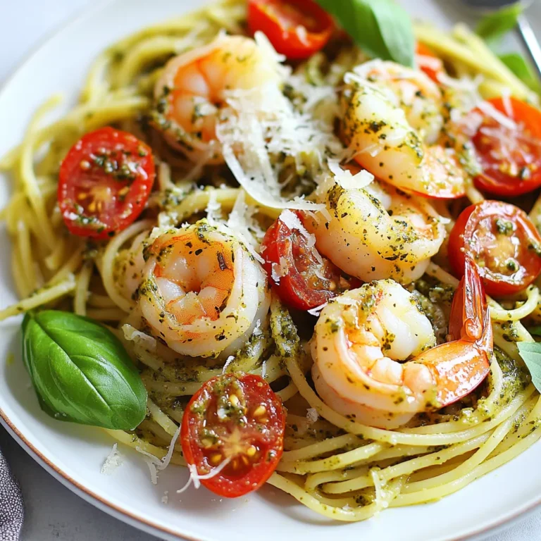 For this dish, I recommend using 8 ounces of spaghetti. Spaghetti is a classic choice. It cooks well and holds the sauce nicely. You can also use other pasta types like fettuccine or penne. Choose what you love best! You need 1 pound of shrimp for this recipe. Make sure they are deveined and peeled. This saves time and makes cooking easier. Fresh shrimp tastes great, but frozen works too. Just thaw them before cooking. You will need a few simple seasonings. These include: - 1 cup of homemade or store-bought pesto - 1/2 cup cherry tomatoes, halved - 1/4 cup grated Parmesan cheese - 2 tablespoons olive oil - 2 cloves garlic, minced - Salt and pepper to taste - Fresh basil leaves for garnish These ingredients add flavor and freshness to your meal. The garlic and olive oil give a nice base. The basil adds a lovely touch at the end. Enjoy the vibrant colors and tastes! {{ingredient_image_1}} Start by boiling water in a large pot. Add salt to the water for flavor. Once it boils, add 8 oz of spaghetti. Cook it according to the package instructions until it is al dente. This means it should be firm but not hard. After cooking, reserve 1/2 cup of the pasta water. Drain the pasta and set it aside. Next, heat 2 tablespoons of olive oil in a large skillet over medium heat. Add 2 cloves of minced garlic. Sauté for about 30 seconds. You want to smell the garlic, but do not burn it. Now, add 1 lb of peeled and deveined shrimp to the skillet. Season them with salt and pepper. Cook for 2-3 minutes on each side. The shrimp should turn pink and opaque when done. Lower the heat on the skillet. Add the cooked pasta to the shrimp. Toss in 1 cup of pesto and 1/2 cup of halved cherry tomatoes. Pour in a splash of the reserved pasta water. This helps mix everything well. Stir until the pasta is coated in pesto. Finally, add 1/4 cup of grated Parmesan cheese. Mix until the cheese melts and blends in. If it looks dry, add more pasta water. To get the best pasta texture, cook it al dente. This means the pasta should be firm when you bite it. Follow the package instructions but check a minute early. Reserve some pasta water before draining. This starchy water helps when mixing with the sauce. Adding a splash of it can keep your dish creamy and smooth. Start by seasoning the shrimp well. A good sprinkle of salt and pepper works wonders. Cook the shrimp until they turn pink and opaque. This usually takes about 2-3 minutes per side. If you want more flavor, add a pinch of red pepper flakes or lemon juice when cooking. These small steps make a big difference in taste. Pesto is packed with flavor, so use it wisely. If you make homemade pesto, let it sit for a bit to meld the flavors. When mixing pesto with pasta, add it slowly and toss well. If the dish seems dry, use reserved pasta water to help. This keeps the pasta from clumping. Always save some fresh basil leaves to garnish your meal. This adds a lovely pop of color and freshness. Pro Tips Fresh Pesto is Best: If you can, use homemade pesto for a fresher, more vibrant flavor that elevates the dish. Don't Overcook the Shrimp: Cook the shrimp just until they turn pink and opaque to ensure they remain tender and juicy. Adjusting Consistency: Use the reserved pasta water to adjust the sauce's consistency; it helps the sauce cling to the pasta better. Garnish with Flair: Adding fresh basil and extra Parmesan not only enhances the dish visually but also boosts its flavor profile. {{image_2}} You can make pesto shrimp pasta even better by adding vegetables. Fresh veggies boost flavor and color. - Spinach: Toss in a handful of fresh spinach. It wilts quickly and adds nutrients. - Zucchini: Slice zucchini into thin rounds or half-moons. Sauté them with the shrimp. - Bell Peppers: Add chopped bell peppers for a sweet crunch. They cook fast and taste great. These veggies make the dish more balanced and fun to eat. Plus, they add extra vitamins! You can swap out the spaghetti for other pasta types. This change gives new textures and flavors. - Penne: This pasta has ridges that hold sauce well. It's perfect for pesto. - Farfalle: Also known as bow-tie pasta, it looks cute and mixes well with shrimp. - Gluten-Free Options: Try gluten-free pasta if you need it. There are many good brands available. Each pasta type offers a unique taste and feel. Choose based on your mood or what you have at home. Pesto can be unique to your taste. You can change its flavor with simple swaps. - Nuts: Use walnuts or cashews instead of pine nuts. Each nut gives a different taste. - Cheese: Swap Parmesan for pecorino or nutritional yeast for a vegan option. - Herbs: Add fresh mint or parsley for a twist on classic basil pesto. These changes keep the dish exciting. Experiment to find your favorite blend! After making pesto shrimp pasta, let it cool down. Store it in an airtight container. Keep it in the fridge for up to three days. If you plan to eat it later, try to eat it within this time frame. The pasta may get soft, but it still tastes great. You can freeze pesto shrimp pasta, but keep in mind that the texture might change. Place the cooled pasta in a freezer-safe container. It can last up to two months in the freezer. To avoid freezer burn, use a tight lid or wrap it well. When you are ready to eat, thaw it in the fridge overnight. To reheat, use a skillet or microwave. If using a skillet, add a splash of water or olive oil. Heat it over medium until warm. If using a microwave, cover it and heat for one minute at a time, stirring in between. This keeps the pasta moist and tasty. Yes, you can use frozen shrimp for this recipe. Just make sure to thaw them first. To thaw shrimp, place them in a bowl of cold water for about 15-20 minutes. Once thawed, pat them dry with a paper towel. This helps achieve a better texture when cooking. Frozen shrimp can be just as tasty as fresh shrimp. Most pesto is vegetarian, but some may have cheese. Traditional pesto often contains Parmesan cheese. If you want a vegan option, look for a cheese-free pesto. You can also make your own by blending basil, nuts, garlic, and oil. This way, you control the ingredients and keep it vegetarian. To make this recipe low-carb, swap regular pasta for zucchini noodles or spaghetti squash. These options are lower in carbs and calories. You still get a great texture and flavor without the carbs. Using cauliflower rice is another great choice. It absorbs flavors well and keeps the dish light and healthy. This blog post covered how to make a delicious shrimp and pasta dish. We looked at choosing the right pasta, fresh shrimp, and key seasonings. I detailed how to cook the pasta perfectly, sauté shrimp, and mix everything with cheese. You learned tips for great texture and flavor, plus ways to customize your dish. Finally, we discussed storing leftovers and answered common questions. Enjoy experimenting and making this dish your own!