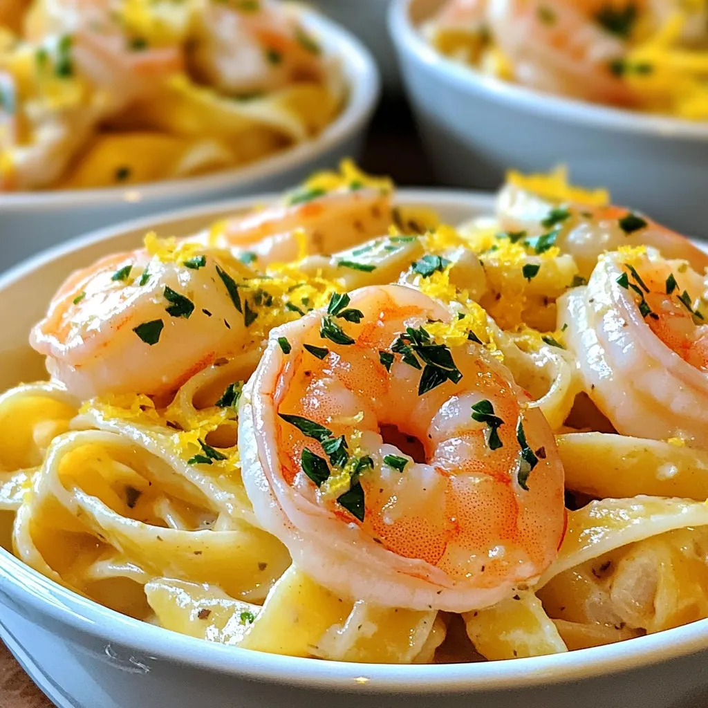 - 8 oz. fettuccine pasta - 1 lb. large shrimp, peeled and deveined - 4 cloves garlic, minced - 1 cup heavy cream To make this dish, you need fettuccine pasta. It is the perfect base for creamy sauce. Use large shrimp for a nice bite. Make sure they are peeled and deveined. Garlic adds a strong and tasty flavor. Heavy cream makes the sauce rich and smooth. - 1 teaspoon paprika - Salt and pepper to taste - Fresh parsley, chopped (for garnish) - Zest of 1 lemon Paprika gives warmth and color to the dish. Salt and pepper enhance the flavors. Fresh parsley adds a nice green touch. Lemon zest brightens the meal with a fresh note. - 1 cup chicken or vegetable broth - 1/2 cup grated Parmesan cheese - 2 tablespoons olive oil - 1 tablespoon butter You can add chicken or vegetable broth for extra flavor. Grated Parmesan cheese makes the sauce even creamier. Olive oil and butter are great for sautéing the garlic and shrimp. These add a rich taste that makes the dish shine. {{ingredient_image_1}} Start by cooking the fettuccine. Follow the package instructions for best results. Once the pasta is done, drain it. Be sure to save about 1/2 cup of the pasta water for later. This water is key for the sauce. Next, grab a large skillet. Heat olive oil and butter over medium heat. Add minced garlic and sauté it for about a minute. You want it fragrant, but not burnt. Then, toss in the shrimp. Sprinkle with paprika, salt, and pepper. Cook the shrimp for about 2-3 minutes. They should turn pink and opaque. Once done, remove the shrimp from the skillet and set them aside. In the same skillet, pour in the chicken broth. Let it simmer for a couple of minutes. Then, add the heavy cream and stir gently. Allow the mixture to simmer for about 3-4 minutes. You want it slightly thickened. Next, stir in the grated Parmesan cheese. Keep stirring until it melts smoothly. If the sauce feels too thick, add a bit of the reserved pasta water. This helps reach your desired consistency. Finally, add the cooked fettuccine and shrimp back into the skillet. Toss everything together so it's coated in the creamy sauce. Finish with lemon zest and check the seasoning. Adjust salt and pepper if needed. Serve hot, and enjoy your flavorful dish! To get the right thickness for your sauce, the key is to let it simmer. After adding the cream, stir it gently. You want it to coat the back of a spoon. If the sauce is too thick, add a splash of the reserved pasta water. This helps reach your desired creaminess. Adjusting flavors is simple. Taste the sauce before serving. If it needs more flavor, add salt, pepper, or extra lemon zest. Each little tweak makes a big difference, so don’t hesitate to experiment! Knowing when shrimp is perfectly cooked is crucial. Look for a pink color and an opaque center. It takes about 2-3 minutes per side in a hot skillet. Overcooked shrimp turns rubbery. If you see it curl tightly, it’s a sign to remove it from heat. To avoid rubbery shrimp, cook them quickly over medium-high heat. Don’t overcrowd the pan; this keeps them from steaming. If you follow these tips, your shrimp will be tender and juicy! Serving suggestions can elevate your dish. Use deep bowls to hold the creamy pasta. This makes the dish look inviting. Garnish with extra Parmesan cheese and a sprinkle of parsley for color. For a zesty touch, add a lemon wedge on the side. This brightens up the plate. You want people to enjoy the dish before they even take a bite! Pro Tips Use Fresh Shrimp: Whenever possible, opt for fresh shrimp rather than frozen for the best flavor and texture. Adjust Sauce Thickness: If your sauce becomes too thick, gradually add the reserved pasta water until you reach your desired consistency. Enhance Flavor with Lemon: A squeeze of fresh lemon juice can brighten the dish and elevate the flavors, so don’t skip the lemon zest! Garnish Creatively: Consider adding additional toppings like red pepper flakes for heat or toasted pine nuts for crunch to add more dimension to your dish. {{image_2}} You can easily swap out the pasta type. Try using penne, linguine, or even whole wheat pasta. Each will give a different texture and taste. If you want a low-carb option, zucchini noodles work great too! For proteins, shrimp is a star, but chicken or scallops are tasty choices as well. You can also add vegetables like spinach, peppers, or peas for extra color and nutrients. To boost flavor, bring in fresh herbs. Basil or thyme adds a nice touch. You can also add a pinch of red pepper flakes for heat. Incorporating white wine can deepen the sauce. Just add a splash after you sauté the garlic. Let it simmer for a minute to cook off the alcohol. If gluten is a concern, use gluten-free pasta. There are many options available that taste great. Just cook them according to package instructions. For a vegan version, replace shrimp with mushrooms or tofu. Use coconut milk instead of heavy cream and skip the cheese. Nutritional yeast gives a cheesy flavor without dairy. To keep your creamy garlic shrimp pasta fresh, store it in an airtight container. Place it in the fridge within two hours of cooking. This helps prevent bacteria growth. You can keep it for up to three days. After that, the flavors start to fade. When reheating pasta, the best method is to use the stove. Heat a pan over low heat and add a splash of broth or cream. Stir gently to warm it up. This keeps the cream sauce creamy. Avoid using the microwave, as it can make the sauce clumpy. You can freeze creamy pasta, but it's not ideal. The cream may separate when thawed. If you want to freeze it, use a freezer-safe container. It can last up to three months. To thaw, place it in the fridge overnight. Reheat slowly on the stove, adding a bit of broth to help with the texture. To add spice, use red pepper flakes or a dash of hot sauce. You can also add diced jalapeños for extra heat. Mix these in with the garlic while cooking. Start with a small amount and adjust to your taste. This will give your dish a nice kick without overpowering the creamy flavors. Pair this dish with a fresh green salad. A simple salad with mixed greens and a light vinaigrette works well. Garlic bread is another great choice. It complements the pasta and adds a nice crunch. You can also serve it with steamed vegetables for extra color and nutrition. Yes, frozen shrimp works perfectly! Just make sure to thaw them first. You can thaw shrimp by placing them in cold water for about 15 minutes. This saves time and keeps them fresh. Cook them as you would fresh shrimp, following the same steps in the recipe. To make more servings, simply double the ingredients. Use 16 oz. of fettuccine and 2 lbs. of shrimp. Adjust the cream, broth, and cheese accordingly. Keep the cooking times the same, but check if the sauce thickens too quickly. You can always add more reserved pasta water if needed. One serving of Creamy Garlic Shrimp Pasta has about: - Calories: 600 - Protein: 30g - Carbohydrates: 65g - Fat: 25g - Fiber: 3g These values may vary based on specific brands and ingredients. Adjust as needed for dietary preferences. This blog post covered how to make creamy garlic shrimp pasta. We explored key ingredients like fettuccine, shrimp, garlic, and cream. I shared step-by-step instructions to ensure perfect results. You learned tips for ideal texture and flavor, plus storage and reheating advice. In the end, this dish is simple yet delicious. You can easily customize it to suit your taste. Enjoy making it and impressing your family and friends!