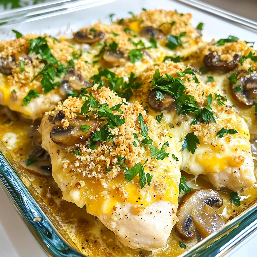 - 4 boneless skinless chicken breasts - 1 cup Swiss cheese, shredded - 1 cup mushrooms, sliced (button or cremini) - 1 cup heavy cream - 1 teaspoon dried thyme - 1 teaspoon salt - ½ teaspoon black pepper - 1 tablespoon olive oil - 1 cup breadcrumbs - Fresh parsley, chopped The main ingredients for the Mushroom Swiss Chicken Bake are simple yet full of flavor. Boneless skinless chicken breasts form the base of this dish. They cook up tender and juicy. The Swiss cheese adds a creamy, nutty taste that melts beautifully over the chicken. You can use either button or cremini mushrooms, both of which provide a rich, earthy flavor. For seasoning, we use heavy cream to keep everything moist. Dried thyme gives a hint of herbal goodness. Salt and black pepper create a balanced taste. Olive oil is key to sautéing the onions and mushrooms, enhancing their flavors. Lastly, bread crumbs will give a delightful crunch on top. Don't forget the fresh parsley! It adds a pop of color and freshness when you serve the dish. This blend of ingredients makes for a tasty meal that you and your family will love. {{ingredient_image_1}} 1. First, preheat your oven to 375°F (190°C). This helps cook the dish evenly. 2. Take a large skillet and heat the olive oil over medium heat. Add the chopped onion. Sauté until the onion turns clear, about 3 minutes. 3. Next, stir in the minced garlic and sliced mushrooms. Cook until the mushrooms are soft, which takes about 5 minutes. 1. In a bowl, mix the heavy cream, thyme, salt, and black pepper. Combine well and set aside. 2. Grease a baking dish, then lay the chicken breasts in a single layer. Pour the cream mixture over the chicken. Make sure to coat each piece evenly. 3. Spread the sautéed mushrooms and onions over the chicken. 4. Sprinkle the shredded Swiss cheese evenly on top of the mushrooms and onions. 5. Finally, add the breadcrumbs on top for a crunchy finish. 1. Place the dish in the preheated oven. Bake for 30 to 35 minutes. 2. Check the chicken for doneness. It should be fully cooked and the breadcrumbs should be golden brown. - Ensuring chicken stays moist: To keep your chicken juicy, don’t overcook it. Bake just until it reaches 165°F. Use a meat thermometer for an accurate reading. Also, the heavy cream adds moisture, so don’t skip it! - Proper breadcrumb application for crunch: For a crispy topping, use fresh breadcrumbs. They stick better and give a nice crunch. Lightly toast the breadcrumbs in a pan with a little olive oil before adding them to the dish. This step boosts flavor and texture. - Suggested spices for additional flavor: Try adding paprika or garlic powder for an extra kick. A pinch of cayenne pepper can add warmth without being too spicy. You can also mix in some fresh herbs like rosemary or basil for a fresh taste. - Types of cheese to try for variations: While Swiss cheese is a classic choice, you can switch it up! Gruyère adds a nutty flavor. Provolone provides a nice stretch. Or, mix cheeses for a richer taste. - Serving suggestions and garnishing tips: Serve the dish straight from the oven in the baking dish for a rustic look. Sprinkle fresh parsley on top for color. Pair it with a side salad or steamed veggies for balance. A drizzle of balsamic glaze can add a nice touch, too! Pro Tips Use Fresh Ingredients: Opt for fresh mushrooms and herbs for enhanced flavor and texture in your dish. Check Chicken Temperature: Ensure your chicken reaches an internal temperature of 165°F (74°C) for safe consumption. Breadcrumb Variations: Experiment with different types of breadcrumbs, such as panko or whole wheat, for added crunch and flavor. Let it Rest: Allow the dish to rest for a few minutes after baking; this helps retain moisture and enhances flavor. {{image_2}} You can easily make this dish gluten-free. Use gluten-free breadcrumbs instead of regular ones. This small swap keeps the crunchy topping while being safe for gluten-sensitive eaters. For those avoiding dairy, you can replace the heavy cream with coconut cream. Use a dairy-free cheese for the Swiss cheese. This change keeps the flavors while fitting different diets. Want to mix it up? Try different mushrooms like shiitake or portobello for a new taste. If you prefer, you can swap the chicken for turkey or pork. Both meats work well with the creamy sauce. You can also add more veggies like spinach, bell peppers, or zucchini. This makes the dish heartier and boosts nutrition. You can cook this dish in various ways. Use a slow cooker for a hands-off approach. Just layer the ingredients and let it cook on low for 6-8 hours. If you're short on time, try the instant pot. Cook it on high pressure for about 15 minutes, then let it release naturally. For a quick meal, you can also make it on the stovetop. Just brown the chicken, add the sauce, and cover until done. Each method gives you a delicious outcome! To store leftovers safely, let the dish cool down first. Place it in an airtight container. This keeps it fresh and prevents any smells from spreading in your fridge. I recommend using glass or plastic containers with tight-fitting lids. These are great for keeping your Mushroom Swiss Chicken Bake safe and tasty. For freezing, make sure the dish is completely cool. Use freezer-safe containers or heavy-duty freezer bags. This helps avoid freezer burn. When you're ready to enjoy it again, thaw it overnight in the fridge. To reheat, place it in the oven at 350°F (175°C) until hot. You can also use a microwave, just be sure to check that it's heated evenly. In the fridge, this dish lasts about 3 to 4 days. If you freeze it, it can last up to 3 months. Make sure to label your containers with the date. That way, you won’t forget how long it has been in there! Can I prepare Mushroom Swiss Chicken Bake ahead of time? Yes, you can! Prepare the dish up to the baking step. Cover it tightly and store it in the fridge. When you're ready, just bake it as directed. This saves time on busy nights and helps the flavors meld. What sides pair well with this dish? This bake goes great with many sides. Try steamed green beans, garlic mashed potatoes, or a fresh salad. These options balance the rich flavors and add freshness to the meal. How do I know when the chicken is fully cooked? Use a meat thermometer to check the chicken's internal temperature. It should reach 165°F (75°C). If you don’t have a thermometer, cut into the thickest part. The meat should be white, not pink. Can I substitute chicken with another protein? Absolutely! You can use turkey or pork instead of chicken. Just make sure to adjust the cooking time based on the thickness of the meat. What can I use instead of Swiss cheese? If you want a change, try provolone or mozzarella. Both melt well and add a nice flavor. You can also use cheddar for a sharper taste. How do I make sure my mushrooms don't get soggy? Sauté the mushrooms until they are golden brown and most moisture has cooked off. This step helps them stay firm in the dish. Avoid overcrowding the pan, which can lead to sogginess. Can I use fresh herbs instead of dried thyme? Yes, you can! Fresh thyme adds a lovely flavor. Use about three times the amount of fresh herbs as dried. Chop them finely and add them when you mix the cream. This blog post walks you through making a delicious Mushroom Swiss Chicken Bake. You learned about the key ingredients, like chicken, Swiss cheese, and mushrooms. We covered the step-by-step instructions for prepping, assembly, and baking. I shared tips to keep your chicken juicy and ideas for different ingredients. In closing, this dish offers room for creativity with various flavors and cooking methods. Try your own twists and enjoy the process.
