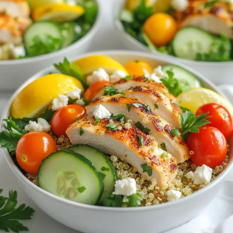 To make this bright and tasty salad, gather these ingredients: - 1 cup quinoa, rinsed - 2 cups chicken broth or water - 2 boneless, skinless chicken breasts - 2 cups mixed greens (spinach, arugula, etc.) - 1/2 cup cherry tomatoes, halved - 1/2 cucumber, diced - 1/4 cup red onion, finely chopped - 1/4 cup feta cheese, crumbled - 1/4 cup fresh parsley, chopped - Juice and zest of 1 lemon - 3 tablespoons olive oil - 1 teaspoon dried oregano - Salt and pepper to taste If you want to change things up, there are great options. Substitute quinoa with brown rice or farro for a different texture. For chicken, you can use grilled shrimp or tofu. These swaps keep the dish fresh while adding your own twist. Fresh herbs make this salad shine. Try using cilantro or basil if you prefer. They add a nice kick. For an added zing, include some garlic or a splash of vinegar. These small changes will elevate the flavors even more. {{ingredient_image_1}} To cook quinoa, start with a medium saucepan. Bring 2 cups of chicken broth or water to a boil. Rinse 1 cup of quinoa under cold water. This step helps remove a bitter taste. Once the broth boils, add the rinsed quinoa. Reduce the heat to low and cover the pot. Let it simmer for about 15 minutes. The quinoa is ready when it is fluffy and the liquid is absorbed. After cooking, remove the pot from heat and let it cool. Next, we will prepare the chicken breasts. Season 2 boneless, skinless chicken breasts with salt, pepper, and half of the lemon zest. Heat 1 tablespoon of olive oil in a skillet over medium heat. Add the chicken to the hot skillet. Cook for 6-7 minutes on each side. You want the chicken to be fully cooked. Once done, remove it from the skillet. Let the chicken rest for a few minutes before slicing it into bite-sized pieces. Now it’s time to assemble the salad. In a large bowl, mix 2 cups of mixed greens, 1/2 cup of halved cherry tomatoes, 1/2 diced cucumber, and 1/4 cup of finely chopped red onion. Add 1/4 cup of crumbled feta cheese for some creaminess. For the dressing, whisk together the juice and zest of 1 lemon, the remaining olive oil, 1 teaspoon of dried oregano, salt, and pepper in a small bowl. Next, add the cooled quinoa and sliced chicken to the salad bowl. Drizzle with the dressing and toss gently. Make sure everything is well combined. Finally, garnish with 1/4 cup of chopped fresh parsley before serving. Enjoy your fresh and flavorful Lemon Herb Quinoa Chicken Salad! To make perfect quinoa, rinse it first. This removes any bitterness from the outer layer. Use two cups of chicken broth or water for each cup of quinoa. Bring the liquid to a boil, then reduce the heat. Cover the pot and let it simmer for about 15 minutes. The quinoa will look fluffy and absorb all the liquid. Once done, let it cool before adding it to your salad. Start with boneless, skinless chicken breasts. Season them well with salt, pepper, and some lemon zest for extra flavor. Heat one tablespoon of olive oil in a skillet over medium heat. Cook the chicken for 6-7 minutes on each side. Make sure it's cooked through but not dry. Let it rest for a few minutes before slicing it into bite-sized pieces. This keeps the juices locked in. For a colorful salad, use mixed greens like spinach and arugula. Cherry tomatoes and cucumber add freshness and crunch. Top the salad with crumbled feta cheese for saltiness. To finish, garnish with fresh parsley. This adds a nice pop of color and flavor. Serve the salad chilled or at room temperature for the best taste. Pro Tips Rinse Your Quinoa: Rinsing quinoa before cooking helps remove its natural coating, called saponin, which can make it taste bitter. Always give it a good rinse under cold water to ensure a pleasant flavor. Perfectly Cooked Chicken: To ensure juicy chicken breasts, let them rest for a few minutes after cooking. This allows the juices to redistribute, resulting in a more flavorful and moist bite. Add Variety: Feel free to customize this salad by adding other vegetables or proteins. Ingredients like bell peppers, avocado, or chickpeas can enhance both the taste and nutritional value. Make Ahead: This salad can be made ahead of time for meal prep. Just keep the dressing separate until you're ready to eat to prevent the greens from wilting. {{image_2}} You can easily make this salad vegetarian or vegan. Use chickpeas or black beans instead of chicken. They add great protein. For a vegan twist, skip the feta cheese or use a plant-based version. You can also add avocado for creaminess. This keeps your salad fresh and hearty. Feel free to swap ingredients to match your taste. Try adding bell peppers for crunch. Swap the cucumber for radishes for a spicy kick. If you like it spicy, toss in some jalapeños. For a different cheese flavor, try goat cheese or skip cheese altogether. Use fresh herbs like basil or mint for a unique twist. You can change this salad with the seasons. In spring, add fresh peas or asparagus. In summer, use juicy peaches or nectarines. Fall is great for roasted butternut squash or apples. In winter, use hearty greens like kale or Brussels sprouts. This keeps your salad exciting and full of flavor all year! After enjoying your Lemon Herb Quinoa Chicken Salad, store leftovers in an airtight container. This keeps the flavors fresh and safe. Place the salad in the fridge right away. If you have dressing left, store it separately. This way, your salad stays crisp and tasty. When reheating quinoa and chicken, use low heat. You want to warm them gently. Add a splash of water or broth to the pan. This helps prevent drying out. Stir often to heat evenly. For the chicken, aim for 165 degrees Fahrenheit to ensure it's safe to eat. The salad can last 3 to 4 days in the fridge. Keep in mind that mixed greens may wilt. The quinoa and chicken can last longer, up to a week. Always check for any off smells or changes in color before eating. If it looks or smells bad, throw it out. You can prepare this salad a day before you serve it. Cook the quinoa and chicken, then let them cool. Store them in separate containers in the fridge. The next day, mix the salad ingredients together. Add the dressing just before serving to keep it fresh. This way, the flavors meld nicely, and you save time. Yes, you can swap chicken for other proteins. Grilled shrimp or tofu work great. For a vegetarian option, try chickpeas or black beans. These alternatives keep the salad tasty and filling. Just remember to adjust the cooking time based on the protein you choose. This salad is packed with healthy ingredients. Quinoa is a great source of protein and fiber. It helps with digestion and keeps you full longer. The mixed greens provide vitamins A and C, and the cherry tomatoes add antioxidants. Olive oil offers healthy fats, while lemon juice boosts your immune system. Overall, this salad is both nutritious and delicious! This blog post covered the key steps to make Lemon Herb Quinoa Chicken Salad. We explored the ingredient list, cooking methods, and tips for great results. You learned about variations and how to store leftovers. Embrace this salad for its freshness and flavor. Whether you make it today or try new twists, it will be a tasty addition to your meal plans. Enjoy your cooking and have fun with it!