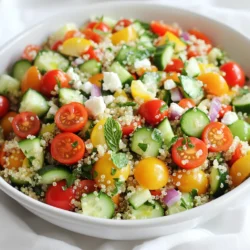 - 1 cup quinoa, rinsed - 2 cups vegetable broth (or water) - 1 cup cherry tomatoes, halved - 1 cucumber, diced - 1 bell pepper (red or yellow), diced - 1/4 cup red onion, finely chopped - 1/4 cup fresh parsley, chopped - 1/4 cup fresh mint, chopped - 1/4 cup feta cheese, crumbled (optional) - Juice of 1 lemon - 3 tablespoons olive oil - Salt and pepper to taste To make this lemon herb quinoa salad, gather these fresh ingredients. Start with one cup of quinoa. Rinse it well to remove any bitterness. For cooking, use two cups of vegetable broth or water. This adds flavor to the quinoa. You will need a cup of cherry tomatoes. Halve them for a juicy bite. A diced cucumber adds a nice crunch. Choose a bell pepper, either red or yellow, for color and sweetness. Chop a quarter cup of red onion finely. This gives a sharp taste that balances the salad. Fresh herbs are key. Use a quarter cup each of chopped parsley and mint. They bring bright flavors. If you like cheese, add a quarter cup of feta. It adds creaminess and a salty kick. You will also need the juice of one lemon and three tablespoons of olive oil. These dress the salad and enhance the taste. Finally, season with salt and pepper to suit your taste. - Calories per serving: Approximately 220 - Macronutrient breakdown: - Carbs: 33g - Fats: 9g - Protein: 7g This salad is not just tasty; it is also healthy. Each serving has around 220 calories. You get a good mix of carbs, healthy fats, and protein. It is a well-rounded meal! - Quinoa is a complete protein. It has all nine essential amino acids. This makes it a great choice for plant-based diets. - Fresh herbs like parsley and mint add flavor and nutrients. They are full of vitamins and antioxidants. - Olive oil is a healthy fat. It can help lower bad cholesterol. Lemon juice adds vitamin C and brightens the salad. Using these ingredients not only makes a delicious salad but also packs it with health benefits. Enjoy the freshness and feel good about what you eat! First, you need to cook the quinoa. In a medium pot, combine 1 cup of rinsed quinoa with 2 cups of vegetable broth or water. Bring this mixture to a boil over medium-high heat. Once it boils, reduce the heat to low. Cover the pot and let it simmer for about 15 minutes. You will know it is done when the quinoa is fluffy and the liquid is absorbed. After cooking, remove it from heat and let it cool down. To cool it faster, spread it on a large plate. This helps the quinoa cool evenly. Next, prepare your veggies. For the onion and bell pepper, chop them into small pieces. Aim for a uniform size. This helps with even cooking and nice bites. Halve the cherry tomatoes carefully. Use a sharp knife for a clean cut. For the cucumber, dice it into small cubes. This adds crunch and freshness to the salad. Finally, chop the fresh parsley and mint. These herbs give your salad a vibrant flavor. Now, it’s time to mix everything. In a large bowl, add your cooked quinoa along with the chopped vegetables. Squeeze the juice of one lemon over the top. Drizzle in 3 tablespoons of olive oil. Season it with salt and pepper to taste. Use a gentle hand to toss the salad. This ensures everything mixes without breaking the veggies. If you like, fold in crumbled feta cheese. Allow the salad to sit for 10 to 15 minutes before serving. This lets the flavors blend together nicely. Enjoy your fresh and colorful Lemon Herb Quinoa Salad! To achieve fluffy quinoa, start by rinsing it well. Rinsing removes the bitter coating called saponin. Use two cups of vegetable broth or water for every cup of quinoa. This gives the grains great flavor. Bring the liquid to a boil, then lower the heat and cover it. Let it simmer for about 15 minutes until the liquid is absorbed. Fluff the quinoa with a fork after it cools. This step keeps it light and airy. For seasoning, taste as you go. Start with salt and pepper. A little lemon juice adds brightness. If you want more flavor, add fresh herbs like parsley or mint. The herbs make a big difference! You can prepare this salad in advance. Cook the quinoa and chop the veggies ahead of time. Store each in separate containers in the fridge. This keeps the veggies crisp. The salad stays fresh for about 3 days. Just mix everything together before serving. Letting the salad sit for a bit helps the flavors blend. If you make it ahead, give it about 10-15 minutes to sit after mixing. This way, every bite is full of flavor! Serving this salad can be fun! Use a large bowl to show off the colors. You can also use clear glass dishes. This way, guests can see the layers of quinoa and veggies. For garnishing, try adding more herbs on top. Fresh mint or parsley looks pretty and adds flavor. You can also add slices of cucumber or cherry tomatoes on top for extra color. This makes the salad not just tasty, but also beautiful! {{image_2}} You can make this salad even better with some tasty add-ins. Chickpeas are a great choice. They add protein and fiber. If you want meat, grilled chicken works well too. It brings a savory flavor that pairs nicely with the fresh herbs. You can also change up the veggies. Zucchini adds a nice crunch. Carrots give a touch of sweetness. Feel free to mix and match based on your taste! To boost the flavor, try adding spices. Cumin adds a warm, earthy taste. Paprika gives a hint of smokiness. Both spices can take this salad to the next level. Don't forget about vinegars! You could try balsamic or apple cider vinegar. Each one gives a unique twist to the overall taste. So, get creative and find what you love! This salad can fit many diets. It’s naturally gluten-free because quinoa is a gluten-free grain. If you need a vegan option, just skip the feta cheese. You can still enjoy a fresh and tasty salad without it. Making these small changes can help you enjoy the Lemon Herb Quinoa Salad your way! To store leftovers, place the quinoa salad in an airtight container. Make sure to seal it well. This helps keep it fresh and prevents it from absorbing odors. You can enjoy the salad for about 3 to 5 days in the fridge. Always check for any signs of spoilage before eating. You can freeze the salad, but some ingredients may change in texture. To freeze, put the salad in a freezer-safe container. Leave some space at the top to allow for expansion. When you want to eat it, take it out and thaw it in the fridge overnight. After thawing, give it a good stir. Fresh herbs may need to be replaced for the best flavor. The best way to reheat quinoa salad is to use the microwave. Put it in a microwave-safe bowl and cover it loosely. Heat it in short bursts of 30 seconds, stirring in between. This helps keep the texture nice. You can also enjoy it cold. If you prefer warm, just add a bit of olive oil to enhance the flavor again. You can store quinoa salad in the fridge for about three to five days. Make sure to keep it in an airtight container. This helps to lock in flavor and keep it fresh. Always check for any signs of spoilage before eating. Yes, you can use other grains if you like. Farro, brown rice, or even barley work great. Each grain gives a different taste and texture. Choose what you enjoy or have on hand. Just remember to adjust cooking times for the grain you pick. If you want a dairy-free option, you can use avocado or tofu. Both add creaminess to the salad. You can also try using nutritional yeast for a cheesy flavor without the dairy. Crumbled goat cheese is another great choice if you still want cheese. To add some heat, try adding chopped jalapeños or red pepper flakes. Another option is to mix in a splash of hot sauce. If you want a different flavor, consider using spicy mustard or horseradish. These ingredients can give your salad a nice kick! This blog post covered a tasty quinoa salad. We explored the ingredients, health benefits, and step-by-step instructions. I shared tips for making and storing the salad, plus fun variations. In conclusion, this quinoa salad is simple and versatile. You can customize it to fit your taste and dietary needs. Enjoy experimenting with flavors and make it your own!