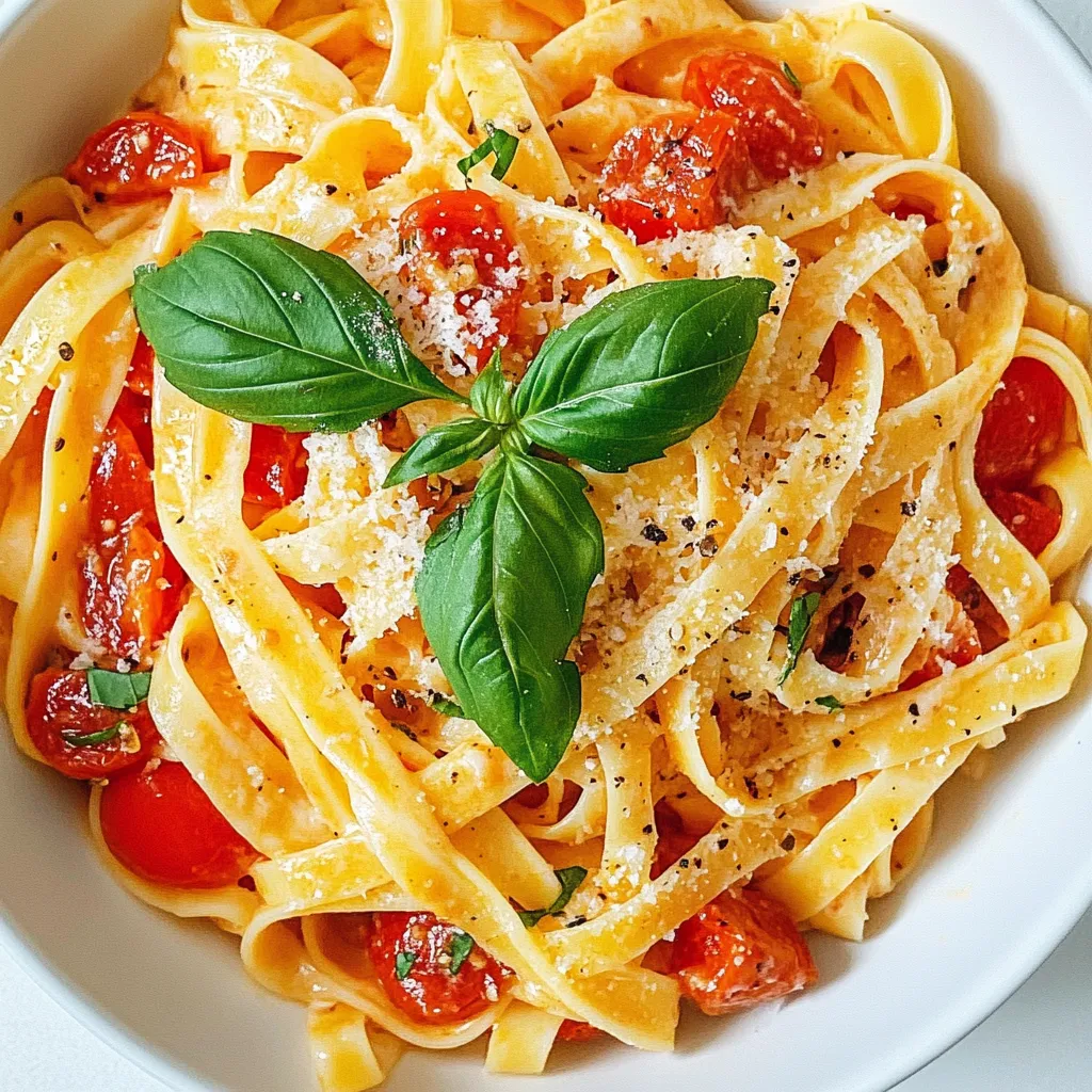 - 12 oz of pasta (fettuccine or linguine) - 2 tablespoons of olive oil - 4 cloves of minced garlic - 1 can (14 oz) of diced tomatoes, drained - 1 cup of heavy cream - 1 cup of grated Parmesan cheese - Seasoning with dried basil, dried oregano, salt, and pepper When I make creamy garlic tomato pasta, I start with the base. The type of pasta is key. I love using fettuccine or linguine. They hold the sauce well. You need 12 ounces of your chosen pasta. Next, I heat two tablespoons of olive oil in my skillet. This adds a rich flavor and helps cook the garlic. Speaking of garlic, I use four cloves, minced. Garlic brings a wonderful aroma and taste. Now, let’s talk about tomatoes. I grab a 14-ounce can of diced tomatoes. Be sure to drain them well. They add a nice body to the sauce. For creaminess, I rely on one cup of heavy cream. This makes the dish rich and smooth. I also add one cup of grated Parmesan cheese. It melts beautifully into the sauce. Finally, I season the sauce. I use one teaspoon each of dried basil and dried oregano. I also add salt and pepper to taste. These herbs enhance the flavor and make the dish aromatic. With these ingredients, you can create a dish that's both rich and flavorful! {{ingredient_image_1}} First, boil salted water in a large pot. Add 12 oz of pasta, like fettuccine or linguine. Cook it until al dente, which should take about 8-10 minutes. Once done, reserve about 1 cup of pasta water. Then, drain the rest of the water from the pasta. Next, heat 2 tablespoons of olive oil in a skillet over medium heat. Add 4 cloves of minced garlic. Stir and cook for about 1 minute until it smells great. Be careful not to let it burn, as burnt garlic can taste bitter. Now, stir in the drained can of diced tomatoes. Add 1 teaspoon of dried basil and 1 teaspoon of dried oregano. Cook this mixture for about 3-4 minutes. This helps the tomatoes break down. Then, reduce the heat to low and pour in 1 cup of heavy cream. Stir it well and let it simmer for 3-5 minutes, so it thickens a bit. Gradually mix in 1 cup of grated Parmesan cheese. If the sauce is too thick, add some of the reserved pasta water to get the right consistency. Finally, season with salt and pepper to taste. Now it’s time to combine! Add the drained pasta to the skillet with the sauce. Toss everything well so the pasta gets coated in that creamy garlic tomato sauce. Serve it right away and garnish with fresh basil leaves. You can also add more Parmesan cheese on top for a lovely touch. To prevent garlic from burning, cook it on medium heat. Stir it often and watch it closely. Garlic should turn golden, not brown. If it burns, the sauce will taste bitter. Adjusting the thickness of the sauce is simple. If the sauce is too thick, add some reserved pasta water. Start with a few tablespoons. Mix well and check the texture. Aim for a creamy, smooth sauce that coats the pasta nicely. For the best accompaniments, serve this pasta with a side salad. A light green salad pairs well. Crusty bread is also great for soaking up the sauce. For garnishes, fresh basil leaves add color and flavor. Grate extra Parmesan on top for richness. A drizzle of olive oil enhances the dish's look and taste. To plate, use wide bowls for a beautiful presentation. Twirl the pasta for a nice shape. Add a sprinkle of Parmesan and chopped basil on top. This makes the dish pop and looks inviting. To save time on meal prep, read the recipe fully before starting. Gather all your ingredients and tools first. This makes cooking smoother and faster. While cooking, multitask to stay efficient. Cook the pasta as you prepare the sauce. This way, everything is ready at the same time. You’ll serve the meal hot and fresh. Pro Tips Use Fresh Garlic: Fresh garlic has a stronger flavor than pre-minced varieties. For the best taste, always use freshly minced garlic. Adjust Creaminess: If you prefer a lighter sauce, you can substitute half of the heavy cream with vegetable broth or chicken broth for a delicious, creamy flavor without the heaviness. Save Pasta Water: Always reserve pasta water before draining. The starchy water is perfect for adjusting the sauce consistency and helps it cling better to the pasta. Garnish with Purpose: Fresh basil and extra Parmesan not only enhance the flavor but also add a beautiful presentation. Don't skip this step! {{image_2}} You can change this dish to fit your needs. Here are some ideas: - Pasta alternatives: Try gluten-free pasta or whole grain pasta for a healthier option. - Cream substitutes: Use coconut cream for a dairy-free version. Cashew cream gives a rich flavor too. Adding more flavors can make this pasta even better. Here’s how: - Protein enhancements: Cooked chicken, shrimp, or tofu all work great in this dish. Just add them when you mix in the pasta. - Vegetable thickeners: Spinach, bell peppers, or zucchini can boost nutrition. Sauté them with the garlic before adding the tomatoes. If you like heat, add a kick to your pasta: - Adding red pepper flakes or hot sauce: Sprinkle red pepper flakes while cooking for a spicy touch. Hot sauce can be mixed in before serving for extra zest. - Using arrabbiata sauce instead of diced tomatoes: This sauce brings a bold flavor. It makes the dish spicy and rich. Simply swap it for the diced tomatoes in the recipe. To keep your creamy garlic tomato pasta fresh, store it in an airtight container. This helps prevent moisture loss and keeps flavors intact. Place it in the fridge right after it cools down. The dish will stay fresh for about 3 to 4 days. If you wait longer, it might lose its taste and texture. When it’s time to enjoy your leftovers, reheating is key. You can use the stovetop or microwave. For the stovetop, add a splash of water or cream to the pasta. Heat it on low, stirring gently until warm. This method keeps the pasta creamy. In the microwave, cover the bowl with a damp paper towel. Heat in short bursts, stirring in between to avoid dry spots. If you want to save some for later, freezing is a great option. Cool the pasta and place it in a freezer-safe bag. Remove as much air as possible to avoid freezer burn. You can freeze it for up to 3 months. When you’re ready to eat, thaw it overnight in the fridge. Reheat as described above for the best results. Yes, you can easily make Creamy Garlic Tomato Pasta vegetarian. The main ingredients are already plant-based. Use vegetable broth instead of chicken broth for added flavor. You can also add more veggies like spinach or mushrooms to boost nutrition. To make this recipe dairy-free, swap the heavy cream with coconut cream or cashew cream. For the cheese, try nutritional yeast or a dairy-free cheese alternative. This keeps the dish creamy while meeting your dietary needs. Fettuccine or linguine works best for Creamy Garlic Tomato Pasta. Both types hold the sauce well. You can also use gluten-free pasta if needed. Just cook it according to the package directions. To adjust the recipe, simply scale the ingredients up or down. For larger servings, double the ingredients. For smaller servings, halve them. Always keep the same cooking times for the pasta and sauce for best results. Several side dishes pair well with this pasta. A simple green salad adds freshness. Garlic bread complements the meal nicely. Roasted vegetables bring extra flavor and nutrition to your table. This blog post shared a simple yet delicious recipe for Creamy Garlic Tomato Pasta. We covered the key ingredients, gave step-by-step cooking instructions, and offered tips for perfecting your dish. Remember, you can easily adjust this recipe to suit your diet or taste. Don’t hesitate to try new flavors and ingredients. Cooking should be fun and creative, so enjoy the process and share your tasty results!