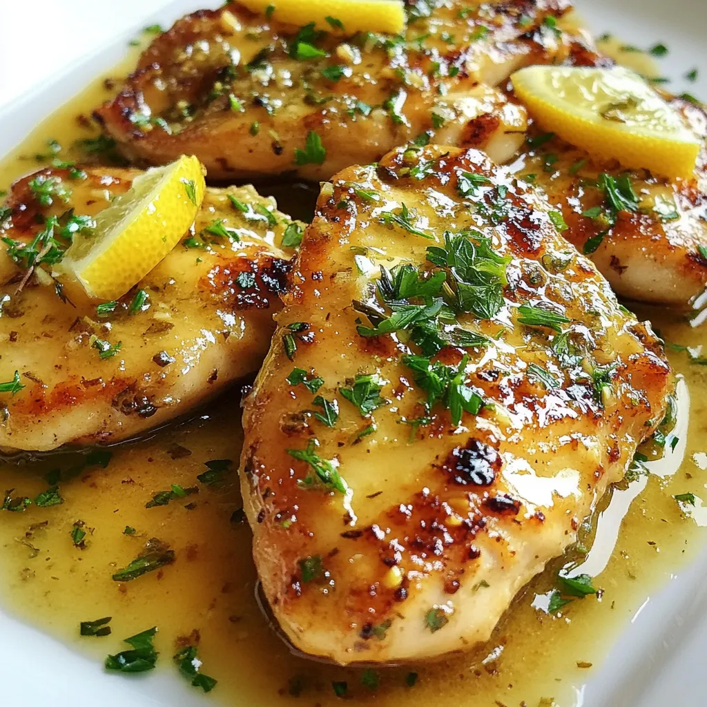- 4 boneless, skinless chicken breasts - 4 tablespoons unsalted butter - 6 cloves garlic, minced To start, you need chicken breasts. These are the star of the dish. Choose fresh ones for the best flavor. Next, unsalted butter adds richness. It helps create a lovely garlic butter sauce. Finally, minced garlic gives the dish its name. Fresh garlic is key for that amazing taste. - 1 teaspoon fresh thyme leaves (or ½ teaspoon dried thyme) - 1 teaspoon fresh rosemary, chopped (or ½ teaspoon dried rosemary) - Salt and pepper to taste - 1 lemon, juiced and zest grated Fresh thyme and rosemary add a nice herbal note. They work well with the garlic flavor. Don’t forget to use salt and pepper for seasoning. A squeeze of lemon juice and its zest brightens the dish. It gives a fresh and zesty kick. - 1/4 cup chicken broth - Fresh parsley, chopped for garnish Chicken broth helps keep the chicken moist. It adds depth to the sauce. Finally, fresh parsley adds color and freshness when you serve the dish. It makes everything look more appealing. {{ingredient_image_1}} 1. Preheat your oven to 400°F (200°C). This helps cook the chicken evenly. 2. Pat the chicken breasts dry with paper towels. 3. Season both sides of the chicken with salt and pepper. This adds great flavor. 4. In a large ovenproof skillet, melt 2 tablespoons of butter over medium-high heat. 5. Place the chicken breasts in the skillet. Sear for 5-7 minutes on each side. Look for a nice golden color. 6. Once done, remove the chicken and set it aside. 1. In the same skillet, add the remaining butter. 2. Let it melt, then stir in the minced garlic. Cook for about 1 minute. Be careful not to burn the garlic; it should smell great. 3. Add the thyme, rosemary, lemon juice, lemon zest, and chicken broth to the skillet. 4. Bring the mixture to a simmer for 2-3 minutes. This helps the flavors mix well. 1. Return the chicken to the skillet. Spoon some garlic butter sauce over each piece. 2. Transfer the skillet to your preheated oven. Bake for 20-25 minutes. 3. Check that the chicken reaches an internal temperature of 165°F (75°C). This ensures it's cooked properly. 4. Once done, take it out of the oven. Let the chicken rest for 5 minutes before serving. 5. Drizzle the garlic butter sauce over the chicken and garnish with fresh parsley. Enjoy your meal! To make your Garlic Butter Chicken even tastier, try adding a few extra herbs. You can use fresh oregano or basil for a unique twist. Both herbs pair well with garlic. I also suggest marinating the chicken. A simple mix of lemon juice and your chosen herbs will add depth. Marinating for at least 30 minutes makes a big difference in flavor. For the best searing, use a hot skillet. Make sure the butter is bubbling before adding the chicken. Sear each side for 5 to 7 minutes until golden brown. This helps lock in the juices. To ensure the chicken cooks perfectly, use a meat thermometer. The chicken should reach 165°F (75°C) for safe eating. Resting the chicken for a few minutes after cooking helps keep it juicy. Pair your Garlic Butter Chicken with easy side dishes. Steamed vegetables or fluffy mashed potatoes work great. For a restaurant-style look, plate the chicken with a drizzle of garlic butter sauce. A sprinkle of fresh parsley adds a nice touch. You can also serve it with a wedge of lemon for a fresh pop. This makes your meal look and taste amazing! Pro Tips Rest the Chicken: Let the chicken rest for a few minutes after baking to retain its juices and ensure a tender bite. Use Fresh Herbs: For the best flavor, use fresh herbs instead of dried when possible. They provide a vibrant taste that enhances the dish. Monitor Internal Temperature: Use a meat thermometer to check that the chicken reaches an internal temperature of 165°F (75°C) for safe consumption. Customize the Sauce: Add a splash of white wine or a teaspoon of Dijon mustard to the garlic butter sauce for an extra layer of flavor. {{image_2}} You can make garlic butter chicken healthier with simple swaps. Use olive oil instead of butter. Olive oil adds a nice flavor and is better for your heart. You can also swap chicken for turkey or tofu. Turkey keeps the dish lean, while tofu makes it plant-based. Both options taste great and fit well in the recipe. Want to change up the flavors? Add different spices or sauces to the garlic butter. Try paprika for a smoky kick or chili flakes for some heat. You can also mix in some soy sauce or honey for a sweet twist. Another fun idea is to add vegetables, like spinach or bell peppers, to the garlic butter. They will cook with the chicken and add color and nutrients. How about an international flair? For an Asian-inspired twist, use soy sauce and sesame oil instead of butter. You can also add green onions and ginger for fresh flavors. If you prefer a Mediterranean style, mix in olives and feta cheese. This combo gives the dish a salty and creamy touch that is hard to resist. These twists make garlic butter chicken fun and exciting! To store leftovers, place the garlic butter chicken in an airtight container. Make sure the chicken is cool before sealing. This helps keep it fresh. The shelf life in the refrigerator is about 3 to 4 days. Enjoy the great taste even after a day or two! You can freeze garlic butter chicken for longer storage. First, let the chicken cool completely. Then, wrap each piece in plastic wrap. Place the wrapped chicken in a freezer bag. Remove as much air as possible. To thaw, move the chicken to the fridge overnight. Reheat it in a skillet. Add a splash of chicken broth for extra moisture. Make garlic butter chicken in advance for your weekly meals. Cook a batch on Sunday for easy lunches or dinners. Store in separate containers for each meal. Best practice is to keep the sauce separate until you heat it up. This keeps the chicken juicy and flavorful. Yes, you can use frozen chicken breasts. First, thaw the chicken safely. The best way is to leave it in the fridge overnight. If you need it fast, you can use cold water. Place the chicken in a sealed bag and submerge it in cold water. Change the water every 30 minutes. This method takes about 1 to 2 hours. Once thawed, you can cook it as you normally would. Just remember, cooking time may increase. Use a meat thermometer for best results. If you do not like garlic, try using shallots. They have a milder taste and still add flavor. You can also use garlic powder as a substitute. Use half the amount of powder as you would fresh garlic. For those who love garlic, try adding roasted garlic. It gives a sweet and rich taste. Another option is to mix in some herbs like basil or oregano for extra flavor. To check if the chicken is done, look for its internal temperature. It should reach 165°F (75°C) for safety. A meat thermometer is the best tool for this. If you don’t have one, cut into the chicken. The juices should run clear, not pink. The meat should also feel firm and not rubbery. These signs help ensure your chicken is fully cooked and safe to eat. Garlic Butter Chicken is a simple and tasty dish. You learned how to prepare the chicken, make the sauce, and bake it perfectly. Don't forget tips for enhancing flavor and serving ideas. You can also explore healthy options and international twists to keep it exciting. With this recipe, you can impress anyone at dinner. Enjoy cooking, and have fun experimenting with your own flavors!