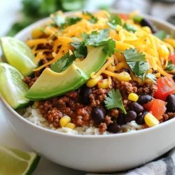 - 1 lb ground beef - 1 cup cooked brown rice - 1 can black beans (15 oz), drained and rinsed - 1 medium red bell pepper, diced - 1 medium onion, finely chopped - 3 cloves garlic, minced - 1 cup corn (fresh, frozen, or canned) - 1 cup diced tomatoes (fresh or canned) - 1 avocado, diced - Fresh cilantro leaves for garnish - Lime wedges for serving - 1 tablespoon chili powder - 1 teaspoon cumin - 1 teaspoon smoked paprika - Salt and pepper to taste - ½ cup shredded cheese (cheddar or Monterey Jack) Gather these ingredients for a tasty Ground Beef Burrito Bowl. The beef adds rich flavor. Brown rice gives it a good base. Black beans provide protein and fiber. The veggies add color and nutrients. Each spice boosts the taste. Together, they create a dish that's hearty and satisfying. Use fresh ingredients for the best flavor. Choose ripe avocados and fresh cilantro. Good quality spices make a big difference. This recipe is flexible, so feel free to add your favorites. Enjoy making this meal with your family. You’ll love how easy it is! {{ingredient_image_1}} Start by heating a large skillet over medium heat. Add the finely chopped onion and minced garlic. Sauté them for about 2-3 minutes. You want the onion to turn translucent. Next, increase the heat to medium-high. Add the ground beef to the skillet. Break it apart with a spatula. Cook until it’s browned, which takes about 5-7 minutes. If there's excess fat, drain it off. Now it’s time to add flavor! Stir in the chili powder, cumin, smoked paprika, salt, and pepper. Mix well so all the beef is coated with spices. After that, add the diced red bell pepper, corn, and black beans. Cook for an additional 3-4 minutes. You want the veggies to be tender and nicely heated. Finally, stir in the diced tomatoes and let everything cook for another 2 minutes. Taste and adjust the seasoning if needed. To build your burrito bowls, start with a scoop of cooked brown rice at the bottom of each bowl. Next, add the beef mixture on top of the rice. Finish by topping each bowl with diced avocado, shredded cheese, and fresh cilantro leaves. Don’t forget to serve with lime wedges on the side for squeezing over the top. Enjoy your delicious creation! To enhance the seasoning of your burrito bowl, start with fresh spices. Spices lose their strength over time. So, check your pantry and replace old ones if needed. You can also toast spices in a dry pan before adding them to the beef. This brings out their natural flavors. If you want to try alternatives, consider using smoked salt or chili flakes for heat. You can also substitute cumin with coriander for a different taste. For a little sweetness, add a pinch of sugar when cooking. Batch cooking is a great way to save time. You can cook a larger amount of beef and freeze it. This makes quick meals easy. Just cook the beef and then let it cool before storing it in airtight containers. When reheating, make sure to use the microwave or stovetop. Add a splash of broth or water to keep it moist. You can also prepare rice and beans in advance. Store them separately to keep everything fresh. Some great side dishes to pair with your burrito bowl include tortilla chips and salsa. A fresh green salad also works well. If you want to keep it simple, serve some warm tortillas on the side. For drink pairings, try a light beer or a refreshing agua fresca. A chilled limeade or iced tea can also complement the flavors nicely. These options will elevate your burrito bowl experience! Pro Tips Choose Lean Beef: Opt for lean ground beef (90% lean or higher) to reduce fat and calories while maintaining flavor. Prep Ahead: Prepare the beef mixture in advance and store it in the refrigerator for up to 3 days to make meal prep easier. Customize Your Bowl: Feel free to add your favorite toppings like salsa, sour cream, or jalapeños to personalize your burrito bowl. Fresh Herbs Matter: Use fresh cilantro for garnish to enhance the flavor and presentation of your dish. {{image_2}} You can easily make a vegetarian burrito bowl. Substitute ground beef with plant-based proteins like lentils or crumbled tofu. Both options give a hearty texture and absorb flavors well. To add more color and crunch, include extra veggies. Try adding diced zucchini, chopped spinach, or black olives. These not only boost nutrition but also make the bowl more vibrant. For those needing gluten-free meals, this recipe is simple to adjust. Use gluten-free grains like quinoa or cauliflower rice instead of brown rice. Check canned goods to ensure they are certified gluten-free. If you want a low-carb option, skip the rice altogether. Instead, load your bowl with extra veggies and proteins. Zucchini noodles or lettuce can work great as a base. Want to explore flavors from around the world? You can incorporate different cuisines into your burrito bowl. For a Mexican twist, add jalapeños and pico de gallo. For an Asian flair, use teriyaki sauce and top with sesame seeds. You can also swap ingredients from various cultures. Try chickpeas for protein or use feta cheese for a Mediterranean touch. The options are endless! After you make your ground beef burrito bowl, let it cool. Then, place leftovers in an airtight container. This keeps the flavors fresh. You can store it in the fridge for up to three days. If you wait longer than that, the taste and safety drop. Always check for changes like smell or color before eating. To freeze your burrito bowl, pack it in a freezer-safe container. Make sure to leave a little space for the food to expand. You can freeze it for up to three months. When you want to eat it, take it out and thaw it in the fridge overnight. For a quick option, use the microwave on the defrost setting. Reheat until it’s hot all the way through. Most of the ingredients last a while. For example, cooked brown rice can stay good for about a week in the fridge. Ground beef, if unopened, can last up to two days after the sell-by date. Canned goods like black beans and corn can last for years if sealed. To use leftover ingredients, think about making a soup or a stir-fry. This way, you waste less and enjoy tasty meals! To make a burrito bowl, follow these steps: 1. Heat a large skillet over medium heat. 2. Add chopped onion and minced garlic. Sauté for 2-3 minutes until soft. 3. Increase heat to medium-high. Add 1 lb of ground beef. Cook until browned, about 5-7 minutes. 4. Drain any extra fat. 5. Stir in 1 tablespoon chili powder, 1 teaspoon cumin, 1 teaspoon smoked paprika, salt, and pepper. Mix well. 6. Add 1 diced red bell pepper, 1 cup corn, and 1 can of black beans. Cook for 3-4 minutes until veggies are tender. 7. Stir in 1 cup diced tomatoes. Cook for 2 more minutes. 8. Taste and adjust seasoning if needed. 9. In each bowl, layer 1 cup cooked brown rice, then add the beef mixture. 10. Top with diced avocado, ½ cup shredded cheese, and fresh cilantro. Serve with lime wedges. Yes, you can use other meats. Here are some options: - Ground turkey is a leaner choice. - Shredded chicken adds a different flavor. - Ground pork brings a savory taste. - For a spicy kick, try chorizo. - For a vegetarian option, use black beans or lentils. You can customize your burrito bowl with various toppings: - Salsa or pico de gallo for extra flavor. - Sour cream or Greek yogurt for creaminess. - Jalapeños for heat. - Lettuce for crunch. - Chopped green onions for freshness. - Olives for a briny touch. - Hot sauce for those who like it spicy. In this post, we covered how to make a delicious burrito bowl. You learned about the main ingredients, tips for flavor, and storage info. I included options for vegetarians and ways to add global flavors. These steps make it easy and fun to enjoy your meal. Remember to get creative with your toppings and seasonings. Each bowl can be your own masterpiece. Happy cooking and enjoy every bite!