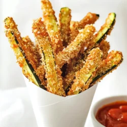 - 2 medium zucchini, cut into sticks - 1 cup breadcrumbs (preferably Panko for extra crunch) - 1/2 cup grated Parmesan cheese - 1 teaspoon garlic powder - 1 teaspoon onion powder - 1/2 teaspoon paprika - Salt and pepper to taste - 1 large egg - 1 tablespoon olive oil For this recipe, I use two medium zucchinis. Cutting them into sticks makes them fryable. I like to use one cup of Panko breadcrumbs. This gives the fries a nice crunch. For the cheese, half a cup of grated Parmesan adds rich flavor. I add one teaspoon each of garlic powder and onion powder. They give a savory kick. A half teaspoon of paprika adds a touch of warmth. Finally, I season with salt and pepper to taste. I need one large egg for binding and one tablespoon of olive oil for crispiness. You can change the flavors by using different spices. Try adding Italian seasoning for a herby touch. For a spicy kick, use cayenne pepper or chili powder. You can also try using different cheeses. Cheddar or mozzarella can add a new twist. If you want a fruity flavor, add lemon zest to the breading. These options let you make the fries your own, adding extra flavor and fun! Start by washing your zucchini under cool water. Dry them well with a towel. Cut each zucchini into sticks, about the size of your finger. This helps them cook evenly. The more uniform the size, the better they will bake. Place the sticks on a plate to get ready for coating. Grab two bowls. In the first bowl, mix the breadcrumbs, Parmesan cheese, garlic powder, onion powder, paprika, salt, and pepper. Stir until all the dry ingredients blend well. In the second bowl, beat the egg with a fork until it is smooth. Dip each zucchini stick into the egg. Let any extra egg drip off. Then, coat the stick in the breadcrumb mix. Press gently to make sure the crumbs stick well. Place each coated stick on a baking sheet lined with parchment paper. They should not touch each other. Preheat your oven to 425°F (220°C). This high heat helps them become crispy. Drizzle olive oil over the zucchini fries before baking. This adds flavor and helps them brown. Bake them for 20 to 25 minutes. Flip them halfway through for even cooking. Look for a golden brown color to know they are done. Let them cool for a few minutes before serving. Enjoy your crispy Parmesan zucchini fries! To get the best crunch, use Panko breadcrumbs. They have a light and airy texture. Also, make sure to coat the zucchini fries well. A thin layer of egg helps the crumbs stick better. Drizzle olive oil on top before baking. It adds flavor and helps them crisp up. Flip the fries halfway through cooking to ensure even browning. Start by cutting the zucchini into even sticks. This helps them cook at the same rate. Set up your bowls with egg and breadcrumb mixtures next to each other. Dip each stick in the egg, and let the excess drip off. Then, roll it in the breadcrumb mix. Press the crumbs on firmly so they stick well. Serve the crispy zucchini fries right from the oven. They taste best hot and crunchy. You can put them in a cone-shaped holder for fun. Pair them with marinara sauce or garlic aioli for dipping. This adds a nice touch and makes eating them even better! {{image_2}} You can enjoy crispy zucchini fries without gluten. Use gluten-free breadcrumbs instead of regular ones. Many brands offer tasty alternatives. You can also use ground almonds or crushed cornflakes. Both options work well for a crunchy coating. Just ensure they are labeled gluten-free for safety. If you want to switch things up, try different coatings. You can use crushed tortilla chips for a fun twist. They add a nice crunch and flavor. Another option is to use finely grated cheese, like cheddar or mozzarella. For a lighter version, you can skip the breadcrumbs and use just the egg and cheese. To make your zucchini fries more exciting, add extra spices to the mix. Consider adding cayenne for heat or Italian herbs for a fresh taste. You can also try lemon zest for a bright flavor. Mixing in some grated parmesan with the breadcrumbs boosts the cheesy taste. Feel free to be creative and make these fries your own! To store your leftover crispy zucchini fries, let them cool first. Place them in an airtight container. Keep them in the fridge for up to three days. This way, they stay fresh and tasty. If you want to keep them longer, consider freezing them. When you're ready to enjoy your leftovers, heat your oven to 400°F (200°C). Place the fries in a single layer on a baking sheet. Bake for about 10-15 minutes until they are hot and crispy again. This method helps bring back their crunch. Avoid using the microwave as it can make them soggy. You can freeze the zucchini fries before or after cooking. To freeze before cooking, coat the sticks and place them on a baking sheet. Freeze them until solid, then transfer to a freezer bag. They can last for up to three months. When you’re ready to cook, bake them straight from the freezer. No need to thaw! If freezing after cooking, let them cool completely first. Then follow the same steps for storage. Yes, you can use other vegetables. Carrots, eggplant, or sweet potatoes work well. Cut them into sticks just like zucchini. Adjust the baking time based on the vegetable. Thicker veggies may need more time to cook. To avoid soggy fries, make sure to coat them well. Use Panko breadcrumbs for extra crunch. Drizzle olive oil on top for crispiness. Also, space them out on the baking sheet. This allows hot air to circulate around them. Flip the fries halfway through baking for even crispness. For dipping, marinara sauce pairs nicely with zucchini fries. Garlic aioli adds a creamy touch. Ranch dressing is another great choice. You can even try spicy ketchup for a kick. Choose a sauce that you love for the best experience! This guide covered all you need for perfect zucchini sticks. I shared ingredients, measurements, and options to make them tasty. You learned how to prep, coat, and bake the sticks for crispiness. Also, I gave tips for serving and storing leftovers. Experiment with variations for more fun. Enjoy your zucchini sticks as a great snack! They are simple, tasty, and healthy. You now have the tools for success in the kitchen.