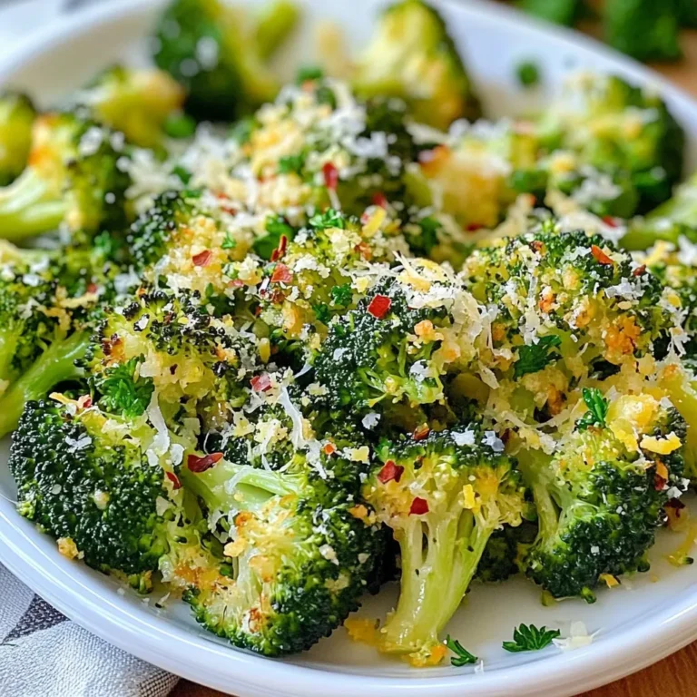 - 2 large heads of broccoli, cut into florets - 3 tablespoons olive oil - 4 cloves of garlic, minced - Zest of 1 lemon - Juice of 1 lemon These main ingredients form the heart of this dish. The broccoli gives you a nice crunch. Olive oil adds richness. Garlic brings robust flavor. The lemon zest and juice offer a bright, zesty punch. - 1 teaspoon red pepper flakes - 2 tablespoons freshly grated Parmesan cheese - Fresh parsley, chopped You can add red pepper flakes for some heat. Parmesan cheese gives a savory touch. Fresh parsley not only looks good but adds freshness. Feel free to mix and match these options! {{ingredient_image_1}} 1. Preheating the oven First, set your oven to 425°F (220°C). This high heat helps the broccoli get crispy. 2. Mixing ingredients In a big bowl, mix the broccoli florets with 3 tablespoons of olive oil. Add in 4 minced garlic cloves, the zest and juice of 1 lemon, and salt and pepper. If you want a kick, toss in 1 teaspoon of red pepper flakes. Stir well to coat the broccoli evenly. 1. Spreading on a baking sheet Line a baking sheet with parchment paper. Spread the broccoli mixture in a single layer. Make sure there is space between the pieces for even cooking. 2. Roasting duration and tips Roast the broccoli in your preheated oven for 20-25 minutes. Stir halfway through to ensure it cooks evenly. You know it’s done when the edges are crispy and the stems are tender. The prep time for lemon garlic roasted broccoli is just 10 minutes. You can quickly wash and chop the broccoli. Mince the garlic and zest the lemon while you mix the ingredients. It’s fast and easy! Roasting takes 20 to 25 minutes. Preheat your oven to 425°F (220°C) first. Spread the broccoli evenly on your pan. Stir halfway through for even cooking. The broccoli should be tender and crispy when done. This recipe serves four people. It’s perfect for a small family meal or a side dish at a gathering. You can easily double it for larger groups. Enjoy the fresh taste and bright flavors with everyone! Pro Tips Freshness Matters: Use fresh broccoli for the best flavor and texture. Look for bright green florets and firm stems. Customize Your Heat: Adjust the amount of red pepper flakes to your taste. For a milder version, reduce or omit the flakes. Even Roasting: Ensure the broccoli is spread out in a single layer on the baking sheet to allow even roasting and prevent steaming. Cheese Alternatives: Try different cheese varieties like feta or nutritional yeast for a dairy-free option while still adding flavor. {{image_2}} To get the best roast on your broccoli, preheat your oven to 425°F (220°C). This hot temperature cooks the broccoli well and gives it a nice crisp. When you place the broccoli on the baking sheet, spread it out evenly. This helps each piece get enough heat. Stir the broccoli halfway through the cooking time. This ensures all sides roast evenly. To boost flavor, you can try adding some extra seasonings. A squeeze of lime juice adds a nice twist. You might also use smoked paprika for a warm flavor. For garnishes, consider using toasted nuts or seeds. They add crunch and taste. You can also sprinkle on some fresh herbs like basil or cilantro for a fresh touch. If you want to change things up, you can swap out garlic. Try using shallots or onion for a milder taste. They both add a nice flavor to the dish. For vegetables, broccoli is the star here, but you can mix in other greens. Cauliflower or Brussels sprouts work well too. They roast nicely and taste great with lemon and olive oil. Want to make it a meal? Add protein! Chicken or shrimp pairs well with broccoli. Just toss them in with the broccoli before roasting. You can also get creative with this dish. Add nuts like almonds or cashews for crunch. A sprinkle of sesame seeds can give a nice twist. For an added kick, try adding a dash of soy sauce or balsamic vinegar before serving. How do I store leftovers? Store leftovers in an airtight container. Keep it in the fridge. It lasts about three days. To reheat, place in the oven or microwave. This keeps it warm and tasty. Can I make this dish ahead of time? Yes, you can prepare the broccoli mixture ahead. Mix all ingredients and store in the fridge. Roast it just before serving. This ensures it stays fresh and crisp. Can I use frozen broccoli? You can use frozen broccoli, but fresh is better. Frozen broccoli has more water. This may make it soggy when roasted. If using frozen, thaw and drain excess water first. What’s the best way to reheat roasted broccoli? Reheat roasted broccoli in the oven for best results. Preheat the oven to 350°F (175°C). Place broccoli on a baking sheet. Heat for about 10 minutes or until warm. This keeps it crispy and delicious. We covered how to make tasty roasted broccoli using simple ingredients. You learned about main and optional ingredients, our step-by-step instructions, and useful cooking tips. Remember, you can mix it up with different flavors or veggies. Enjoy experimenting with new twists to suit your taste. With these skills, you can create a dish that's both healthy and delicious. Happy cooking!