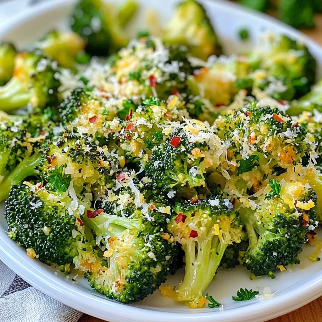 - 2 large heads of broccoli, cut into florets - 3 tablespoons olive oil - 4 cloves of garlic, minced - Zest of 1 lemon - Juice of 1 lemon These main ingredients form the heart of this dish. The broccoli gives you a nice crunch. Olive oil adds richness. Garlic brings robust flavor. The lemon zest and juice offer a bright, zesty punch. - 1 teaspoon red pepper flakes - 2 tablespoons freshly grated Parmesan cheese - Fresh parsley, chopped You can add red pepper flakes for some heat. Parmesan cheese gives a savory touch. Fresh parsley not only looks good but adds freshness. Feel free to mix and match these options! {{ingredient_image_1}} 1. Preheating the oven First, set your oven to 425°F (220°C). This high heat helps the broccoli get crispy. 2. Mixing ingredients In a big bowl, mix the broccoli florets with 3 tablespoons of olive oil. Add in 4 minced garlic cloves, the zest and juice of 1 lemon, and salt and pepper. If you want a kick, toss in 1 teaspoon of red pepper flakes. Stir well to coat the broccoli evenly. 1. Spreading on a baking sheet Line a baking sheet with parchment paper. Spread the broccoli mixture in a single layer. Make sure there is space between the pieces for even cooking. 2. Roasting duration and tips Roast the broccoli in your preheated oven for 20-25 minutes. Stir halfway through to ensure it cooks evenly. You know it’s done when the edges are crispy and the stems are tender. The prep time for lemon garlic roasted broccoli is just 10 minutes. You can quickly wash and chop the broccoli. Mince the garlic and zest the lemon while you mix the ingredients. It’s fast and easy! Roasting takes 20 to 25 minutes. Preheat your oven to 425°F (220°C) first. Spread the broccoli evenly on your pan. Stir halfway through for even cooking. The broccoli should be tender and crispy when done. This recipe serves four people. It’s perfect for a small family meal or a side dish at a gathering. You can easily double it for larger groups. Enjoy the fresh taste and bright flavors with everyone! Pro Tips Freshness Matters: Use fresh broccoli for the best flavor and texture. Look for bright green florets and firm stems. Customize Your Heat: Adjust the amount of red pepper flakes to your taste. For a milder version, reduce or omit the flakes. Even Roasting: Ensure the broccoli is spread out in a single layer on the baking sheet to allow even roasting and prevent steaming. Cheese Alternatives: Try different cheese varieties like feta or nutritional yeast for a dairy-free option while still adding flavor. {{image_2}} To get the best roast on your broccoli, preheat your oven to 425°F (220°C). This hot temperature cooks the broccoli well and gives it a nice crisp. When you place the broccoli on the baking sheet, spread it out evenly. This helps each piece get enough heat. Stir the broccoli halfway through the cooking time. This ensures all sides roast evenly. To boost flavor, you can try adding some extra seasonings. A squeeze of lime juice adds a nice twist. You might also use smoked paprika for a warm flavor. For garnishes, consider using toasted nuts or seeds. They add crunch and taste. You can also sprinkle on some fresh herbs like basil or cilantro for a fresh touch. If you want to change things up, you can swap out garlic. Try using shallots or onion for a milder taste. They both add a nice flavor to the dish. For vegetables, broccoli is the star here, but you can mix in other greens. Cauliflower or Brussels sprouts work well too. They roast nicely and taste great with lemon and olive oil. Want to make it a meal? Add protein! Chicken or shrimp pairs well with broccoli. Just toss them in with the broccoli before roasting. You can also get creative with this dish. Add nuts like almonds or cashews for crunch. A sprinkle of sesame seeds can give a nice twist. For an added kick, try adding a dash of soy sauce or balsamic vinegar before serving. How do I store leftovers? Store leftovers in an airtight container. Keep it in the fridge. It lasts about three days. To reheat, place in the oven or microwave. This keeps it warm and tasty. Can I make this dish ahead of time? Yes, you can prepare the broccoli mixture ahead. Mix all ingredients and store in the fridge. Roast it just before serving. This ensures it stays fresh and crisp. Can I use frozen broccoli? You can use frozen broccoli, but fresh is better. Frozen broccoli has more water. This may make it soggy when roasted. If using frozen, thaw and drain excess water first. What’s the best way to reheat roasted broccoli? Reheat roasted broccoli in the oven for best results. Preheat the oven to 350°F (175°C). Place broccoli on a baking sheet. Heat for about 10 minutes or until warm. This keeps it crispy and delicious. We covered how to make tasty roasted broccoli using simple ingredients. You learned about main and optional ingredients, our step-by-step instructions, and useful cooking tips. Remember, you can mix it up with different flavors or veggies. Enjoy experimenting with new twists to suit your taste. With these skills, you can create a dish that's both healthy and delicious. Happy cooking!