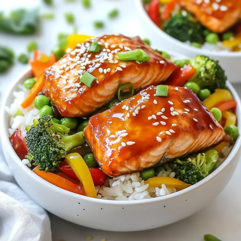 - 2 salmon fillets - 1 cup jasmine rice - 1/4 cup soy sauce (low-sodium preferred) - 2 tablespoons honey - 1 cup mixed vegetables (broccoli, bell peppers, snap peas) - 1 tablespoon sesame seeds for garnish - 2 green onions, sliced for garnish - 1 tablespoon rice vinegar - 1 tablespoon sesame oil - 2 teaspoons freshly grated ginger - 1 clove garlic, minced - Salt and pepper to taste You need these main ingredients to create a tasty teriyaki salmon rice bowl. The salmon fillets serve as the star of the dish. Jasmine rice acts as a perfect base, soaking up all the yummy flavors. For the teriyaki sauce, you mix soy sauce and honey. This blend gives a sweet and salty taste that complements the salmon well. The mixed vegetables add color and crunch. Broccoli, bell peppers, and snap peas work great together. Don't forget the garnishes! Sesame seeds and sliced green onions brighten the dish and make it look nice. In cooking, seasonings matter. Rice vinegar adds a tangy touch, while sesame oil gives a nutty flavor. Fresh ginger and garlic boost the taste. Use salt and pepper to season your salmon just right. These ingredients help create a meal that is not only delicious but also fun to make! {{ingredient_image_1}} Start by rinsing the jasmine rice. Place it in a fine-mesh strainer and run it under cold water. Keep rinsing until the water runs clear. This step removes excess starch. In a medium saucepan, add the rinsed rice, 2 cups of water, and a pinch of salt. Bring it to a boil over medium-high heat. Once boiling, lower the heat to low and cover the pot. Let it simmer for about 15 minutes. After that, remove the pot from heat but keep it covered for 5 minutes. This resting time makes the rice fluffy. In a small bowl, whisk together the key ingredients. Combine 1/4 cup soy sauce, 2 tablespoons honey, 1 tablespoon rice vinegar, and 1 tablespoon sesame oil. Then, add 2 teaspoons of freshly grated ginger and 1 clove of minced garlic. Mix until everything blends well. This sauce brings a rich flavor to the salmon. Heat a non-stick skillet over medium-high heat. Season the salmon fillets with salt and pepper. Place the fillets skin-side down in the hot skillet. Cook for about 4-5 minutes. This will give the skin a nice crisp. Carefully flip the salmon fillets using a spatula. Pour half of the teriyaki sauce over the salmon. Cook for another 3-4 minutes. Baste the salmon with the sauce. It should be cooked through and flaky when done. In a separate pan, add a splash of sesame oil. Heat it over medium heat. Add your mixed vegetables, like broccoli, bell peppers, and snap peas. Stir-fry them for about 3-4 minutes. You want them to be vibrant and tender-crisp. This quick cooking keeps the veggies colorful. Once the rice is ready, fluff it with a fork. Divide the rice among serving bowls. Top each bowl with the stir-fried vegetables and a salmon fillet. Drizzle the remaining teriyaki sauce over everything. This brings all the flavors together. Finish your bowl by sprinkling sesame seeds and sliced green onions on top. These add a nice crunch and fresh flavor. Serve immediately and enjoy your delicious teriyaki salmon rice bowl! When choosing salmon, look for bright color. Fresh salmon should not smell fishy. The flesh should be firm to the touch. Check for shiny skin and clear eyes. If you can, buy wild-caught salmon. It often has better flavor than farmed salmon. Ask your fishmonger about the source. This helps ensure quality. To cook perfect rice, rinse it well first. Rinsing removes extra starch, stopping the grains from sticking. Use a ratio of one cup of rice to two cups of water. Bring the water to a boil, then lower the heat. Cover and let it simmer. After 15 minutes, let it rest covered. This makes the rice fluffy and soft. For extra flavor, try adding lime juice or chili flakes. You can also mix in toasted sesame oil for depth. Marinating the salmon in the teriyaki sauce for 30 minutes boosts taste. Fresh herbs like cilantro or basil can brighten your dish. Don't be afraid to experiment with flavors! Pro Tips Choose Fresh Salmon: Look for bright, firm salmon fillets with a fresh smell. Freshness makes a significant difference in flavor and texture. Perfect Rice Texture: Rinse the rice thoroughly to remove excess starch, ensuring a fluffy and non-sticky result. Customize Vegetables: Feel free to use any seasonal vegetables you have on hand. Carrots, zucchini, or snap peas work wonderfully! Make Extra Sauce: If you love teriyaki flavor, double the sauce recipe and use it as a marinade for other meats or as a dipping sauce. {{image_2}} If you want to switch up your teriyaki salmon rice bowl, try using other proteins. Chicken is a great choice. It cooks quickly and absorbs flavors well. Just cut it into pieces, season, and follow the same cooking steps. Tofu is another option for a plant-based twist. It adds a nice texture and soaks up the teriyaki sauce beautifully. For seafood lovers, shrimp makes a fast and tasty substitute. Cook the shrimp until they turn pink, and you’ll have a new dish in no time. You can mix and match your veggies for more flavor. Broccoli, bell peppers, and snap peas are classics, but don’t stop there. Try adding carrots, zucchini, or asparagus for a fresh take. Different vegetables bring unique tastes and colors. You can even go for a stir-fry mix from the store. This makes it easy to add variety without extra prep. Want to change the sauce's flavor? You can make it sweeter or spicier. To sweeten it, add more honey or some maple syrup. For a spicy kick, consider adding sriracha or red pepper flakes. You can also use teriyaki sauce with garlic or pineapple for a tropical twist. Don’t be afraid to experiment. Adjusting the sauce can turn your dish into something special every time! To store your leftover teriyaki salmon rice bowl, let it cool first. Place it in an airtight container. This keeps it fresh. You can store it in the fridge for up to three days. Make sure to keep the rice, salmon, and veggies together. This helps maintain the flavors and moisture. Reheat your bowl gently to keep it tasty. You can use the microwave. Put the bowl in for 1-2 minutes. Stir halfway through to warm it evenly. You can also use a skillet. Heat it on medium-low. Add a splash of water to keep things moist. Cover it with a lid for a few minutes. If you want to freeze the dish, it's best to separate the components. Store the salmon, rice, and veggies in different containers. This helps them freeze better. Use freezer-safe bags or containers. You can keep them in the freezer for up to a month. When you’re ready to eat, thaw them in the fridge overnight. Then reheat as described above for a quick meal! A Teriyaki Salmon Rice Bowl is a warm and tasty dish. It features salmon fillets cooked in a sweet and salty teriyaki sauce. You serve the salmon over fluffy jasmine rice and add fresh vegetables. Common veggies include broccoli, bell peppers, and snap peas. This dish is both simple and satisfying, making it perfect for any meal. To get crispy salmon skin, start with dry skin. Pat the skin with a paper towel. Heat your skillet until it’s hot. Place the salmon skin-side down. Press it gently with a spatula for even cooking. Cook for about 4 to 5 minutes without moving it. Flip it over, add sauce, and cook until done. This method keeps the skin crispy and delicious. Yes, you can prepare this dish ahead of time. Cook the rice and salmon separately, then store them in the fridge. For the best taste, eat within 2 to 3 days. Reheat the rice and salmon in the microwave. You can also stir-fry the veggies ahead. Just keep them separate until you’re ready to serve. This dish is packed with nutrients. Salmon is rich in omega-3 fatty acids, which support heart health. Jasmine rice provides energy and fiber. The mixed vegetables add vitamins and minerals. Low-sodium soy sauce keeps the dish flavorful without too much salt. Overall, it’s a balanced meal that’s good for you. Many restaurants offer Teriyaki-style dishes. Look for Japanese or Asian fusion spots in your area. Some places serve teriyaki chicken or tofu as alternatives. Check local menus for unique twists, like adding spicy sauce or different veggies. Each restaurant may have their own version, so explore and find your favorite! This blog post covered how to make a delicious Teriyaki Salmon Rice Bowl. We explored key ingredients like salmon, jasmine rice, and vibrant vegetables. I shared simple steps from cooking the rice to pan-frying the salmon and stir-frying veggies. You learned tips for selecting fresh salmon and enhancing flavors. Remember, you can easily customize this dish with different proteins and veggies. Enjoy making this dish, whether for a quick meal or special occasion. It’s healthy, tasty, and versatile. Try it and make it your own!