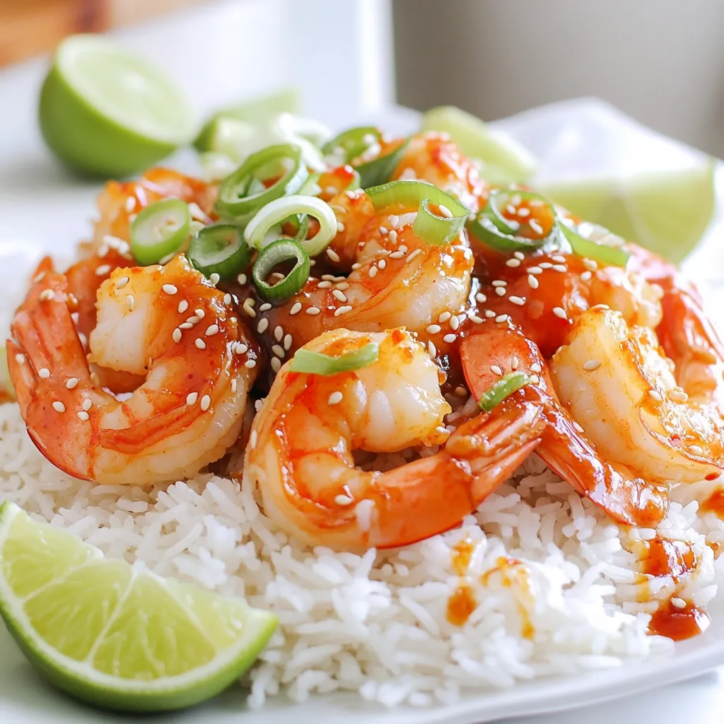 - 1 lb large shrimp, peeled and deveined - 1/4 cup sweet chili sauce - 2 tablespoons soy sauce - 1 tablespoon lime juice - 1 tablespoon sesame oil - 1 clove garlic, minced - 1 teaspoon grated ginger - 2 green onions, sliced - Sesame seeds for garnish - Cooked jasmine rice, for serving To make Minute Sweet Chili Shrimp, you need fresh, large shrimp. Start with one pound of shrimp that is peeled and deveined. This saves time and makes cooking easier. You will also need a mix of sauces and flavors. The sweet chili sauce adds a tasty balance of sweetness and heat. Use a quarter cup for the right blend. Soy sauce brings a rich, salty flavor, so grab two tablespoons. Lime juice gives a fresh, zesty kick. Just one tablespoon is enough. Next, you'll want some sesame oil. It adds a nice nutty taste, so one tablespoon works well. Don't forget the garlic! One clove, minced, gives a strong, savory note. Grated ginger adds warmth and spice, so use one teaspoon. For a pop of color and flavor, slice two green onions. These will add freshness to your dish. Finally, sesame seeds make a lovely garnish. They also add a bit of crunch. Serve your shrimp over cooked jasmine rice for a delightful meal. First, grab a medium bowl. Add the sweet chili sauce, soy sauce, lime juice, sesame oil, minced garlic, and grated ginger. Mix these ingredients well. This step blends the flavors together. It makes your shrimp taste amazing. Next, add the peeled and deveined shrimp to the bowl. Toss the shrimp in the marinade until they are fully coated. Let the shrimp sit in the marinade for about 5 minutes. Marinating is key. It helps the shrimp soak up those tasty flavors. Now, heat a large skillet or wok over medium-high heat. Wait until the pan is hot. This step is crucial for nice cooking. Add the shrimp, but be sure to discard any excess marinade. Cook the shrimp for about 2-3 minutes on one side. You will see them turn pink. Flip the shrimp over and cook for another 2 minutes. Do not overcook them, or they will get rubbery. Once the shrimp are fully cooked, remove the pan from heat. Stir in the sliced green onions for a fresh touch. To cook shrimp perfectly, watch for color changes. When shrimp turns pink, it’s ready. Overcooked shrimp can be tough and chewy. Aim for about 4-5 minutes total cooking time. Flip the shrimp halfway through to ensure even cooking. If you see them curling tightly, they are likely overcooked. This is a clear sign to remove them from heat. Garnishes make your dish pop. Sprinkle sesame seeds over the shrimp for crunch. Add sliced green onions for freshness and color. For a zesty touch, serve with lime wedges. The lime juice adds a burst of flavor when squeezed over the shrimp. Pair your Minute Sweet Chili Shrimp with jasmine rice. The rice absorbs the flavors well and balances the dish. You can also serve with steamed veggies for a healthy side. Broccoli or snap peas work nicely and add color to your plate. Enjoy this dish hot for the best taste! {{image_2}} To add some heat, try adding chili flakes or sriracha. You can start with a small amount, then adjust to your taste. This adds a nice kick. You can also change the amount of sweet chili sauce. Less sauce makes the dish less sweet and more spicy. You can find the right balance by experimenting. For a creamy twist, incorporate coconut milk. This adds a rich flavor and smooth texture. To do this, mix coconut milk with the marinade. As you cook, the sauce will become creamy. You might want to alter the cooking method, too. Simmer the shrimp in the sauce for a few extra minutes to deepen the flavor. Adding vegetables can make this dish even better. Try bell peppers, snap peas, or broccoli. You can toss them in the skillet with the shrimp. This not only adds color but also boosts nutrition. The veggies should cook quickly, so add them just a minute or two before the shrimp is done. To store leftover Minute Sweet Chili Shrimp, place it in an airtight container. This keeps the shrimp fresh and safe. You can store it in the fridge for up to three days. After that, the shrimp may spoil and lose flavor. Always check for any off smells or changes in texture before eating. When reheating shrimp, I recommend using a skillet over medium heat. Add a splash of water or broth to keep it moist. Stir gently to prevent overcooking. Shrimp cooks fast, so only heat for about 2-3 minutes. You want to warm it through without making it rubbery. If you have extra shrimp, freezing works too! Place it in a freezer-safe bag, removing as much air as possible. You can freeze it for up to three months. When ready to use, thaw shrimp in the fridge overnight. This keeps it safe and helps maintain flavor. Cooking sweet chili shrimp takes about 15 minutes from start to finish. You will spend 10 minutes prepping and marinating the shrimp. Then, cook the shrimp for 4 to 6 minutes in a hot skillet. This quick cooking time is key to keeping the shrimp tender and juicy. Yes, you can use frozen shrimp. Just make sure to thaw them first. To do this, place the shrimp in a bowl of cold water for about 15 to 20 minutes. Change the water halfway to speed up the thawing. Once thawed, peel and devein them if needed. This method keeps the shrimp fresh for cooking. If you don’t have sweet chili sauce, try these options: - Mix equal parts honey and soy sauce for a sweet and salty taste. - Use a blend of ketchup and hot sauce for a tangy kick. - Combine maple syrup with sriracha for a spicy-sweet twist. These substitutes can help you keep the flavor profile you want. In this article, we covered how to make delicious sweet chili shrimp, from ingredients to cooking tips. You learned about preparing the marinade and the importance of marination time. We discussed cooking methods, garnishing, and serving ideas. Don't forget to try variations, like adding coconut or extra veggies. Store your leftovers properly to keep them fresh. With these easy steps, you can enjoy a tasty meal any time. Now, get cooking and impress your family with this flavorful dish!